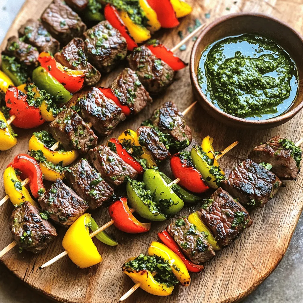 - 1 pound flank steak, cut into 1-inch cubes - 2 tablespoons olive oil - 1 teaspoon salt - 1/2 teaspoon black pepper - 1 red bell pepper, cut into 1-inch pieces - 1 yellow bell pepper, cut into 1-inch pieces - 1 small red onion, cut into wedges - Wooden or metal skewers - 1/2 cup fresh parsley, finely chopped - 1/4 cup fresh cilantro, finely chopped - 2 garlic cloves, minced - 1/2 teaspoon red pepper flakes (adjust for spice preference) - 1/4 cup olive oil - 2 tablespoons red wine vinegar substitute (or lemon juice) - 1/2 teaspoon salt - 1/4 teaspoon black pepper Gather these ingredients to create the perfect herb garden chimichurri steak skewers. Each item plays a vital role in the flavor. Flank steak forms the base, offering a rich and hearty taste. The olive oil adds moisture and promotes a nice sear when grilling. Salt and black pepper bring out the natural flavors of the meat. The colorful bell peppers and onion not only add crunch but also a pop of color. They enhance the visual appeal, which is crucial for any dish. For the chimichurri sauce, fresh herbs are key. Parsley and cilantro provide a bright, fresh taste. Garlic adds depth, while red pepper flakes offer a hint of heat. Olive oil binds everything together and creates a smooth sauce. Red wine vinegar or lemon juice gives that tangy kick, balancing the richness of the steak. These ingredients ensure your skewers are not just tasty, but also vibrant and attractive. Check out the Full Recipe for more detailed instructions. - Combine flank steak with 2 tablespoons olive oil, 1 teaspoon salt, and 1/2 teaspoon black pepper. - Toss until the steak is evenly coated. - Let marinate at room temperature for at least 20 minutes, or refrigerate for 1 hour. Marinating the steak makes it tender and full of flavor. I often let it sit longer for better taste. The olive oil helps the seasoning stick and adds richness. - Mix 1/2 cup fresh parsley, 1/4 cup fresh cilantro, 2 minced garlic cloves, and 1/2 teaspoon red pepper flakes in a bowl. - Add 1/4 cup olive oil, 2 tablespoons red wine vinegar, 1/2 teaspoon salt, and 1/4 teaspoon black pepper. - Stir until well combined, then set aside. Chimichurri sauce is bright and fresh. It adds a punch to your skewers. Letting it sit helps the flavors blend, making it even better. - Thread marinated steak cubes onto skewers. - Alternate with pieces of red bell pepper, yellow bell pepper, and red onion. - Leave space between each piece for even cooking. Assembling skewers is fun! You can mix colors and shapes. This not only makes them pretty but also adds different flavors. - Preheat your grill or grill pan over medium-high heat. - Lightly oil the grill grates to prevent sticking. - Grill skewers for about 8-10 minutes, turning occasionally. Check for doneness by cutting into the steak. Medium rare is about 130°F, while medium is closer to 140°F. These cooking times keep the steak juicy and make it perfect for serving. For the full recipe, check back to see all the details! For the best flavor, marinate your steak for at least 20 minutes. If you have time, let it sit in the fridge for up to 1 hour. This longer time allows the flavors to soak into the meat. When marinating, balance the salt, pepper, and oil well. Too much salt can overpower the dish, while too little leaves it bland. Set your grill to medium-high heat. This temperature allows the steak to sear nicely while cooking through. To keep the skewers from sticking, lightly oil the grill grates. You can also coat the skewers with a bit of oil before placing them on the grill. This simple step helps your skewers slide off easily when done. Serve your chimichurri steak skewers warm. Let them rest for a few minutes after grilling, so the juices stay inside. For a nice touch, add fresh herbs as a garnish. You can serve them with extra chimichurri sauce on the side for dipping or drizzling. Pair these skewers with grilled veggies, rice, or a refreshing salad for a complete meal. {{image_2}} You can swap steak for chicken, shrimp, or even hearty veggies. Each protein brings its own taste and texture. For chicken, marinate it for at least 30 minutes. Shrimp cooks quickly, so 15 minutes is enough. If using veggies, cut them into bite-sized pieces. Marinate veggies for about 20 minutes. This adds flavor and keeps them tender. Chimichurri is flexible! You can swap parsley for oregano or basil for a twist. Each herb gives a unique taste. Want more zing? Add some citrus, like lime or lemon juice. You can also increase the heat by adding more red pepper flakes or fresh chili. Adjust these to suit your taste buds. Don't stop at just meat and peppers! You can add zucchini, mushrooms, or cherry tomatoes for extra flavor. Each veggie adds color and crunch. Try making themed skewers, like Mediterranean with olives and feta, or Tex-Mex with corn and jalapeños. These tweaks make your skewers fun and exciting. For the full recipe, check out the linked details! To store leftover skewers, place them in an airtight container. This keeps them fresh. You can also wrap them in plastic wrap. Make sure they cool down first. In the fridge, they last about three days. If you want them to last longer, consider freezing. For reheating skewers, the best method is using the oven. Preheat the oven to 350°F. Place the skewers on a baking sheet. Cover them with foil to keep moisture in. Heat for about 10-15 minutes. You can also use a microwave. If using a microwave, place a damp paper towel over the skewers. This helps prevent drying. To keep the chimichurri fresh, store it separately. Store chimichurri sauce in a jar with a lid. In the fridge, it lasts up to a week. You can also freeze chimichurri. Pour it into ice cube trays and freeze. This way, you can use it later. Yes, you can freeze chimichurri steak skewers. First, make sure they are cool. Wrap each skewer in plastic wrap. Then, place them in a freezer bag. Squeeze out the air before sealing. They can last up to three months in the freezer. To thaw, take the skewers out of the freezer. Place them in the fridge overnight. You can also use the microwave if you need them fast. Just make sure to check for even thawing. Enjoy the flavors of your herb garden chimichurri steak skewers anytime! For the full recipe, refer back to the beginning. Chimichurri sauce is great for more than just steak skewers. You can use it on grilled chicken, fish, or veggies. It adds a fresh, zesty flavor to many dishes. You can even use it as a marinade or a dipping sauce. Try it on roasted potatoes or as a salad dressing. The options are endless! For best results, marinate steak for at least 20 minutes at room temperature. If you have more time, let it sit in the fridge for 1 hour. For strong flavor, marinate overnight. Just remember, the longer you marinate, the more intense the taste. Yes, you can make chimichurri in advance! It stays fresh for up to one week in the fridge. To keep the flavor strong, store it in an airtight container. Just make sure to stir it well before using. This way, you’ll enjoy the full taste when you serve it with your steak skewers. To grill steak skewers perfectly, preheat your grill to medium-high heat. Oil the grates lightly to prevent sticking. Place the skewers on the grill for 8-10 minutes. Turn them occasionally to cook evenly. For medium-rare, aim for an internal temperature of about 130°F. Always let the skewers rest a few minutes after grilling to keep the juices inside. Steak skewers offer a tasty and fun way to enjoy grilling. We covered the essential ingredients, marinated the steak, and created a fresh chimichurri sauce. Grilling tips helped ensure perfectly cooked skewers. You can also customize recipes with different proteins and veggies. Remember to store leftovers properly to keep them fresh. With so many ways to enjoy this dish, I encourage you to get creative. Happy grilling!