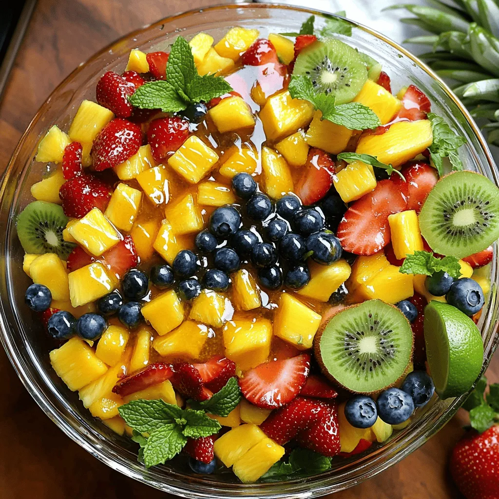 - Pineapple: 1 cup, diced - Strawberries: 1 cup, hulled and sliced - Kiwi: 1 cup, peeled and sliced - Blueberries: 1 cup - Mango: 1 cup, diced - Fresh mint leaves: 1 tablespoon, chopped - Honey: 3 tablespoons - Lime juice: 2 tablespoons - Lime zest: Zest of 1 lime Fruits are packed with vitamins and minerals. They help you stay healthy and energized. Each fruit brings its own benefits. Pineapple has bromelain, which aids digestion. Strawberries are high in vitamin C, great for your skin. Kiwi is rich in vitamin K, good for bone health. Blueberries are known for antioxidants, supporting brain health. Mango adds vitamin A, which helps your eyesight. Mint is refreshing and can aid digestion too. Honey adds natural sweetness. It has antioxidants and may soothe your throat. Lime juice is refreshing and high in vitamin C. It helps absorb iron from fruits. The combination of honey and lime gives flavor and health benefits. This salad not only tastes great but also boosts your health. To enjoy this delightful mix, check out the Full Recipe. To start, gather your fresh fruits. I love using pineapple, strawberries, kiwi, blueberries, and mango. 1. Pineapple: Cut the top and bottom off. Stand it upright and slice off the skin. Cut the flesh into small, bite-sized cubes. 2. Strawberries: Remove the green tops. Slice the strawberries into thick pieces. 3. Kiwi: Cut off both ends. Use a spoon to scoop out the green flesh. Slice it into rounds. 4. Blueberries: These are easy! Just rinse them well under cold water and set them aside. 5. Mango: Stand the mango upright. Cut along the pit to get two large pieces. Peel the skin and dice the flesh. Mix all the diced fruits in a large bowl. This colorful mix makes your salad look great! Now, let’s make the dressing. This part is simple and quick. 1. In a small bowl, take three tablespoons of honey. I prefer clover or wildflower honey for their light flavor. 2. Squeeze in two tablespoons of fresh lime juice. Roll the lime on the counter first to get more juice. 3. Add the zest from one lime to the bowl. This gives a nice aroma and flavor. Whisk everything together until it’s smooth. Set it aside for a moment. Next, it’s time to bring everything together. 1. Pour the honey lime dressing over the fruit mix. 2. Gently toss the fruit with the dressing. Be careful not to mash the fruit. 3. Add one tablespoon of chopped fresh mint leaves. This gives your salad a fresh taste. Let the salad sit for about 10 minutes. This will help the flavors blend well. Enjoy your fresh fruit salad with honey lime dressing! For the complete recipe, check out the Full Recipe. To boost flavor in your fruit salad, add fresh herbs. Mint is a great choice. It pairs well with sweet fruits. You can also use basil for a unique twist. If you want more fruit, try adding peaches or raspberries. They add sweetness and color. Serving your salad in a fun way is easy. Use a large bowl to show off the colors. You can also use clear cups for individual servings. This makes it look fancy. Don’t forget to garnish with extra mint leaves. A lime wedge on the side adds a nice touch. For the best taste, chill the salad for at least 10 minutes. This allows the flavors to mix well. You can prepare it ahead of time, but don’t chill it for too long. Serve it fresh for the best experience. Enjoy it on a hot day or as a light dessert. Check the [Full Recipe] for more details. {{image_2}} You can create a tropical fruit medley by adding other fruits. Try including papaya or passion fruit for new flavors. These fruits blend well with the honey lime dressing. You can also use coconut flakes for a fun texture. Just chop them finely and mix them in. This twist makes your salad taste like a beach getaway! For a berry blast version, swap in different berries. Blackberries, raspberries, and even strawberries work great. Mix them in with the blueberries for added color and taste. Berries are sweet and add a burst of juice. You can even mash some berries for a thicker dressing. This version is perfect for berry lovers! Citrus fruits can brighten your salad. Add slices of orange or grapefruit to give it a zesty kick. Both fruits pair well with honey and lime. Their juice adds a refreshing twist. Cut them into small pieces so they mix well with the other fruits. This will enhance the flavor and make your salad pop! For the full recipe, visit the [Full Recipe]. To keep your fruit salad fresh, store it in an airtight container. Place it in the fridge right after serving. This helps maintain its crispness and flavor. The salad will stay fresh for about 2 days. After that, the fruits may start to lose their texture. If you see any browning, scoop out those pieces before serving. Can you freeze fruit salad? Yes, but it may change the texture. Some fruits, like strawberries and kiwi, can get mushy after freezing. If you want to freeze it, only freeze the fruits that hold up well, like pineapple and blueberries. Cut them into small pieces and place them in a freezer-safe bag. Use them within a month for the best taste. When you're ready to serve the salad after storage, take it out of the fridge. If it's been frozen, let it thaw in the fridge overnight. Once thawed, gently mix it to combine the flavors again. You may want to add a splash of fresh lime juice to brighten it up. Serve it cold for a refreshing treat. Enjoy your colorful and tasty fruit salad! For the complete recipe, check out the Full Recipe section above. You can make the honey lime dressing ahead of time. Just mix the honey, lime juice, and lime zest in a jar. Seal it tightly and store it in the fridge. It will stay fresh for about a week. Before using, give it a good shake. This helps mix any ingredients that may have settled. While you can use frozen fruit, I prefer fresh. Fresh fruit tastes better and has a nice crunch. Frozen fruit can be mushy after thawing. If you choose frozen, let it thaw completely. Drain any extra juice to keep your salad from getting soggy. Fresh fruit brings bright flavors and a great texture to this salad. Yes, this recipe is great for meal prep. You can chop the fruit a day in advance. Store it in an airtight container in the fridge. The salad lasts up to three days, but some fruits may brown. To keep it fresh, add the honey lime dressing just before serving. This way, your salad stays colorful and tasty. To make your fruit salad last longer, choose ripe fruit that is firm. Avoid overripe fruit, as it spoils quickly. To prevent browning, use an acid like lime juice on fruits like apples and bananas. Mixing the fruits gently helps keep them intact. Store the salad in a sealed container in the fridge for freshness. Enjoy this refreshing dish from the Full Recipe. This blog post covered how to create a fresh fruit salad with honey lime dressing. You learned about the ingredients, step-by-step preparation, and tips for enhancing flavor. Nutritional benefits show how these fruits boost health. Remember, you can add your favorite fruits or herbs for a personal touch. Store leftovers properly to keep them fresh for longer. With these ideas, you can enjoy a delicious and healthy salad anytime. Keep experimenting, and make this salad a family favorite!