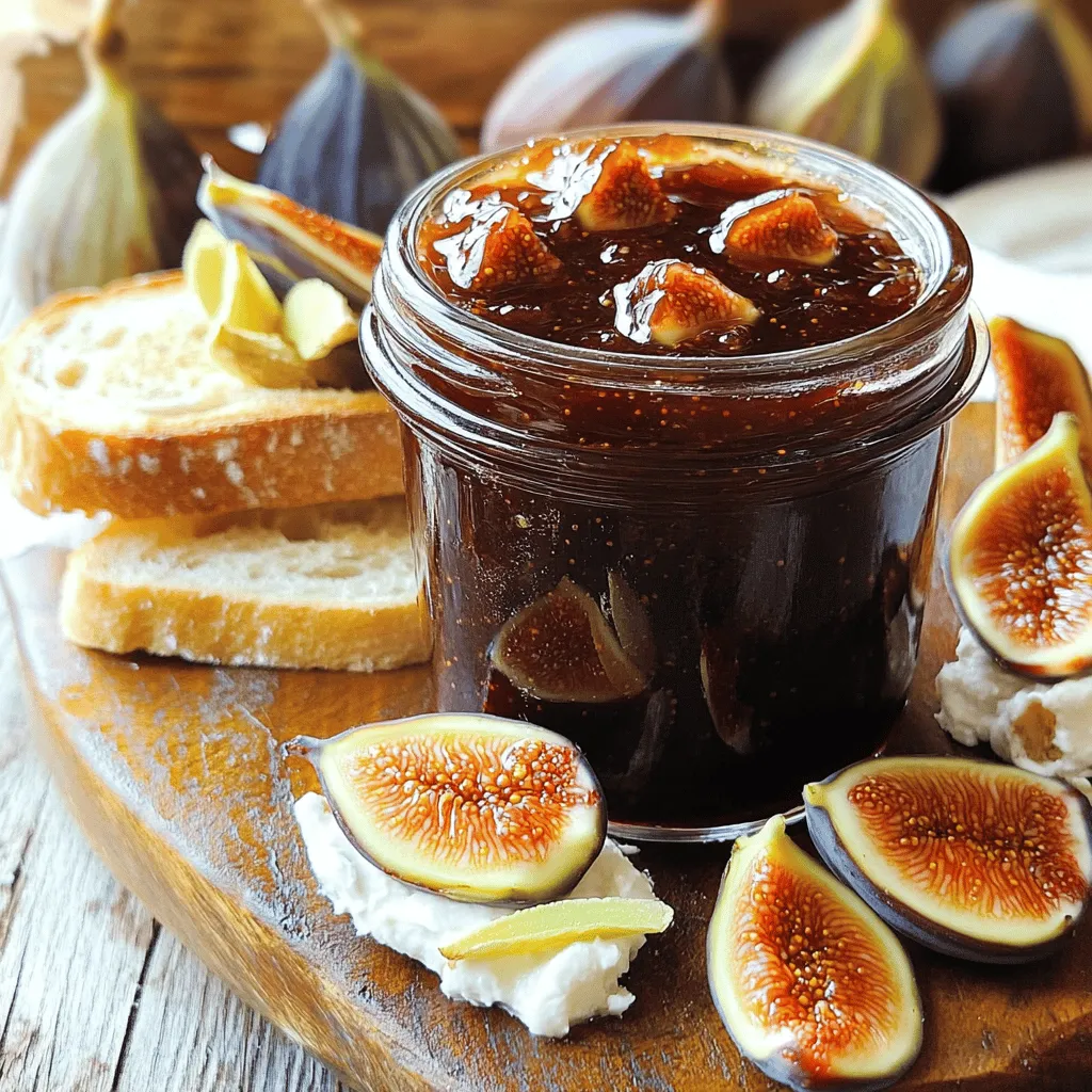 - Fresh Figs: You need 2 pounds of fresh figs. Remove the stems and chop them into small pieces. This helps them cook evenly and break down during the process. - Sugar: Use 1 cup of granulated sugar. Sugar helps sweeten the figs and aids in the jamming process. It draws out moisture and creates the right texture. - Additional Flavorings: - Lemon Juice: Add 1 tablespoon for brightness. Lemon juice adds a nice tang and helps balance the sweetness. - Fresh Ginger: Grate 1 tablespoon to bring warmth. Ginger adds a subtle spice that pairs well with figs. - Vanilla Extract: Use 1 teaspoon for depth. Vanilla enhances the overall flavor profile and makes the jam taste richer. - Pinch of Salt: Just a small amount rounds out the flavors. Salt helps to elevate the sweetness and balance the taste. With these ingredients, you're all set to create a delicious fig jam. Follow the [Full Recipe] for complete instructions. First, gather your ingredients. You need fresh figs, sugar, lemon juice, grated ginger, vanilla extract, and a pinch of salt. Place the chopped figs in a large pot. Add the sugar, lemon juice, ginger, vanilla, and salt. Stir to mix everything well. Now, let the mixture sit for about 30 minutes. This resting time helps the figs release their juices. You will see the sugar dissolve and create a syrupy base. This step is key for rich flavor in your jam. Next, turn the heat to medium. Bring the mixture to a gentle boil. Stir frequently to stop it from sticking to the pot. This is very important; if you don’t stir, your jam can burn at the bottom. After it starts boiling, reduce the heat to low. Let it simmer for about 45 minutes. Keep stirring every now and then. The jam will start to thicken, and the figs will break down. You want it to look thick and spreadable. To check if your fig jam is ready, use the cold plate test. Take a spoonful of jam and place it on a cold plate. Run your finger through it. If it holds its shape, it is done. If it runs back together, let it cook a bit longer. Look for signs that your jam is ready: it should be thick and glossy. Make sure to remove it from the heat right away when it is done. Making fig jam can be simple, but some mistakes can spoil your effort. Here are two common pitfalls: - Overcooking or undercooking the jam: If you cook it too long, the jam may turn hard. You want it thick but spreadable. If you don’t cook long enough, it stays runny. Aim for about 45 minutes of simmering. - Skipping the resting period: Always let your fig mix sit for 30 minutes before cooking. This step helps the figs release their juices, which is vital. If you skip it, your jam may lack flavor and texture. You can easily boost the flavor and texture of your fig jam. Consider these ideas: - Suggested spices or additional ingredients: Try adding a pinch of cinnamon or a splash of orange juice. These flavors mix well with figs. You can also use nutmeg for warmth. - Adjusting sweetness levels: If you like your jam sweeter, add more sugar. Taste the mix before cooking to find your perfect level. Alternatively, use less sugar for a more tart flavor. Just remember, sugar helps with the jam’s texture too. For more details, check out the Full Recipe for fabulous fig jam! {{image_2}} You can make your fig jam even better by mixing in other fruits. Apples and pears work great. They add a nice crunch and sweetness. You can also try spices to boost the flavor. Nutmeg and cinnamon add warmth. A pinch can change the whole taste. Get creative! If you want a twist, swap sugar for honey or maple syrup. Both will add a unique taste. You can also change the sugar amounts in the recipe. This lets you control how sweet your jam will be. Adjusting the sweetness can lead to amazing results. Enjoy experimenting! To keep your fig jam fresh, use clean, sterilized jars. After filling the jars, seal them tightly. If you plan to eat the jam soon, store it in the fridge. This way, it stays fresh for up to three weeks. If you want to save it longer, you can can the jam. Canning helps keep it safe for up to a year. Just be sure to follow safe canning methods. In the fridge, your homemade fig jam lasts about three weeks. If you can it correctly, it can last for up to one year. Watch for signs of spoilage. If you see mold, throw it away. A strange smell or change in color also means it's time to discard the jam. Always trust your senses. If it doesn't seem right, it's best to be safe. To thicken your fig jam, you can use several methods. First, cook it longer. This allows more water to evaporate. Second, add common thickening agents like pectin or cornstarch. Pectin is a natural substance found in fruits. You can buy it in stores. Just follow the package instructions for the right amount. Cornstarch needs to be mixed with water before adding it to the jam. Always stir well to avoid lumps. If your jam is still thin, try mashing the figs more. This breaks them down and helps it thicken. Remember, patience is key when making jam! Yes, you can use dried figs, but you need to make some changes. First, soak the dried figs in warm water for about an hour. This softens them and makes them easier to cook. After soaking, chop them into small pieces. Use less sugar since dried figs are sweeter. A good rule is to reduce sugar by about one-third. This way, your jam won’t be too sweet. Homemade fig jam pairs well with many foods. Here are some tasty suggestions: - Toast or Bagels: Spread it on your morning toast or bagel. - Cheese: Serve it with cream cheese, goat cheese, or brie. - Meats: Use it as a glaze for meats like pork or chicken. - Desserts: Add it to ice cream or yogurt for a sweet treat. Feel free to explore these pairings. You’ll find that fig jam adds a unique flavor to many dishes! For the full recipe, refer to the earlier section. Making homemade fig jam is simple and fun. You learned about essential ingredients like fresh figs, sugar, and flavors. I guided you through preparing, cooking, and testing for doneness. Tips helped you avoid common mistakes and encouraged creativity with variations and storage. Now, you can make delicious fig jam at home. Enjoy the rewards of your effort with every tasty bite!
