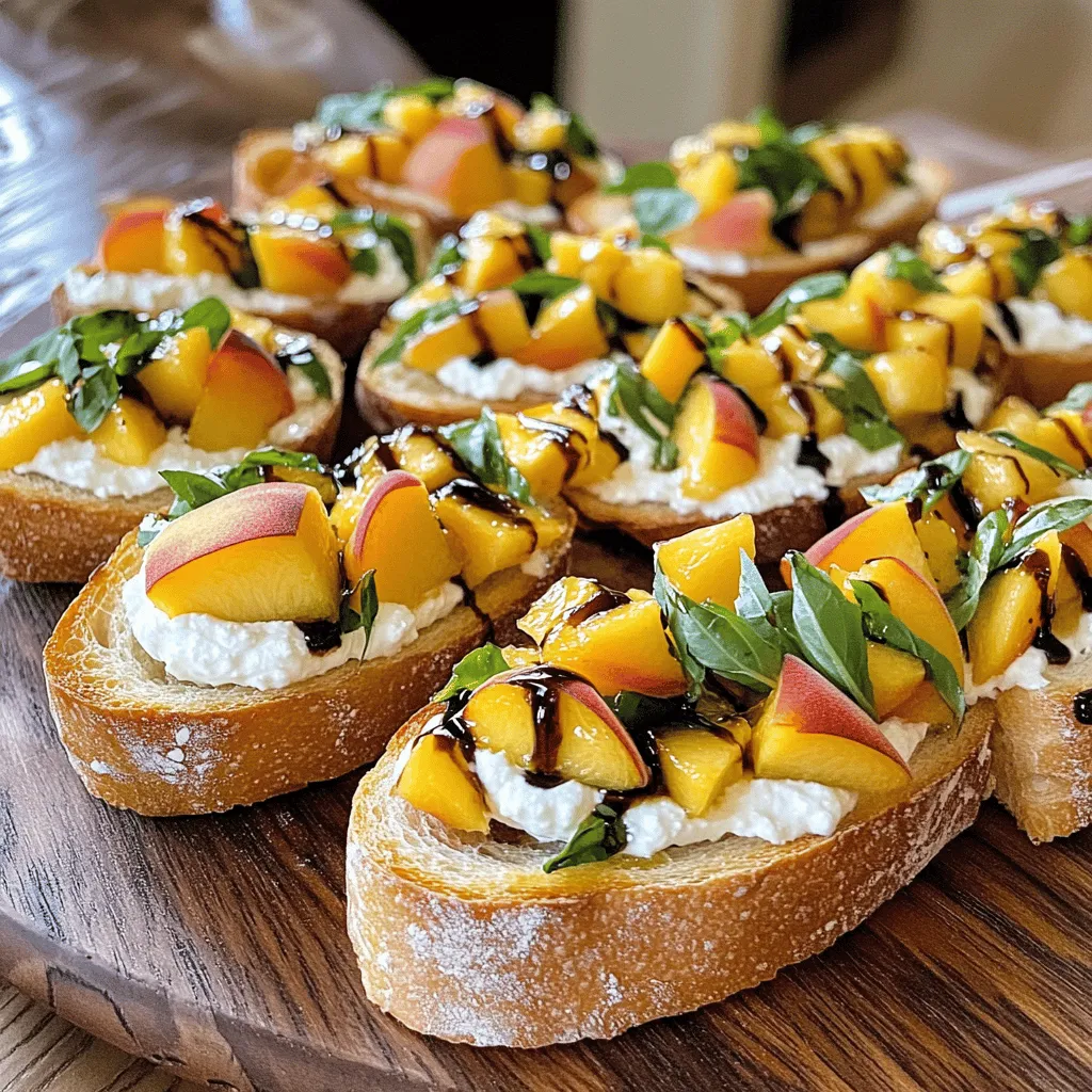 To make Peach Bruschetta with Whipped Ricotta, gather these items: - 1 baguette, sliced into 1/2-inch thick pieces - 3 ripe peaches, diced - 1 cup ricotta cheese - 1 tablespoon honey - 1 tablespoon lemon juice - 2 tablespoons fresh basil, finely chopped - Salt and pepper to taste - Balsamic glaze for drizzling When choosing peaches, look for ones that are firm but slightly soft. The color should be rich and vibrant. Check for a sweet scent, which means they are ripe. Avoid peaches with bruises or blemishes. If they are not ripe, leave them at room temperature for a few days. Once ripe, store them in the fridge to keep them fresh. If you need a substitute for ricotta cheese, try cottage cheese or cream cheese. Both options work well and add creaminess. For a lighter choice, use Greek yogurt. Each substitute changes the flavor slightly but still tastes great. You can mix in a bit of honey or lemon juice to enhance the taste. To start, gather your ingredients for the ricotta mix. In a medium bowl, add 1 cup of ricotta cheese, 1 tablespoon of honey, and 1 tablespoon of lemon juice. Use a whisk or a fork to mix them together. You want this to be smooth and creamy. Taste it and add a pinch of salt and pepper. This will bring out the flavors. Set the bowl aside for now. Next, let’s toast the baguette. Preheat your oven to 400°F (200°C). Take your baguette and slice it into pieces about 1/2-inch thick. Lay the slices on a baking sheet. Brush each slice lightly with olive oil. This adds flavor and helps them crisp up. Place the baking sheet in the oven for about 5 to 7 minutes. Keep an eye on them until they turn golden brown and crispy. Now, it’s time to mix the peaches. Take 3 ripe peaches and dice them into small pieces. In a separate bowl, toss the diced peaches with 2 tablespoons of finely chopped fresh basil. Add a pinch of salt and a bit of pepper to taste. This mix will add a fresh burst of flavor. Now you are ready to put everything together. For the full recipe, check out the instructions above. First, you need to spread the ricotta. Take the smooth, whipped ricotta mixture from your bowl. Use a butter knife or a small spatula. Grab a toasted baguette slice and cover it with a generous layer of ricotta. Make sure to reach the edges. This creamy base helps hold the peaches. Next, it's time for the peach mixture. Take your diced peaches and basil blend. Spoon this mixture onto the ricotta-covered baguette. Spread it evenly over the ricotta. The sweet peaches and fresh basil create a delightful flavor. Each bite should burst with freshness. Finally, add the balsamic glaze. Grab your bottle and drizzle it over the top of each bruschetta. This adds a sweet and tangy touch. It balances the creaminess of the ricotta and the sweetness of the peaches. Now, your peach bruschetta with whipped ricotta is ready! Enjoy it fresh for the best taste. For the full recipe, check out the instructions above. {{image_2}} To get the best toast, use fresh baguette slices. Brush each slice with olive oil. Make sure to preheat your oven to 400°F (200°C). Place the slices on a baking sheet. Bake for about 5 to 7 minutes. You want them golden brown and crispy. Keep an eye on them to avoid burning. Perfectly toasted bread gives a great base for the toppings. Seasoning is key for great flavor. Use a pinch of salt and pepper in the ricotta. This brings out the creaminess of the cheese. For the peach mixture, add salt and pepper too. This helps balance the sweetness of the peaches. You can also add fresh herbs like basil. These herbs enhance the taste and freshness of your dish. Make your bruschetta look as good as it tastes. Use a nice platter to arrange the pieces. Drizzle balsamic glaze over the top for a shiny finish. You can also sprinkle some extra basil leaves for color. The contrast of colors makes the dish more appealing. A well-presented plate makes the meal feel special. For the full recipe, check out the detailed steps above. You can swap peaches for other fruits. Try ripe nectarines or juicy plums. Both fruits add a sweet touch. In fall, apples work well. They bring a nice crunch. Use pears for a gentle flavor. Each fruit will change the taste, making it unique. For a heartier option, add proteins or nuts. Chopped prosciutto gives a savory kick. Crumbled bacon adds a smoky flavor. You can also sprinkle toasted almonds or walnuts for crunch. These add texture and richness to each bite. Just remember to keep the flavor balance in mind. Ricotta is creamy and mild, but you can explore other cheeses. Goat cheese offers a tangy twist. Cream cheese can give a rich texture, too. For a sharper flavor, use feta. Each cheese brings its own charm. Mix and match based on your taste preferences. For the full recipe, check out Peach Bliss Bruschetta. It's a delightful treat you’ll love! Store any leftover peach bruschetta in an airtight container. Place it in the fridge. The bread will get soft over time, but the flavors will still be great. You can eat it cold, but I prefer to reheat it. To reheat, place the bruschetta in a 350°F oven for a few minutes. This will help revive the crispiness. Yes, you can prepare the whipped ricotta and mix the peaches ahead of time. Store them separately in the fridge. I recommend toasting the baguette just before serving. This keeps it crispy and fresh. You can assemble the bruschetta right before your guests arrive. It will taste best that way. What can I use instead of peaches? You can use other fruits like nectarines or strawberries. They add a nice twist. How long does the whipped ricotta last? The whipped ricotta lasts about three days in the fridge. Just make sure it stays covered. Can I use store-bought ricotta? Yes, store-bought ricotta works well. Just whip it up with honey and lemon juice for flavor. Is this recipe good for parties? Definitely! It’s simple to make and looks great on a platter. Guests will love it. For the full recipe, reference the Peach Bliss Bruschetta. This blog post highlights how to make delicious peach bruschetta using fresh peaches and ricotta cheese. You learned about selecting the best peaches and how to prepare the ricotta. We covered step-by-step directions for toasting the baguette and mixing the peach filling. In my final thoughts, remember to balance flavors and try different toppings. Enjoy experimenting with seasonal fruits or various cheeses. Store any leftovers properly to keep them fresh. Enjoy your peach bruschetta and impress your friends and family!