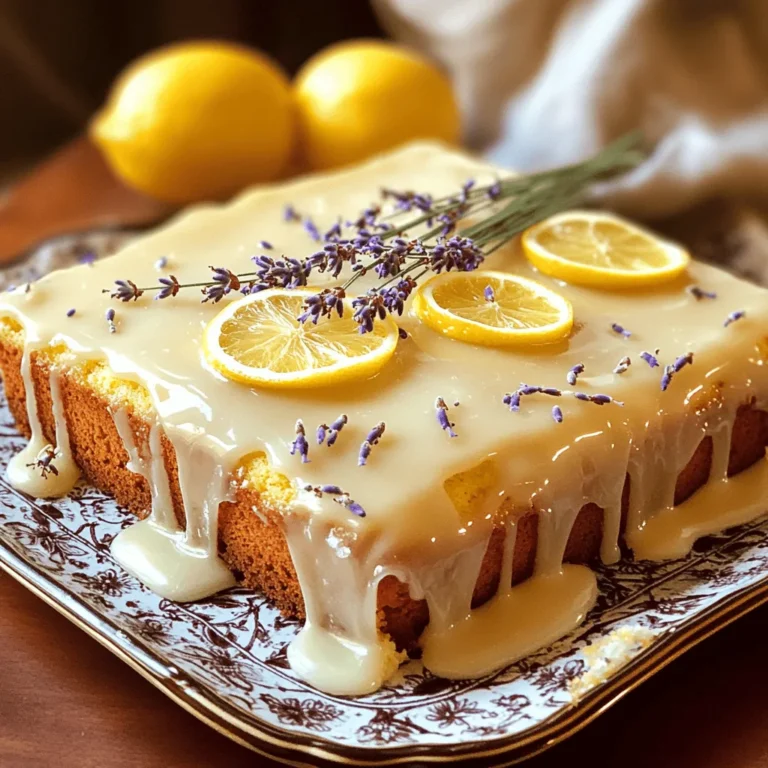 For a successful lemon lavender sheet cake, you need simple, fresh items. Here’s what you will need: - 2 cups all-purpose flour - 1 ½ cups granulated sugar - ¾ cup unsalted butter, softened - 4 large eggs - 1 cup buttermilk - 1 tablespoon dried culinary lavender - 1 tablespoon lemon zest - ½ cup lemon juice (freshly squeezed) - 2 teaspoons baking powder - ½ teaspoon baking soda - ½ teaspoon salt The flour gives structure, while sugar adds sweetness. Butter makes the cake rich. Eggs help with rise and moisture. Buttermilk adds a slight tang and keeps the cake soft. Dried lavender brings a unique floral note, making it special. The glaze is the fun part! It adds shine and flavor. Gather these items: - 2 cups powdered sugar - 3 tablespoons lemon juice - 1-2 teaspoons water (as needed) - Extra dried lavender for garnish (optional) The powdered sugar forms the base of the glaze. Lemon juice brightens it and adds flavor. Water adjusts thickness. If you want, sprinkle some extra lavender on top for a lovely touch. You can find the full recipe [here](Full Recipe). This cake is a treat that brings sunshine to any table! First, you need to preheat your oven. Set it to 350°F (175°C). This step is key to getting a nice rise on your cake. While the oven heats, grab your 13x9 inch baking pan. Grease it well with butter or cooking spray. Then, sprinkle some flour over the greased surface. Shake the pan to coat it evenly. This helps your cake come out easily after baking. Next, we’ll mix the batter. Start by combining the dry ingredients. In a medium bowl, whisk together the flour, dried lavender, baking powder, baking soda, and salt. This is where the magic begins! Set this bowl aside for now. Now, in a large bowl, cream the softened butter with the granulated sugar. Use an electric mixer for about 3 to 5 minutes. You want it to be light and fluffy. Once that’s done, add the eggs one by one. Mix well after each egg. Then, add the lemon zest and lemon juice. Mix until just combined. Gradually add the dry mixture to the wet mix. Alternate with the buttermilk. This keeps the batter creamy. Be careful not to overmix. Just stir until you see no more flour. Pour the batter into your prepared pan. Smooth the top with a spatula. Bake in your preheated oven for 25 to 30 minutes. To check for doneness, insert a toothpick into the center. If it comes out clean, your cake is ready! Once it’s baked, let the cake cool in the pan for about 10 minutes. Then, transfer it to a wire rack. Let it cool completely before glazing. Now for the glaze! In a medium bowl, whisk together the powdered sugar and lemon juice. If it feels too thick, add water a teaspoon at a time. You want it to be drippy, not runny. Once your cake is cool, pour the glaze over the top. Let it drip down the sides for that beautiful effect. If you like, add extra dried lavender on top for a lovely touch. For the full recipe, check out the section above. - How to avoid overmixing the batter: Mix the wet and dry ingredients until just combined. Overmixing can make your cake tough. Use a spatula to fold ingredients together gently. - Ensuring even baking and preventing dryness: Spread the batter evenly in the pan. Use an oven thermometer to check the temperature. Baking at the right heat helps the cake rise evenly and stay moist. - Importance of room temperature ingredients: Make sure your butter and eggs are at room temperature. This helps them mix better and creates a light texture in the cake. - Achieving the perfect drippy consistency: Mix the powdered sugar and lemon juice well. Add water slowly until the glaze drips smoothly off a spoon. Test it to get just the right flow! - Techniques for an aesthetically pleasing glaze: Pour the glaze in the center of the cake. Let it spread towards the edges. This creates a lovely drippy effect. You can also use a spoon to nudge the glaze for a controlled drizzle. - Optional touches like additional garnishes: Sprinkle extra dried lavender on top for a pop of color and flavor. You can also add lemon slices around the cake for a fresh look. For the full recipe of this delightful treat, check out the [Full Recipe]. {{image_2}} You can change the flavor of this cake easily. Try using orange zest instead of lemon zest. The citrus flavor will give a nice twist. You can also swap lavender for chamomile. Chamomile adds a gentle floral taste. If you want something different, use rosemary or thyme. Both herbs can add a savory touch. You can also play with extracts. Instead of vanilla, try almond or lemon extract. A few drops can change the cake's flavor. Just remember to keep the balance right. Too much extract can overpower the cake. If you need a gluten-free cake, there are options. You can use a gluten-free flour blend instead of all-purpose flour. Make sure it has a good structure for baking. Look for blends that include xanthan gum for best results. For a vegan version, you can swap eggs and butter. Use flaxseed meal mixed with water as an egg substitute. Mix one tablespoon of flaxseed with three tablespoons of water. Let it sit for a few minutes until it thickens. For butter, use coconut oil or a vegan butter alternative. This will keep the cake moist and tasty. Check out the Full Recipe for more details on ingredients and instructions. To keep your lemon lavender sheet cake fresh, you have two main options: room temperature or fridge. If you plan to eat it within a couple of days, store it at room temperature. Just make sure to cover it well. You can use foil or plastic wrap. For longer storage, put it in the fridge. An airtight container works best here. This helps keep the cake moist and prevents it from absorbing other smells from the fridge. If you have leftover cake, freezing is a great option. Start by cutting the cake into squares. Wrap each piece in plastic wrap tightly. Then place them in a freezer bag or container. This keeps the cake fresh for up to three months. When you want to enjoy your cake again, thaw it in the fridge overnight. This helps maintain its texture. You can also let it sit at room temperature for a few hours. Just avoid using the microwave, as this can make the cake dry. For the full recipe, check out the Lemon Lavender Sheet Cake with Drippy Glaze. What can I substitute for buttermilk? You can use plain yogurt or milk mixed with lemon juice. For every cup of buttermilk, mix one cup of milk with one tablespoon of lemon juice. Let it sit for five minutes. This will create a similar tangy flavor. How long does the cake stay fresh? The lemon lavender sheet cake stays fresh for about three days at room temperature. If you store it in the fridge, it can last up to a week. Just make sure to cover it to keep it moist. Can I use fresh lavender instead of dried? Yes, you can use fresh lavender! Use three times the amount of fresh lavender as dried. Fresh lavender has a milder flavor, so taste as you go. Why did my cake sink in the middle? If your cake sinks, it may be due to overmixing the batter or not baking long enough. Always mix just until combined. Also, ensure your oven is at the right temperature. Tips for a more lemony flavor? Add more lemon zest or a little extra lemon juice to the batter. You can also add a pinch of lemon extract for a stronger flavor. How do I know when the cake is done? Insert a toothpick into the center of the cake. If it comes out clean or with a few crumbs, the cake is done. If there is wet batter on the toothpick, bake it a little longer. This cake recipe brings together simple ingredients and clear steps. You learned about key components like flour, sugar, eggs, and lavender. I shared tips to help you mix and bake perfectly. The glaze adds a lovely finish, while variations let you explore flavors. Proper storage keeps your cake fresh for longer. With this knowledge, you can create a delightful treat at home! Enjoy experimenting and making it your own. Happy baking!