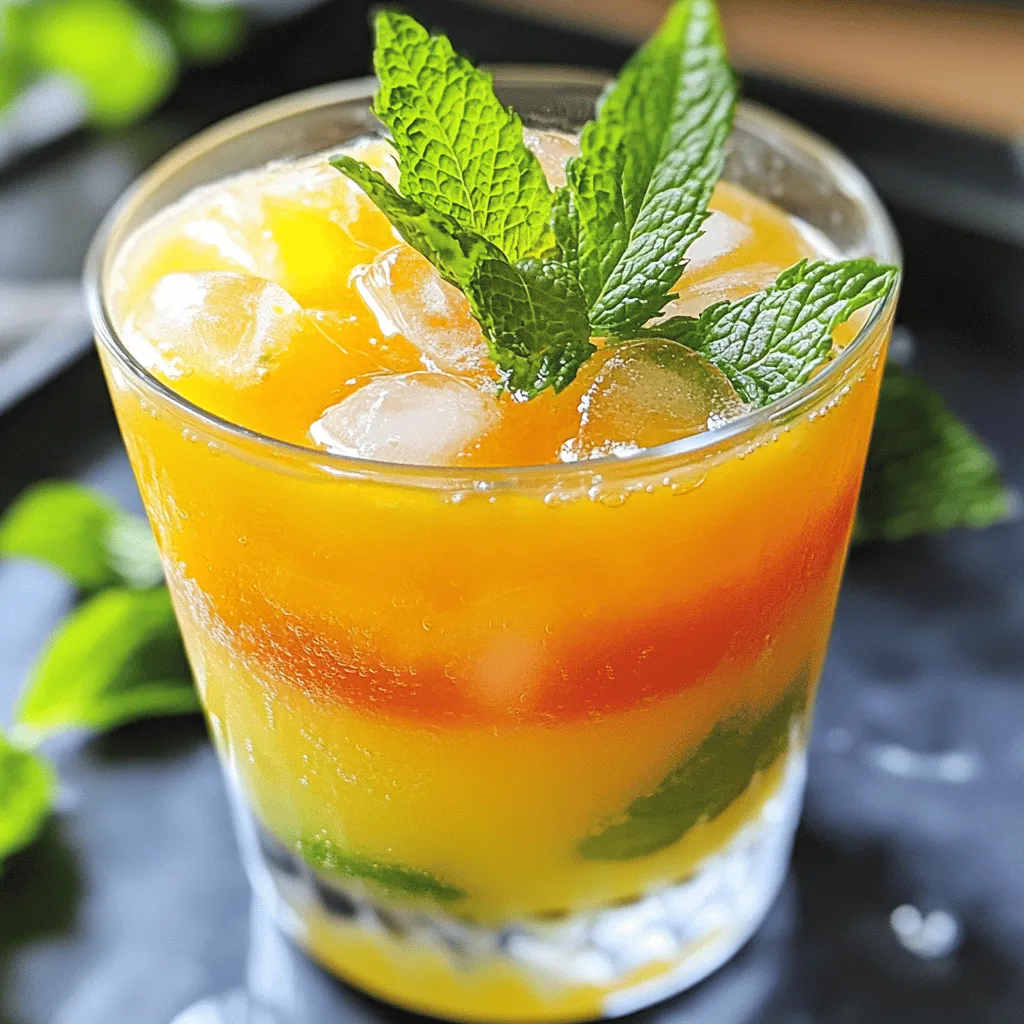 - Ripe peaches - Freshly squeezed lemon juice - Sweetener options For this recipe, you want ripe peaches. They should feel soft but not mushy. Freshly squeezed lemon juice is key for a bright taste. You can use honey or agave syrup as sweeteners. Adjust the amount based on how sweet you like your drink. - Fresh mint leaves - Sliced peaches Garnishes add a nice touch. Fresh mint leaves give a cool flavor. Sliced peaches look pretty and taste great, too. - Blender - Large pitcher - Glasses for serving You will need a blender to make the peach puree. A large pitcher helps mix everything well. Finally, get some glasses ready for serving. For the full recipe, check the Peachy Citrus Splash section. To start, take four ripe peaches. Peel and dice them into small pieces. Next, place the diced peaches in a blender. Add half a cup of cold water to help blend smoothly. Blend until you reach a smooth peach puree. This will be the sweet base of your drink. You want it to be creamy but not too thick. If it feels too thick, add a touch more water and blend again. In a large pitcher, pour in one cup of freshly squeezed lemon juice. This is about four to five lemons, depending on their size. Next, add half a cup of honey or agave syrup. Stir well until the sweetener fully dissolves in the lemon juice. Now, pour the peach puree into the pitcher. Mix everything together until you get a lovely peachy color. Finally, add three and a half cups of cold water. Stir again and taste. If you like it sweeter, add more honey or agave. To serve, fill your glasses with ice cubes. Pour the peach lemonade over the ice to keep it cool. For a nice touch, garnish each glass with fresh mint leaves. This adds a pop of color and a hint of fresh flavor. Use tall glasses to show off the beautiful peach color. Enjoy your refreshing summer beverage! To make peach lemonade, start with ripe peaches. Look for peaches that are slightly soft to the touch and fragrant. A yellow or golden hue often indicates ripeness. Avoid peaches with green spots, as they may not be sweet. If you can’t find fresh peaches, consider using canned peaches or frozen peach slices as substitutes. Taste your lemonade as you go. If it’s too tart, add more sweetener. Honey and agave syrup work well, but you can also use sugar or a sugar substitute. If you want a sugar-free option, try using stevia or monk fruit sweetener. These options keep the drink sweet without the calories. You can boost the flavor of your peach lemonade by adding herbs. Fresh mint or basil makes a great choice. You could also try a pinch of cinnamon or ginger for a unique twist. For pairing, serve your peach lemonade with light snacks like cheese platters or fresh fruit. This balance enhances the refreshing taste of the drink. {{image_2}} You can make peach lemonade more fun with some alcohol. Try adding vodka for a light touch. Rum adds a tropical vibe, too. For a sweet twist, use peach schnapps. Mix these with your lemonade for a tasty drink. Pair your peach lemonade with fresh mint or basil for extra flavor. Want a healthier take? Use natural sweeteners like stevia or monk fruit. These options keep your drink sweet without added calories. You can also try using flavored sparkling water instead of plain water. This change gives a fun fizz while keeping it light. Mix in other fruits to change up your drink. Strawberries or raspberries are great options. They add color and flavor. You can even try seasonal fruits like watermelon in summer. Just blend them into your peach puree for a tasty twist. Check out the Full Recipe for more ideas. To keep your peach lemonade fresh, store it in the fridge. Use a clean pitcher or jar with a lid. This helps prevent spills and keeps out odors. Make sure it is tightly sealed. You can store homemade peach lemonade for up to five days. After that, it may lose its taste and freshness. Look for signs of spoilage. If it smells sour or looks cloudy, it’s time to toss it. If you want to save some for later, you can freeze peach lemonade. Pour it into ice cube trays or a freezer-safe container. Leave space at the top for expansion. When you are ready to enjoy, thaw it in the fridge overnight. Stir well before serving, and add ice for that chill. Peach lemonade offers many health benefits. It is rich in vitamins. Peaches are full of vitamin C and A. Lemon juice adds more vitamin C. This drink can help boost your immune system. - Nutritional information: One glass of peach lemonade has about 90 calories. It contains natural sugars from peaches and honey. This drink can hydrate you on hot days. - Antioxidant properties: Peaches are high in antioxidants. They help fight free radicals in your body. A glass of peach lemonade can help support skin health as well. Yes, you can make peach lemonade ahead of time. It keeps well in the fridge for a few days. Just follow these best practices. - Best practices for pre-made lemonade: Store your peach lemonade in a sealed pitcher. This keeps it fresh and prevents it from absorbing other odors. Stir before serving to mix the flavors. You can find peach lemonade at many local stores. Look for it in the juice aisle. Some brands make great options. - Recommendations for brands and stores: Brands like Simply and Minute Maid offer good choices. You can also check farmer’s markets for fresh options. - Online options: Sites like Amazon often have various brands. You can also find specialty peach lemonade on local delivery apps. Making peach lemonade is simple and fun. You learned about fresh ingredients like ripe peaches and lemon juice. Adding the right garnishes, like mint, brings extra flavor. Using a blender is key for the perfect puree. Feel free to try variations, including spiked versions, if you like. Remember to store in the fridge and watch for spoilage. This drink is not just tasty; it is healthy too. Enjoy sharing this refreshing treat with friends and family. Now, grab your peaches and start blending!