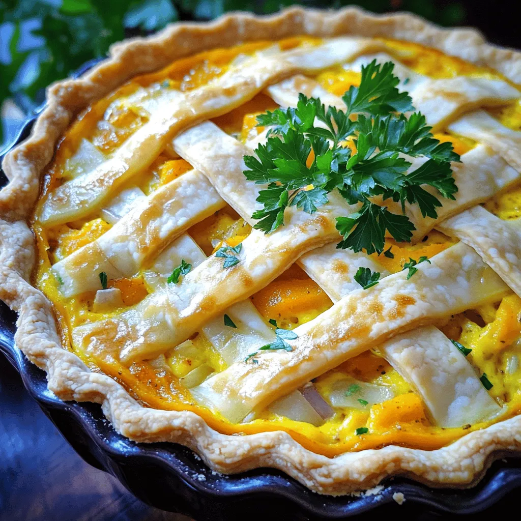 - 1 medium butternut squash, peeled and diced - 1 large onion, finely chopped - 3 large eggs - 1 cup heavy cream - 1 cup grated Gruyère cheese - 1 teaspoon dried thyme - Salt and pepper to taste - 1 pre-made pie crust - 1 tablespoon olive oil - Fresh parsley for garnish - Large skillet - Mixing bowl - Whisk - Pie dish - Rolling pin These ingredients form the heart of the butternut lattice quiche. The squash adds a sweet, nutty taste that pairs well with the creamy cheese and eggs. The onion brings a savory depth. Gruyère cheese melts beautifully, giving the quiche a rich flavor. Using a pre-made pie crust saves time and effort. When you gather your tools, make sure you have a large skillet for sautéing. A mixing bowl will help mix the filling easily. A whisk ensures the eggs and cream blend well. A pie dish is perfect for baking. Lastly, a rolling pin helps shape your crust for that lovely lattice top. With these ingredients and tools ready, you're set to create a dish that is both hearty and flavorful. For the full recipe, check out the details provided in the earlier sections. First, preheat your oven to 375°F (190°C). This heat helps cook the quiche evenly. In a large skillet, heat 1 tablespoon of olive oil over medium heat. Add the finely chopped onion. Sauté the onion until it turns soft and clear. This should take about 5 minutes. Next, add the diced butternut squash to the skillet. Season it with salt, pepper, and 1 teaspoon of dried thyme. Stir the mixture and cook for around 10 to 12 minutes. You want the squash to become tender. Once done, remove the skillet from heat and let it cool for a few minutes. Now, it’s time to prepare the pie crust. Use a pre-made pie crust for ease. Roll it out into a fluted pie dish. In a mixing bowl, whisk together 3 large eggs and 1 cup of heavy cream. Mix them until smooth. Then, stir in 1 cup of grated Gruyère cheese. Fold in the sautéed butternut squash and onion mixture. Pour the filling into the prepared pie crust. To make the lattice topping, roll out another piece of pie crust. Cut it into long strips. Arrange these strips in a lattice pattern over the filling. Trim any excess crust as needed. Place the quiche in the preheated oven. Bake it for 35 to 40 minutes. You want the quiche to be set and the lattice to turn a nice golden brown. Once it’s done, take it out of the oven and allow it to cool for about 10 to 15 minutes. Cooling helps the filling set more. Now your Butternut Lattice Quiche is ready to slice and serve! You can find the full recipe to guide you through the process. To create a beautiful lattice crust, follow these steps: - Cut the strips: Use a sharp knife or a pizza cutter. Cut the dough into even strips, about 1 inch wide. - Arrange the strips: Lay half of the strips horizontally on the quiche. Then, place the other half vertically, weaving them over and under. This pattern creates a nice look. - Seal the edges: Press the edges where the strips meet the crust. This step helps to keep the filling inside. To keep the crust flaky, use these tips: - Chill the dough: After rolling it out, place the crust in the fridge for 15 minutes. Chilling helps prevent shrinkage while baking. - Use cold butter: When making your pie crust, always use cold butter. This keeps the crust tender and flaky. - Avoid overworking: Do not knead the dough too much. Handle it gently to keep the texture light. When making the filling, consider these suggestions: - Season well: Add salt, pepper, and thyme to enhance the flavor. Taste as you go to find the right balance. - Ingredient swaps: You can mix in other veggies like spinach or mushrooms. This adds more flavors and nutrients. - Cheese choices: Gruyère is great, but you can also try feta or cheddar for different tastes. To tell when the filling is set, look for these signs: - Firm center: The quiche should not jiggle when you gently shake it. - Golden top: The lattice crust should be golden brown. This indicates a well-cooked filling. For the full recipe, check out the Butternut Lattice Quiche details above. {{image_2}} You can easily change the taste of your butternut lattice quiche. If you want a vegetarian option, try adding fresh spinach or mushrooms. These veggies will add color and nutrients. They also bring a nice texture to the quiche. For cheese, you can swap Gruyère for feta or cheddar. Feta adds a tangy flavor, while cheddar gives a rich taste. If you need a gluten-free option, look for a gluten-free pie crust. Many brands offer tasty alternatives. You can also make your own crust with almond flour or oats. For a dairy-free filling, use coconut cream instead of heavy cream. You can also swap eggs with a mixture of ground flaxseed and water. This will keep the quiche creamy without dairy. Each swap keeps the dish hearty and flavorful without losing its charm. To keep your quiche fresh, let it cool first. Wrap it tightly in plastic wrap. Store it in the fridge for up to three days. This way, it stays tasty and safe to eat. When you're ready to enjoy it, slice the quiche into pieces. This makes reheating easy. For reheating, I recommend using an oven. Preheat it to 350°F (175°C). Place the slices on a baking sheet. Cover them with foil to seal in moisture. Heat for about 15-20 minutes. This keeps the crust crispy and the filling warm. You can freeze leftover quiche for later meals. First, let it cool completely. Wrap the whole quiche or slices in plastic wrap. Then, place it in a freezer-safe bag or container. This helps prevent freezer burn. Your quiche can last up to three months in the freezer. When you want to eat it, take the quiche out of the freezer. Place it in the fridge overnight to thaw. For the best quality, heat it in the oven. This will restore its fresh taste and texture. Enjoy your Butternut Lattice Quiche anytime! For the full recipe, visit the detailed section above. The best cheese for quiche is Gruyère. It melts well and adds rich flavor. You can also use Swiss cheese for a nutty taste. Cheddar gives a stronger flavor that many enjoy. Feta adds a tangy twist to the dish. Feel free to mix cheeses for a unique taste. Yes, you can make quiche ahead of time. To prepare, make the filling and assemble the quiche. Cover it and store it in the fridge for up to 24 hours. When ready to serve, bake as directed. You can also freeze unbaked quiche. Just wrap it tightly and store it for up to a month. Thaw it overnight in the fridge before baking. Look for a golden lattice crust and a firm filling. The edges should be slightly puffed. If you gently shake the quiche, the center should not jiggle. A toothpick inserted in the center should come out clean. These signs tell you it’s perfectly baked. Enjoy your Butternut Lattice Quiche! For the full recipe, check out the instructions above. This blog post covered how to make a delicious butternut squash quiche from start to finish. We discussed the key ingredients, the tools you need, and detailed instructions for perfecting your dish. Plus, I shared tips for a great lattice crust and options for ingredient swaps to suit your taste. Remember, this quiche can also be made ahead and stored easily. Enjoy your cooking, and let your creativity shine. With practice, you'll master this comforting dish in no time.
