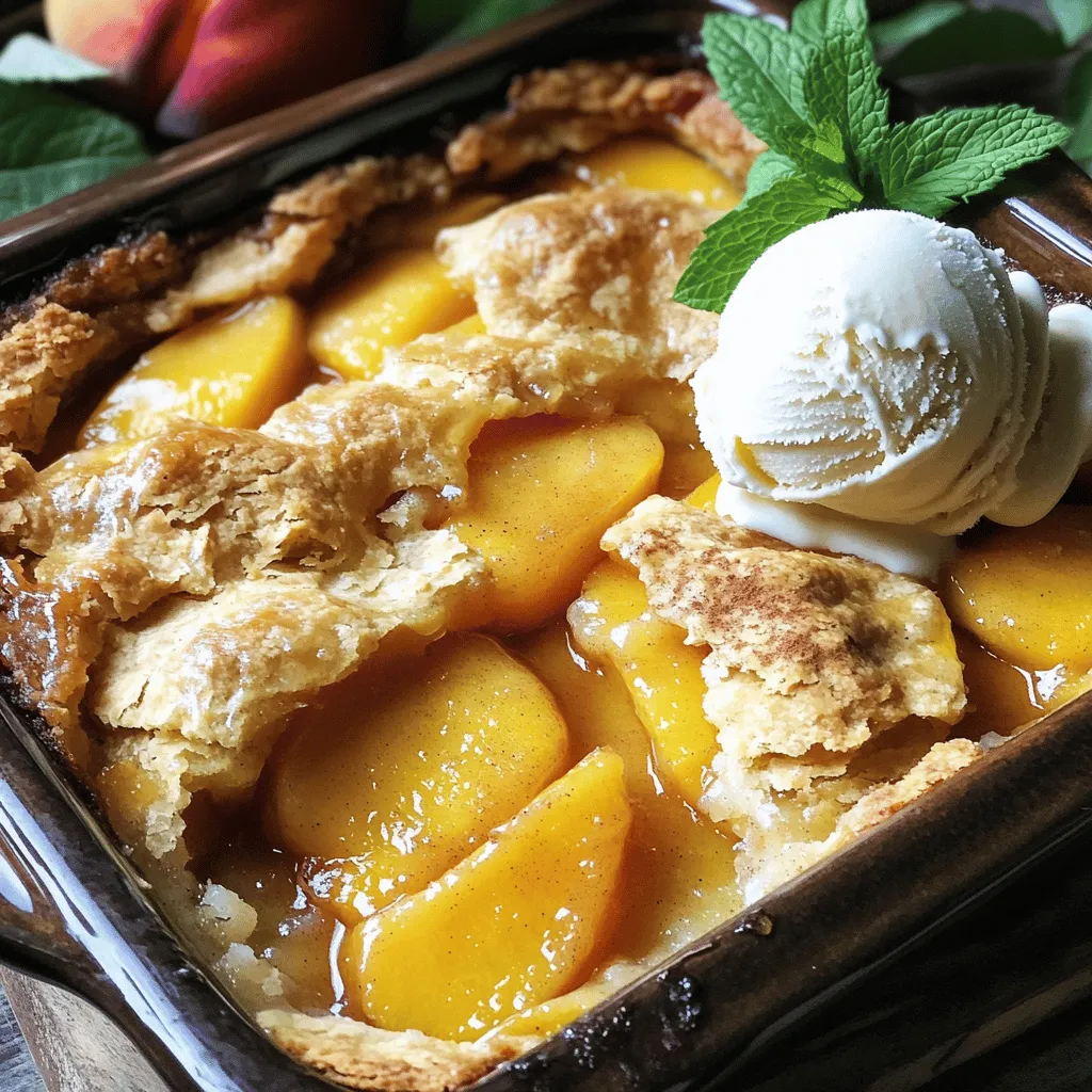This easy peach cobbler is a joy to make. You need simple items that you may already have at home. The bright flavor of peaches shines in this dessert. It combines soft fruit with a sweet, buttery topping. You will love how easy it is to prepare this dish. Check out the Full Recipe for all the details. Here are the key ingredients you will need for this delightful dessert: - 4 ripe peaches, peeled and sliced - 1 cup granulated sugar, divided - 1 tablespoon lemon juice - 1 teaspoon vanilla extract - 1 cup all-purpose flour - 1 tablespoon baking powder - 1/2 teaspoon salt - 1 cup whole milk - 1/2 cup unsalted butter, melted - 1 teaspoon ground cinnamon - Vanilla ice cream, for serving (optional) Each ingredient plays a role. The peaches bring sweetness and moisture. Sugar adds sweetness and helps the topping brown. Lemon juice brightens the flavor. Vanilla extract gives a warm note. Flour and baking powder help the cobbler rise. Milk and butter make the batter rich and smooth. Cinnamon adds a nice spice. You can swap some ingredients if needed. Here are a few ideas: - Peaches: Use nectarines or plums for a twist. - Sugar: Brown sugar can add a deeper flavor. - Milk: Almond or oat milk works for a dairy-free option. - Butter: Use coconut oil for a vegan choice. - Flour: Whole wheat flour can make it more hearty. Feel free to get creative with these swaps. The cobbler will still taste great! Start by peeling and slicing four ripe peaches. Fresh peaches work best, but you can use canned if needed. In a bowl, combine the sliced peaches with 1/2 cup of sugar. Add one tablespoon of lemon juice and one teaspoon of vanilla extract. Gently stir to coat the peaches. Let them sit for about 10 minutes. This will help the peaches get sweet and juicy. In a clean bowl, whisk together one cup of all-purpose flour, one tablespoon of baking powder, and 1/2 teaspoon of salt. Add the remaining 1/2 cup of sugar to this mix. Next, slowly pour in one cup of whole milk while whisking. Keep mixing until the batter is smooth. Finally, stir in 1/2 cup of melted unsalted butter. This will make your batter rich and tasty. First, preheat your oven to 350°F (175°C). Pour the batter into a greased 9x13-inch baking dish. Spread it evenly across the bottom. Next, spoon the marinated peaches and their juices over the batter. Do not stir; this helps the cobbler form its layers. Sprinkle a teaspoon of ground cinnamon on top for extra flavor. Bake in the oven for 40 to 45 minutes. The top should look golden brown. A toothpick should come out clean when inserted in the center. Let it cool slightly before serving. For a delightful touch, serve with vanilla ice cream. Enjoy this easy peach cobbler! For the full recipe, check out the section above. To get the best texture in your peach cobbler, use fresh peaches. They give the best flavor. Slice the peaches evenly. This helps them cook at the same time. Mix the batter gently. Over-mixing can make it tough. Pour the batter into a greased dish. This stops it from sticking. Bake at 350°F for about 40-45 minutes. Keep an eye on it. You want a golden brown top. Serve the cobbler warm for the best flavor. A scoop of vanilla ice cream on top adds creaminess. You can also sprinkle some fresh mint leaves for color. For a fun twist, drizzle caramel sauce over the top. It contrasts nicely with the sweet peaches. You can enjoy it as a dessert or with breakfast. To get a nice crisp top, sprinkle cinnamon on the batter before baking. You can also add a bit of sugar on top. This helps it caramelize while baking. If you want more crunch, try adding some oats to the batter. This gives your cobbler a delightful texture. Always watch the baking time closely. A perfect golden brown means it's ready to serve. For the full recipe, check out the section above. {{image_2}} You can switch up the fruit in peach cobbler. Try using fresh or frozen berries. Blueberries, raspberries, or blackberries work well. If you prefer stone fruits, apricots or plums are great choices too. You can even mix different fruits for a fun twist. Each fruit brings its unique flavor, so feel free to experiment! If you want a gluten-free peach cobbler, swap the all-purpose flour. Use a gluten-free flour blend instead. Many brands offer blends that work well in baking. You can also try almond flour or coconut flour. Just adjust the liquid in your recipe, as these flours absorb moisture differently. Add more flavor to your peach cobbler with nuts or spices. Chopped pecans or almonds add crunch and richness. For spices, consider adding nutmeg or ginger along with cinnamon. You can also try a splash of almond extract for a unique twist. These little extras can take your cobbler from good to great! For the full recipe, check out the [Full Recipe]. To keep your peach cobbler fresh, let it cool first. Then, cover it with plastic wrap or foil. You can also place it in an airtight container. Store it in the fridge for up to three days. This keeps the flavors rich and the texture nice. When you're ready to enjoy the leftovers, preheat your oven to 350°F (175°C). Place the cobbler in an oven-safe dish. Cover it with foil to prevent it from drying out. Heat it for about 15-20 minutes. If you want a crispy top, remove the foil for the last five minutes. You can also reheat it in the microwave for about 30-60 seconds. If you want to store peach cobbler for a longer time, freezing works great. First, let the cobbler cool completely. Cut it into portions for easy serving later. Wrap each piece tightly in plastic wrap and then in foil. Place the wrapped pieces in a freezer-safe bag. Label it with the date. You can freeze it for up to three months. To thaw, just leave it in the fridge overnight before reheating. For the full recipe, check out the details above! Yes, you can use canned peaches. They are convenient and save time. Just drain them well and reduce the sugar a bit. Canned peaches are often sweeter, so adjust to your taste. This swap makes the recipe quick and easy, perfect for busy days. The best way to serve peach cobbler is warm. You can add a scoop of vanilla ice cream on top for a delicious mix of hot and cold. A sprig of mint adds a nice touch. Serve it in a bowl to catch all the yummy juices. Your cobbler is done when the top is golden brown. Insert a toothpick in the center. If it comes out clean, it's ready. The edges should be bubbly, and the fruit should be soft. Let it cool slightly before serving to enjoy the best flavor. Peach cobbler is a simple, sweet delight made from fresh peaches and a light batter. We explored key ingredients and substitutions to fit your needs. I shared step-by-step instructions for perfect assembly and baking. Tips on texture and serving made it easier for you. You can try variations like different fruits or gluten-free options. Remember to store leftovers properly for later enjoyment. With this guide, you can bake a delicious peach cobbler with confidence and creativity. Enjoy making this classic treat!