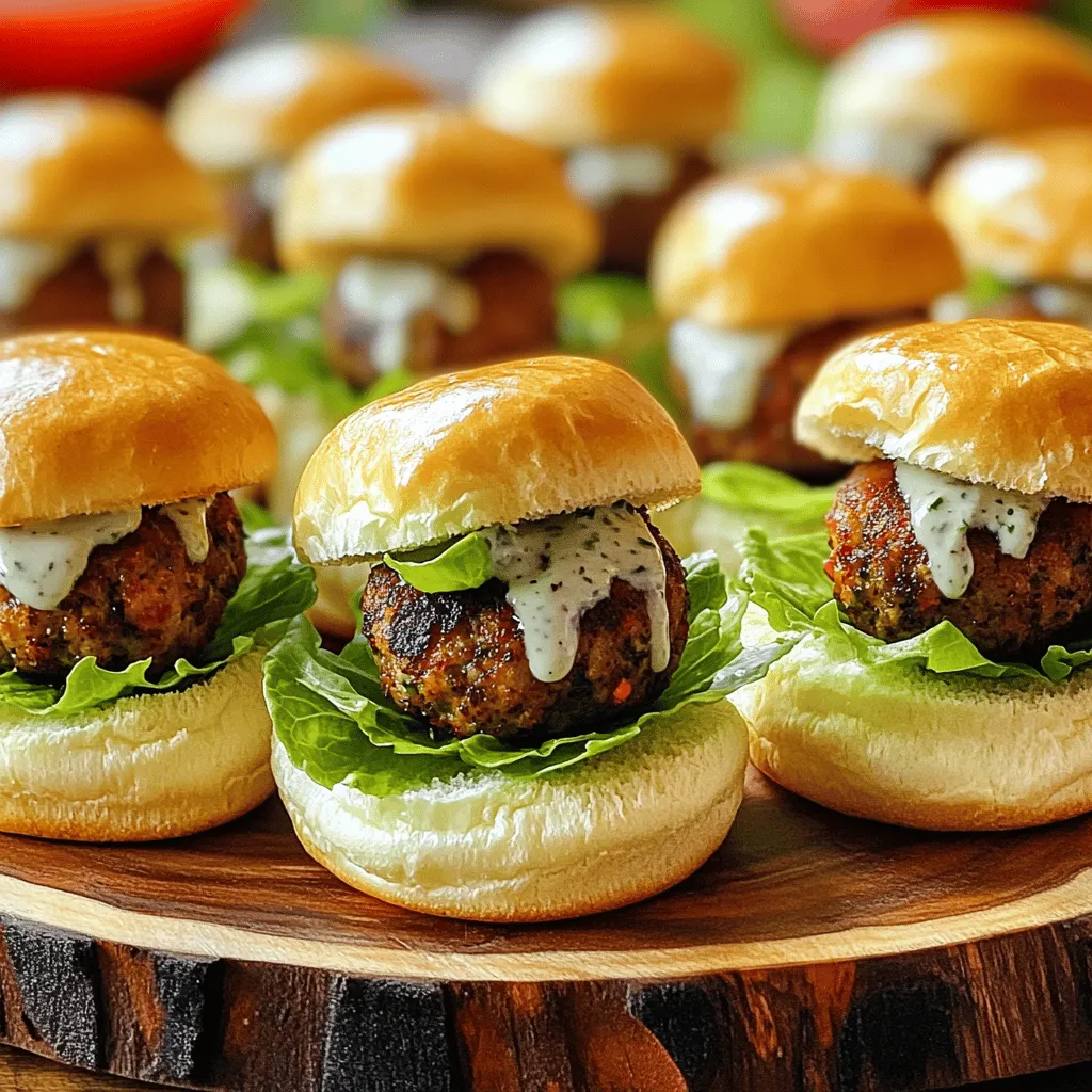- 1 lb ground chicken or turkey - 1/4 cup breadcrumbs - 2 green onions, finely chopped - 2 cloves garlic, minced - 1 tablespoon fresh ginger, grated - 1 tablespoon jerk seasoning - 1/2 teaspoon allspice - 1/4 cup fresh cilantro, chopped - 1/4 cup mayonnaise - 1 tablespoon lime juice - Mini brioche or sesame slider buns - Lettuce leaves for garnish The main part of these sliders is the meatballs. I use ground chicken or turkey. This keeps them light but tasty. I mix in breadcrumbs, green onions, garlic, ginger, and jerk seasoning. Adding allspice and cilantro gives it a great flavor. The jerk seasoning adds a spicy kick. I love how it wakes up the taste buds. To hold everything together, I use mini brioche or sesame slider buns. These buns are soft and buttery. They pair well with the spicy meatballs. I also add lettuce for crunch and freshness. - Sliced tomatoes - Other condiments for serving You can add sliced tomatoes to your sliders. This adds a juicy bite. You might also want some condiments. Options like hot sauce or extra mayonnaise can enhance the flavor. - About 150 calories per slider - Key nutrients include protein, fiber, and healthy fats Each slider contains about 150 calories. They pack a good amount of protein from the meat. The breadcrumbs add some fiber, too. This makes them fill you up without feeling heavy. Plus, they taste great! First, preheat your oven to 400°F (200°C). This helps the meatballs cook evenly. While the oven heats up, line a baking sheet with parchment paper. This makes clean-up easy and helps the meatballs brown nicely. In a large bowl, combine the following ingredients: - 1 lb ground chicken (or turkey) - 1/4 cup breadcrumbs - 2 green onions, finely chopped - 2 cloves garlic, minced - 1 tablespoon fresh ginger, grated - 1 tablespoon jerk seasoning - 1/2 teaspoon allspice - 1/4 cup fresh cilantro, chopped Mix everything well. This ensures that every meatball is packed with flavor. Now, shape the mixture into small meatballs, about 1-inch in size. Place them on your prepared baking sheet. Leave some space between each meatball for even cooking. Bake the meatballs in the oven for 20-25 minutes. Look for a golden brown color to know they are done. While they bake, prepare the sauce. In a small bowl, mix: - 1/4 cup mayonnaise - 1 tablespoon lime juice This creamy lime dressing adds a fresh touch to your sliders. Once the meatballs are cooked, slice the slider buns in half. On the bottom half of each bun, spread some creamy dressing. Then, add a piece of lettuce, a meatball, and a slice of tomato if you like. Top with the other half of the bun. For the complete recipe, check out the Full Recipe section. Enjoy your tasty jerk meatball sliders! To make the best jerk meatballs, pay attention to cooking time. Bake them for 20 to 25 minutes at 400°F (200°C). Check for a nice golden color. If your meatballs are larger, add five more minutes to cook them through. Avoid overmixing the meatball mixture. This can make them tough. Also, don’t skip the breadcrumbs. They help keep the meatballs juicy. These sliders shine with fresh toppings. Try adding sliced tomatoes and crunchy lettuce. They add color and taste. You can also serve them with a side of sweet potato fries or a fresh salad. This turns your sliders into a full meal. For a fun twist, serve them with pickles or a spicy dipping sauce. This adds flair to your party spread. Want to boost the flavor? Add some chopped jalapeños or a dash of hot sauce to the meatball mix. This can give your sliders a kick that everyone will love. For better texture, try adding finely chopped bell peppers or grated zucchini. These ingredients add moisture and crunch. Don’t forget to check out the Full Recipe for more tips and tricks to master your jerk meatball sliders! {{image_2}} You can switch up the protein in your meatballs. Try ground beef or a plant-based option. For a twist, use different sauces. A mango chutney or spicy barbecue sauce can add unique flavors. Mini sliders are fun for parties! They are easy to grab and enjoy. You can also use regular-sized buns for heartier servings. Try different types of bread too. Brioche, sesame, or even ciabatta can give each slider its own flair. Think about adding local spices. A pinch of cumin or paprika can change the taste. You can also include toppings from other cuisines. For example, consider adding kimchi or tzatziki for a fresh twist on jerk flavors. Check out the Full Recipe to explore these ideas! To keep your jerk meatball sliders fresh, store them in an airtight container. Refrigerate them right after they cool. If you want to keep them longer, you can freeze them. Just wrap each slider in plastic wrap before placing them in a freezer bag. This helps to avoid freezer burn. Leftovers last about three days in the fridge and up to three months in the freezer. For the best texture, reheat meatballs in the oven. Preheat your oven to 350°F (175°C). Place the meatballs on a baking sheet and cover them with foil. Heat for about 10-15 minutes. This keeps them moist. You can also reheat them in the microwave. Use a microwave-safe dish and add a splash of water. Cover it and heat for 1-2 minutes. This method helps maintain flavor too. You can prepare sliders in advance for busy days. Make the meatballs and store them in the fridge. You can assemble them when you're ready to eat. This saves time and effort. You can also make the creamy lime dressing ahead. Just keep it in the fridge. It’s a great way to have quick meals ready to go. Try pairing them with a fresh salad or veggies for a complete meal. What can I serve with Jerk Meatball Sliders? You can serve many tasty sides with Jerk Meatball Sliders. Here are some ideas: - Coleslaw for crunch and freshness. - Sweet potato fries for a sweet touch. - Grilled corn for a smoky flavor. - A fruit salad for a cooling contrast. These sides will balance the spicy flavors of the sliders and make your meal more fun. Can I use pre-made jerk seasoning? Yes, you can use pre-made jerk seasoning. It saves time and still gives great flavor. Just check the label for spice levels. Some brands can be very spicy, while others are mild. Adjust the amount based on your taste. How long does it take to make Jerk Meatball Sliders? Jerk Meatball Sliders take about 40 minutes to prepare and cook. You can whip them up in about 15 minutes. Baking takes another 20 to 25 minutes. This timing is perfect for a quick weeknight meal or a fun party snack. Is this a quick recipe for weeknights? Yes, this recipe is quick and easy. You can make these sliders in under an hour. It’s a great choice if you want something tasty without spending all evening in the kitchen. What dietary restrictions does this recipe cater to? This recipe is great for many diets. It uses chicken or turkey, which is lean and tasty. You can also make it dairy-free by skipping the mayo or using a dairy-free substitute. How to make Jerk Meatball Sliders gluten-free? To make Jerk Meatball Sliders gluten-free, you can use gluten-free breadcrumbs. Many stores offer them now. Just check the labels to be sure they are safe for your needs. This way, everyone can enjoy the sliders! Jerk meatball sliders are fun and easy to make. We covered all the main ingredients, from ground chicken to jerk seasoning. You learned step-by-step instructions for mixing, baking, and assembling your sliders. I shared tips to perfect your meatballs and ideas to serve them well. You can also try variations to suit your taste and needs. With these recipes, you can enjoy bold flavors and yummy meals. Start making these sliders for your next gathering!