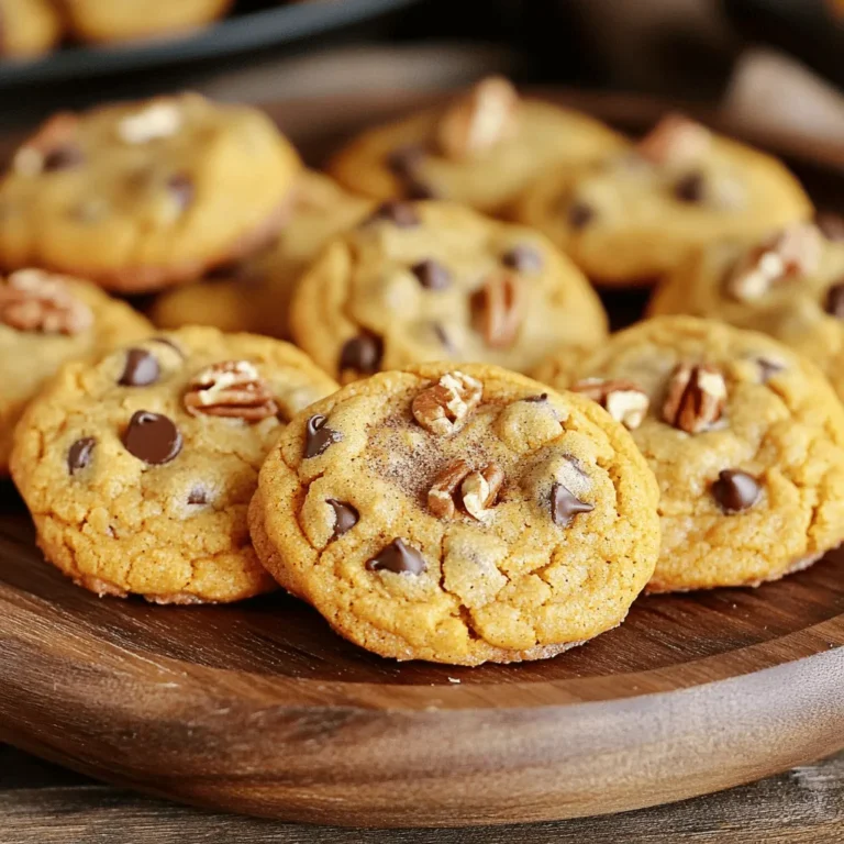 - 1 cup canned pumpkin puree - 1/2 cup unsalted butter, softened - 1 cup brown sugar, packed - 1/2 cup granulated sugar Canned pumpkin puree is the star here. It gives the cookies a soft texture and a rich flavor. Unsalted butter makes the cookies creamy and adds a nice depth. Brown sugar brings moisture and a hint of caramel, while granulated sugar adds sweetness and helps with that perfect chewy bite. - 1 cup chocolate chips (optional) - 1/2 cup chopped pecans or walnuts (optional) Chocolate chips can make the cookies even more fun. They melt in your mouth and add a sweet surprise. Chopped nuts like pecans or walnuts bring a nice crunch. You can mix and match these to suit your taste. - 2 1/2 cups all-purpose flour - 1 teaspoon baking soda - 1 teaspoon baking powder - 1 tablespoon pumpkin pie spice - 1/2 teaspoon salt All-purpose flour is key for structure. It holds everything together. Baking soda and baking powder help the cookies rise and become soft. Pumpkin pie spice adds those warm, cozy flavors we all love in fall. Lastly, a pinch of salt balances the sweetness and enhances all the flavors. For the full recipe, check [Full Recipe]. - Preheat the Oven and Prepare Baking Sheet Start by preheating your oven to 350°F (175°C). Line a baking sheet with parchment paper. This helps the cookies not stick. - Creaming Together the Sugars and Butter In a large bowl, cream together the softened butter, brown sugar, and granulated sugar. Mix them until the mixture is light and fluffy, about 3 to 4 minutes. This step adds air and makes your cookies soft. - Mixing in Pumpkin Puree and Egg Next, add the pumpkin puree, egg, and vanilla extract. Mix until all the wet ingredients blend well. This adds moisture and flavor to the dough. - Whisking the Dry Ingredients Together In another bowl, whisk together the flour, baking soda, baking powder, pumpkin pie spice, and salt. This ensures even distribution of the dry ingredients. - Gradually Adding Dry Mixture to Wet Ingredients Slowly add the dry mixture into the wet mixture. Stir gently until just combined. Don’t overmix; this helps keep your cookies chewy. - Folding in Optional Ingredients If you want extra flavor, fold in chocolate chips or chopped nuts. This step is optional but adds a nice texture. - Dropping Dough onto Baking Sheet Using a spoon or cookie scoop, drop tablespoons of dough onto the prepared baking sheet. Space them about 2 inches apart for even baking. - Baking Time and Cooling Instructions Bake the cookies for 10 to 12 minutes. The edges should be lightly golden, and the centers should look soft. Let them cool on the baking sheet for 5 minutes before moving them to a wire rack. This helps them firm up a bit. Follow these steps for perfectly chewy pumpkin spice cookies. For the full recipe, check the details above! - Importance of Softened Butter: Always use softened butter. It helps the cookies spread evenly and stay chewy. Cold butter makes cookies dense and hard. Let your butter sit out for a bit before mixing. - Avoid Overmixing the Dough: Mix just until combined. Overmixing can make cookies tough. You want a soft, slightly sticky dough for that perfect chew. - How to Check for Perfectly Baked Cookies: Look for lightly golden edges. The centers should still appear soft. They will firm up as they cool. Trust your instincts; they should smell amazing too. - The Role of Parchment Paper in Baking: Parchment paper prevents sticking. This paper helps cookies bake evenly. It also makes cleanup a breeze. Always line your baking sheet with it. - Arranging Cookies for Serving: Stack your cookies on a wooden platter. This adds charm and warmth. You can sprinkle a little extra pumpkin pie spice on top for flair. - Suggested Pairings like Milk or Coffee: Serve your cookies with cold milk or hot coffee. The flavors pair perfectly. It brings out the spices and makes each bite even better. {{image_2}} You can change the taste of your cookies in fun ways. Adding different spices or extracts can make a big difference. Try cinnamon, nutmeg, or ginger for extra warmth. You can also use almond or maple extract for a unique twist. Incorporating dried fruits can add sweetness and texture. Consider adding raisins, cranberries, or chopped dates. These fruits will make your cookies even more delightful. Each bite will surprise you with different flavors. If you want to make vegan pumpkin spice cookies, there are easy swaps. Use plant-based butter and replace the egg with a flax egg. A flax egg is made by mixing one tablespoon of flaxseed meal with three tablespoons of water. Let it sit for a few minutes until it thickens. For gluten-free options, use a gluten-free all-purpose flour blend. Make sure it contains xanthan gum for better texture. Your cookies will still be delicious and chewy. You can adapt the recipe for different holidays. For Halloween, add spooky shapes or colored icing. During Thanksgiving, top with a cream cheese frosting. For Christmas, sprinkle crushed peppermint on top for a festive touch. Get creative with toppings and frostings. Try drizzling melted chocolate or caramel over the cookies. You can also dust them with powdered sugar for a pretty finish. Each season brings new ways to enjoy these cookies. For the complete recipe, check out the Full Recipe section! To keep your cookies fresh, store them at room temperature. Use an airtight container. This keeps them soft and chewy for days. If you want them to last longer, refrigerate them. Wrap each cookie in plastic wrap to avoid drying out. You can also freeze the cookies. Place them in a freezer-safe bag. They last up to three months in the freezer and taste great after thawing. Chewy pumpkin spice cookies last about one week at room temperature. In the fridge, they can stay fresh for two weeks. Watch for signs of spoilage like a change in smell or texture. If they feel hard or dry, it’s time to toss them. To enjoy cookies warm, reheating works wonders. The best way is to use an oven. Preheat it to 350°F (175°C). Place the cookies on a baking sheet for about five minutes. This keeps them soft. If you’re in a hurry, the microwave is an option. Heat them for about 10-15 seconds. Just be cautious; too long makes them tough. To make your cookies extra chewy, focus on moisture and ingredient ratios. Here are some tips: - Use more brown sugar than white sugar. Brown sugar has molasses, which adds moisture. - Add an extra egg yolk. This gives richness and helps with chewiness. - Avoid overmixing the dough. Mixing too much can make cookies tough. - Use melted butter instead of softened butter. This can also increase chewiness. - Keep an eye on baking time. Take them out when they look soft, not fully baked. Yes, you can use fresh pumpkin, but consider texture and consistency. Here are some points: - Fresh pumpkin needs to be cooked and pureed. This takes more time than canned. - Canned pumpkin is thicker and creamier. Fresh may be too watery. - If using fresh, drain excess water after pureeing. This helps keep the cookies chewy. - Test the dough before baking. Adjust flour if needed, based on moisture. You can add many items to boost flavor. Here are some creative options: - Mix in chocolate chips for a sweet touch. - Add chopped pecans or walnuts for crunch. - Try dried cranberries or raisins for a fruity twist. - A dash of sea salt can enhance sweetness. - Experiment with different spices, like nutmeg or allspice. Each adds unique flavor. - For a fun twist, include a splash of maple syrup for warmth. For the full recipe, check out the Perfectly Chewy Pumpkin Spice Cookies! These chewy pumpkin spice cookies are simple to make and full of flavor. I shared key ingredients, preparation steps, and baking tips to guide you. Remember to experiment with flavors and variations. Whether you're baking for the holidays or just for fun, these cookies will impress. Store them wisely to keep them fresh. Enjoy your baking journey!