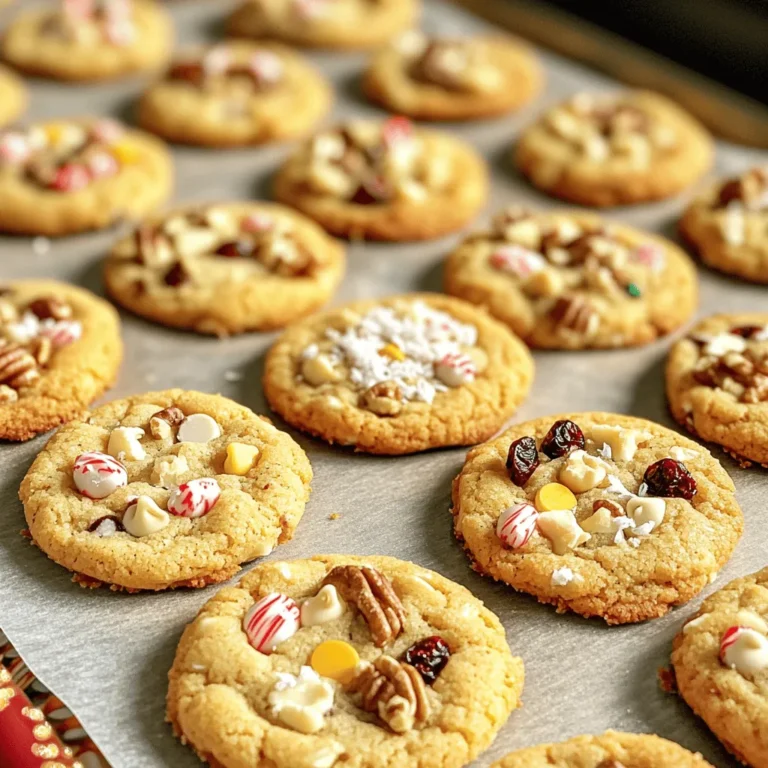 To make these delightful Christmas Kitchen Sink Cookies, gather the following ingredients: - 1 cup unsalted butter, softened - 1 cup brown sugar, packed - 1/2 cup granulated sugar - 2 large eggs - 1 teaspoon vanilla extract - 2 1/4 cups all-purpose flour - 1 teaspoon baking soda - 1/2 teaspoon salt - 1 cup semi-sweet chocolate chips - 1/2 cup white chocolate chips - 1/2 cup crushed peppermint candies - 1/2 cup chopped walnuts - 1/2 cup dried cranberries - 1/2 cup shredded coconut If you need to swap ingredients, here are some ideas: - Use coconut oil instead of butter for a dairy-free option. - Substitute brown sugar with coconut sugar for a healthier choice. - If you’re nut-free, leave out walnuts or replace them with sunflower seeds. - Swap dried cranberries for raisins or chopped dates for a different flavor. - Use dark chocolate chips instead of semi-sweet for richer cookies. Choose the best ingredients for great cookies: - Buy butter that is cold, firm, and smooth. - Look for sugar that is free of clumps. - Check eggs for cracks; they should be clean and cool. - Choose flour that is fine and free from lumps. - Pick chocolate chips that have a shiny surface. - Ensure dried fruits are moist, not hard or stale. For the full recipe, check the main article. Start by gathering all your tools. You need a large mixing bowl, a whisk, a spatula, and a cookie scoop. Preheat your oven to 350°F (175°C). Line your baking sheet with parchment paper. This helps the cookies not stick. Make sure your butter is softened. It should be easy to mix. In your large mixing bowl, cream together the softened butter, brown sugar, and granulated sugar. Mix until it gets light and fluffy. Add in the eggs, one at a time, mixing well after each. Now, add the vanilla extract. In a separate bowl, whisk together the flour, baking soda, and salt. Gradually add this to the butter mixture. Mix until just combined. Next, fold in all the fun stuff: semi-sweet chocolate chips, white chocolate chips, crushed peppermint, walnuts, dried cranberries, and shredded coconut. Use a cookie scoop or a tablespoon to drop the dough onto your baking sheet. Space them about 2 inches apart. Bake your cookies for 10-12 minutes. They should be golden on the edges but soft in the middle. Once baked, take them out of the oven. Let the cookies cool on the baking sheet for 5 minutes. This helps them set. After that, transfer them to a wire rack to cool completely. Store your cookies in an airtight container. They will stay fresh for about a week. For more detailed instructions, check the Full Recipe. To get the best cookies, follow some simple steps. First, use room temperature butter. It mixes well with the sugars. Make sure to measure your flour correctly. Too much flour makes cookies dry. I like to spoon flour into a measuring cup and level it off. Bake cookies on parchment paper for easy removal. Leave space between the cookies to allow them to spread. You can boost the flavor of your cookies in fun ways. Try adding a pinch of cinnamon or nutmeg for warmth. You can also add a splash of almond extract for a unique twist. Don’t forget the mix-ins! Use different nuts or dried fruits. Each choice makes a new taste. If you love chocolate, mix in dark chocolate chips or chunks. Many mistakes can happen while baking cookies. One common mistake is overmixing the dough. This can make your cookies tough. Mix just until the ingredients combine. Another mistake is baking them too long. Keep an eye on the cookies; they should be golden at the edges but soft in the middle. Lastly, don’t skip cooling the cookies on the wire rack. This helps them firm up nicely. For more details, check out the Full Recipe. {{image_2}} Christmas Kitchen Sink Cookies are all about variety. You can mix in almost anything you love. Some great ideas include: - Chopped dried fruit: Try apricots, cherries, or figs for a sweet touch. - Nuts: Use pecans, almonds, or macadamia nuts for crunch. - Cereal: Add crushed cornflakes or rice cereal for a fun texture. - Candy: Toss in M&M's, Reese's pieces, or even mini marshmallows for extra sweetness. These mix-ins make each cookie unique and fun. You really can’t go wrong with your choices! Need to cater to special diets? No problem! Here are some easy swaps: - Gluten-Free: Use a gluten-free flour blend in place of all-purpose flour. Many options work well. - Vegan: Replace the butter with coconut oil or a vegan butter. Use flax eggs or chia seeds as an egg substitute. - Nut-Free: Omit the nuts and add more dried fruit or seeds instead. These alternatives help everyone enjoy your cookies without worry. Make your cookies stand out with some simple decorations. Here are a few ideas: - Drizzle: Melt some white or dark chocolate and drizzle it over cooled cookies. - Sprinkles: Use festive sprinkles that match the holiday colors. - Frosting: Whip up a light frosting for added sweetness and flair. These tips will make your Christmas Kitchen Sink Cookies look as good as they taste! For the full recipe, check out the detailed instructions above. To keep your Christmas Kitchen Sink Cookies fresh, store them in an airtight container. This helps lock in moisture and flavor. Place a piece of parchment paper between layers of cookies to prevent sticking. You can also use a cookie jar with a tight lid. This keeps them soft and tasty for longer. Freezing is a great way to save some cookies for later. First, let the cookies cool completely. Then, place them in a single layer on a baking sheet. Freeze them for about 1 hour until firm. After that, transfer the cookies to a freezer-safe bag or container. Label it with the date and type. You can freeze them for up to three months. When you want one, just take it out and enjoy! These cookies stay fresh for about a week at room temperature. If stored correctly, they can last longer. In the fridge, they stay good for about two weeks. If frozen, they last up to three months. Always check for signs of spoilage before eating. Enjoy your cookies while they are at their best! For the complete recipe, visit the Full Recipe. Yes, you can make these cookies ahead of time. Prepare the dough and chill it in the fridge. You can store it for up to three days. When you are ready to bake, scoop the dough onto your baking sheet. This way, you can bake fresh cookies right before guests arrive! To soften butter, take it out of the fridge. Cut it into small cubes for faster softening. Let the butter sit at room temperature for about 30 minutes. If you need it quicker, place the butter in the microwave for about 10 seconds. Be careful not to melt it! Absolutely! You can mix and match chocolate chips to your liking. Try dark chocolate, milk chocolate, or even butterscotch chips. Each type adds a unique taste to your cookies. Feel free to get creative with your favorites! Your cookies will be done when the edges are lightly golden. The centers should still look soft. They will continue to cook as they cool on the baking sheet. If you follow the baking time in the Full Recipe, you should be golden! In this post, we explored key ingredients, step-by-step baking, and clever tips for amazing cookies. You learned how to choose fresh ingredients, avoid common mistakes, and enhance flavors. We also looked at fun mix-ins, dietary alternatives, and festive decorating tips. Remember, baking cookies can be both fun and rewarding. With these tips, you can create delicious treats that everyone will love. Enjoy the process and share your tasty results with friends!