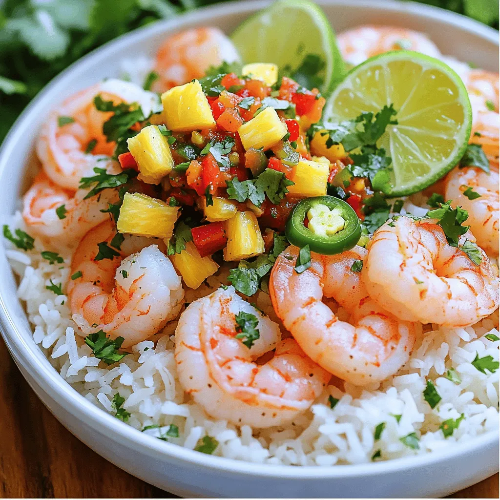 - 1 pound large shrimp, peeled and deveined - 1 cup uncooked jasmine rice - 1 ½ cups vegetable broth or water - 1 tablespoon olive oil - 1 teaspoon garlic powder - 1 teaspoon paprika - Salt and pepper to taste - 1 cup diced pineapple (fresh or canned) - ½ red bell pepper, finely chopped - ¼ red onion, finely chopped - 1 tablespoon lime juice - ¼ cup fresh cilantro, chopped To make a great shrimp rice bowl, start with fresh large shrimp. They give a nice flavor and texture. Use jasmine rice for its fragrant aroma and soft bite. Cooking it in vegetable broth adds depth to the dish. The seasonings are simple yet vital. Olive oil helps the shrimp cook well without sticking. Garlic powder and paprika bring warmth and richness. Don’t forget salt and pepper to taste. These will enhance all the flavors in your bowl. For the pineapple salsa, use fresh or canned pineapple. The sweetness balances the savory shrimp. Red bell pepper and red onion add crunch and color. Lime juice brightens everything up. Fresh cilantro ties the salsa together with its unique flavor. You can find the full recipe above for detailed cooking steps. - First, rinse the jasmine rice under cold water. - Next, combine the rice and vegetable broth in a saucepan. - Bring the mixture to a boil, then lower the heat. - Cover the saucepan and let it simmer for about 15 minutes. - Once done, remove it from heat and let it sit for 5 minutes. - Fluff the rice with a fork to make it light and airy. - Take the large shrimp and season them with garlic powder, paprika, salt, and pepper. - Heat olive oil in a large skillet over medium heat. - Add the seasoned shrimp to the skillet. - Cook the shrimp for 2-3 minutes on each side. - The shrimp should turn pink and opaque when cooked. - Once done, remove the shrimp from heat and set aside. - In a mixing bowl, combine diced pineapple, red bell pepper, and red onion. - Add lime juice and chopped cilantro to the bowl. - Mix everything well and season with a little salt to taste. - Adjust the seasoning based on your preference. Follow these steps, and you will create a flavorful shrimp rice bowl with vibrant pineapple salsa. For detailed measurements and more details, please check the Full Recipe. To cook shrimp just right, timing is key. Cook large shrimp for 2-3 minutes on each side. They should turn pink and opaque. If they curl tightly, they are overcooked. Aim for a slight curve, which means they are perfect. Add more flavor with simple seasonings. Try a pinch of cayenne for heat or add fresh herbs like basil. For a deeper taste, marinate shrimp in lime juice and spices for 30 minutes. This makes the shrimp extra tasty. Common mistakes can lead to mushy rice. Avoid stirring while it cooks, as this makes rice sticky. Use a 1:1.5 ratio of rice to water for jasmine rice. This means one cup of rice needs one and a half cups of broth. Let it sit after cooking to absorb steam. This will make the rice fluffy and light. Check out the Full Recipe for more details on creating this delicious shrimp rice bowl. {{image_2}} If you want a change from shrimp, try chicken or tofu. Chicken works well because it absorbs flavors nicely. Use the same spices and cook it until golden brown. Tofu is a great plant-based choice. Press it to remove excess water, then cube it. Sauté until crispy for a satisfying bite. You can also use fish like salmon or tilapia. These options add a different texture and flavor. You can swap jasmine rice for quinoa or brown rice. Quinoa is high in protein and cooks quickly. Brown rice gives a nutty taste and is more filling. If you want a low-carb option, try cauliflower rice. Simply pulse cauliflower in a food processor, then sauté it. This option is light and still delicious. Each grain offers a unique twist to the dish. For the salsa, get creative with fruits. Instead of pineapple, use mango or kiwi. Both add sweetness and color. You can also use seasonal fruits like strawberries in summer. They give a fresh taste that brightens the dish. Adjust the lime juice based on the fruit’s sweetness. This way, you can make the salsa your own. Store your shrimp rice bowl in airtight containers. Glass or plastic containers work well. Keep it in the fridge for up to three days. Make sure the shrimp and rice are cool before sealing. This helps keep them fresh and tasty. Reheat rice and shrimp in a microwave or on the stove. If you use a microwave, add a splash of water. This helps keep the rice moist. Heat in short bursts, stirring in between. For the stove, use low heat. Stir often to avoid overcooking the shrimp. They can get tough if heated too long. You can freeze the shrimp and rice separately for better results. Let them cool completely before freezing. Use freezer-safe bags or containers. Store the pineapple salsa in the fridge, as it does not freeze well. When ready to eat, thaw in the fridge overnight. Reheat the shrimp and rice as mentioned above for best taste. Yes, you can use frozen shrimp. It is a great option if fresh shrimp is not available. To thaw frozen shrimp, place them in the fridge overnight or run them under cold water for about 10-15 minutes. Drain and pat them dry before cooking. When cooking, follow the same steps as for fresh shrimp. Make sure they reach a pink and opaque color. This ensures they are cooked through and safe to eat. If you need a substitute for jasmine rice, there are many options. You can use basmati rice for a similar texture and flavor. Brown rice is a healthy choice and adds fiber. Quinoa is great for a gluten-free option and cooks quickly. For a low-carb meal, try cauliflower rice. It has a mild taste and absorbs flavors well. The spice level of this dish is mild. The shrimp are seasoned with garlic powder and paprika, which adds flavor without much heat. If you like it spicier, you can add jalapeño slices to the bowl. You can also sprinkle some red pepper flakes over the finished dish. Adjust the spice to match your taste! We covered a tasty shrimp dish with fluffy jasmine rice and fresh pineapple salsa. Use the right ingredients and seasonings for great flavor. Follow my steps to cook shrimp perfectly and make a vibrant salsa. Remember, you can switch proteins or grains to suit your taste. Store leftovers properly so you can enjoy this meal later. Whether it’s a weeknight dinner or a fun weekend project, these tips will help you succeed. Enjoy the cooking experience and share it with loved ones!