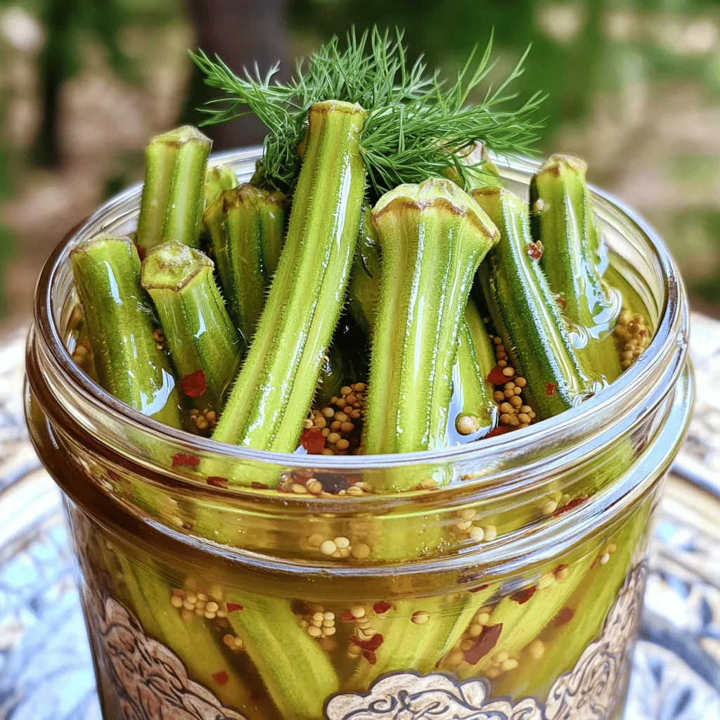 - 1 pound fresh okra, trimmed - 1 cup apple cider vinegar - 1 cup water - 1 cup granulated sugar - 3 cloves garlic, smashed - 1 tablespoon mustard seeds - 1 tablespoon coriander seeds - 1 teaspoon crushed red pepper flakes - 1 teaspoon salt - Fresh dill sprigs (for garnish, optional) To make sweet pickled okra, you need fresh okra. Look for bright green pods that are firm. This helps keep your pickles crunchy. You will also need apple cider vinegar. It gives a nice tangy flavor. Water is key for making the brine. Granulated sugar adds a sweet touch. Garlic adds depth to the flavor. You can smash the cloves to release more taste. Mustard seeds and coriander seeds give a nice spice mix. Crushed red pepper flakes add a hint of heat. Salt is crucial for balancing the flavors. Fresh dill sprigs are optional but add a lovely finish. They make the dish look pretty and add more flavor. For the full recipe, check out the section above. Enjoy your sweet pickled okra as a crunchy snack or a tasty side! 1. Wash and trim the okra: Start by rinsing the okra under cold water. This removes dirt and any chemicals. Trim the stems but leave the tips intact. This keeps the okra whole during pickling. 2. Prepare the brine mixture: In a medium saucepan, mix together 1 cup of apple cider vinegar, 1 cup of water, and 1 cup of granulated sugar. Add in 3 cloves of smashed garlic, 1 tablespoon of mustard seeds, 1 tablespoon of coriander seeds, 1 teaspoon of crushed red pepper flakes, and 1 teaspoon of salt. 3. Cool the brine: Bring the brine mixture to a gentle boil over medium heat. Stir until the sugar fully dissolves. Once it boils, remove it from heat. Let it cool for about 10-15 minutes. 1. Arrange the okra in jars: While the brine cools, prepare clean glass jars. If you have multiple jars, divide the okra evenly among them. Pack the okra upright to showcase their shape. 2. Add seasonings and dill: If you want extra flavor, add a sprig of fresh dill to each jar. This gives the pickled okra a wonderful taste and smell. 1. Pour brine over okra: Once the brine has cooled slightly, carefully pour it over the okra in the jars. Make sure the okra is fully submerged. Leave a little space at the top for expansion. 2. Storage instructions before refrigerating: Seal the jars with lids and let them cool to room temperature. After that, refrigerate for at least 24 hours. This waiting time lets the flavors meld together, resulting in a sweet and tangy treat. Enjoy your sweet pickled okra as a snack or a fun addition to meals! - Ensuring the perfect crunch: To keep your okra crunchy, do not overcook it in the brine. Boil the brine just until the sugar dissolves. After that, let it cool before pouring it over the okra. This keeps the texture firm and fresh. - Choosing the right okra: Select small, fresh okra pods. They should be bright green and firm. Avoid any that look bruised or wilted. Smaller pods tend to be more tender and less fibrous. - Flavor enhancements: You can add more flavor to your pickles. Try adding sliced jalapeños for spice, or fresh herbs like thyme or oregano to the brine. Experiment with different spices, like allspice or dill seeds, to make the recipe your own. - Creative ways to serve pickled okra: Enjoy pickled okra as a fun appetizer. Place them on a cheese board or serve with a tangy dip. They make a great garnish for cocktails, too. Imagine a spicy Bloody Mary with a delicious okra garnish! - Pairing options with meals: Pickled okra pairs well with rich dishes. Serve them alongside fried chicken or barbecue. They also add a nice crunch to salads or can be layered in a sandwich for added flavor and texture. For the complete recipe, check out the Full Recipe section. {{image_2}} To add heat to your sweet pickled okra, you can include crushed red pepper flakes. This will give your dish a nice kick. You might also try jalapeños or other hot peppers for more spice. Adjust the amount based on your heat preference. I suggest starting with half a teaspoon and tasting as you go. This way, you control the heat and keep the sweetness intact. If you want to change the sweetness, use less sugar or add more vinegar. You can even switch the apple cider vinegar for white vinegar or rice vinegar. Each type of vinegar offers a different flavor. Experiment with different ratios to find your ideal balance of sweet and sour. If you’re short on time, try a quick pickle method. Instead of letting the okra sit for 24 hours, you can use a hot brine. Heat the vinegar, sugar, and spices together, then pour it over the okra. Let it sit for just a few hours in the fridge. The flavors won't be as deep, but it’s a fast way to enjoy your pickled okra. Adjust the brine if you want a stronger taste. To keep your sweet pickled okra fresh, store it in the fridge. The cold helps maintain its crunchy texture and bright flavor. Make sure to place it in a clean, airtight jar. This will prevent any unwanted odors from mixing in. Pickled okra can last in the fridge for about 1 month. After that, the taste and texture may change. For the best experience, eat it within this time. If you want to keep your pickled okra longer, consider canning it. Canning creates a seal that helps preserve the okra. For this, you need to sterilize your jars and lids. Fill the jars with okra and brine, then process them in a water bath. Watch for signs of spoilage. If you see any mold, an off smell, or a bulging lid, discard it. Always trust your senses when it comes to food safety. Enjoy your sweet pickled okra as a crunchy snack or a tasty addition to meals! How long does pickled okra last in the fridge? Pickled okra lasts about 2 to 3 months in the fridge. The flavor gets better over time. Can I use frozen okra for pickling? I don’t recommend using frozen okra. Fresh okra gives the best crunch and flavor. What are the health benefits of okra? Okra is low in calories and high in fiber. It also contains vitamins C and K. Eating okra can help with digestion too. Where can I buy sweet pickled okra? You can find sweet pickled okra in grocery stores or farmers' markets. You can also make it at home using the full recipe. How to make pickled okra without sugar? You can use honey or stevia as a natural sweetener. Adjust the amount to taste. Can I use other vinegars for this recipe? Yes, you can use white vinegar or rice vinegar. Each will give a different taste, so feel free to experiment! You learned how to make sweet pickled okra step by step. We covered the ingredients, preparation, and storage tips. The recipe offers fun variations to suit your taste. Whether you like it spicy or sweet, there's an option for everyone. Remember, fresh ingredients and proper storage keep your pickles crunchy and tasty. Enjoy serving them in creative ways, and share your new skills with friends. Happy pickling!