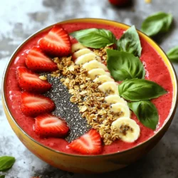 To make the perfect strawberry basil smoothie bowl, you need these ingredients: - 2 cups fresh strawberries, hulled and halved - 1 ripe banana, frozen - 1/2 cup Greek yogurt - 1/2 cup almond milk (or milk of choice) - 1 tablespoon honey or maple syrup (optional, to taste) - 1/4 cup fresh basil leaves, packed - 1/4 cup granola (for topping) - 2 tablespoons chia seeds (for topping) - Extra strawberries and basil for garnish Each of these items brings its own flavor and texture. The strawberries provide sweetness and a rich red color. The frozen banana adds creaminess. Greek yogurt gives protein and tang. Almond milk helps blend everything smoothly. - Strawberries: High in vitamin C, fiber, and antioxidants. Great for skin health. - Banana: Offers potassium and energy. It helps keep you full. - Greek Yogurt: Packed with protein. Good for muscles and gut health. - Almond Milk: Low in calories and dairy-free. A good source of vitamin E. - Honey or Maple Syrup: Natural sweeteners that add flavor and energy. - Basil: Contains vitamins A and K. It has anti-inflammatory properties. - Granola: Provides fiber and a satisfying crunch. - Chia Seeds: High in omega-3s and fiber. They help with digestion. These ingredients make this smoothie bowl not just tasty but also healthy. If you need to change some ingredients, here are some great swaps: - Strawberries: Use raspberries, blueberries, or peaches for a different taste. - Banana: Replace with avocado for creaminess without the sweetness. - Greek Yogurt: Use coconut yogurt for a dairy-free option. - Almond Milk: Any milk works, like oat, soy, or regular dairy milk. - Honey or Maple Syrup: Try agave syrup or stevia for lower calories. - Basil: Mint or spinach can offer a fresh twist. - Granola: Use nuts or seeds for crunch without grains. - Chia Seeds: Flaxseeds work well too. These substitutions keep the essence of the recipe while allowing you to cater to your tastes or dietary needs. For the full recipe, you can refer to the earlier section. Start by gathering your ingredients for the smoothie base. You’ll need fresh strawberries, a ripe frozen banana, Greek yogurt, almond milk, honey (if you want it sweeter), and fresh basil leaves. 1. Hulled Strawberries: Remove the green tops from the strawberries and slice them in half. This makes blending easier. 2. Frozen Banana: Use a ripe banana that you froze earlier. It adds creaminess and natural sweetness. 3. Combine Ingredients: In your blender, add the halved strawberries, frozen banana, Greek yogurt, and almond milk. Add honey if you desire more sweetness. Finally, toss in fresh basil leaves for that unique flavor. To make your smoothie bowl creamy, blend it well. Here are some tips: - Start Slow: Begin blending on a low speed. This helps mix the ingredients without splashing. - Scrape Sides: Stop the blender and scrape down the sides as needed. This ensures everything mixes evenly. - Adjust Consistency: If the mixture is too thick, pour in a bit more almond milk. Blend again until smooth and creamy. How you serve your smoothie bowl matters! Here’s how to make it look great: - Use Bowls: Pour the blended smoothie mixture into nice serving bowls. - Add Toppings: Top with granola, chia seeds, and extra strawberry slices. Garnish with fresh basil leaves for aroma. - Color Contrast: Arrange toppings in patterns for visual appeal. This makes your bowl look even more delicious. For the complete recipe, check out the Full Recipe. Enjoy your refreshing Strawberry Basil Smoothie Bowls! To make the best strawberry basil smoothie bowls, you need good strawberries. Look for bright red berries. They should feel firm but not hard. Avoid berries with green spots or soft spots. Smell them too; sweet scents mean they are ripe. Buy organic strawberries if you can. They often taste better and help the planet. Blending is key for a smooth, creamy bowl. Start by adding your soft ingredients first. This includes the Greek yogurt and banana. Then, add your strawberries and basil. Pour in your almond milk last. This helps everything blend well. Blend on high until smooth. If it is too thick, add a splash of milk. Stop and scrape the sides to ensure everything mixes well. Taste your smoothie before serving. If it needs more sweetness, add honey or maple syrup. Start with a small amount and blend again. Remember, you can always add more, but you can't take it out! Keep in mind that ripe strawberries are naturally sweet too. This can help you decide how much extra sweetness you need. For the full recipe, check out the Strawberry Basil Bliss Smoothie Bowls section. {{image_2}} You can switch up the flavors in your smoothie bowl. Instead of strawberries, try other berries like blueberries or raspberries. They add a nice sweet and tart taste. You can also use peaches for a fresh twist. Just slice them and toss them into the blender. Each fruit gives a different vibe to your bowl. If you want to keep it dairy-free, use coconut yogurt or cashew yogurt. Both options work great and offer a creamy texture. You can also swap Greek yogurt for silken tofu. It blends well and adds a nice protein boost without the dairy. Almond milk is my go-to, but oat milk or soy milk can work too. To amp up the nutrition, add superfoods like spinach or kale. They blend in well and you won’t taste them. You can also toss in a scoop of protein powder for extra energy. Chia seeds are great too; they add a dose of fiber and omega-3s. These small changes can make your smoothie bowl even healthier. Feel free to explore these variations to find your perfect blend. Check out the Full Recipe for more ideas! After you enjoy your strawberry basil smoothie bowls, you might have some left. Store any leftovers in an airtight container. This keeps the flavors fresh. Place it in the fridge. Use these bowls within two days for the best taste. If the smoothie thickens, stir in a bit of almond milk before serving again. If you want to save your smoothie bowls for later, freezing is a great choice. Pour the smoothie mixture into ice cube trays or freezer-safe containers. Once frozen, you can pop out the cubes and store them in a bag. When you want one, blend the cubes with a bit of almond milk. This creates a quick, refreshing snack. You can also keep toppings separate until you're ready to eat. Strawberry basil smoothie bowls taste best fresh. When stored in the fridge, they stay good for about two days. If frozen, they can last up to three months. Always check for any off smells or changes in color. This ensures you enjoy them at their best. For the full recipe, visit the main article. Yes, you can use frozen strawberries. They make the smoothie cold and thick. Frozen berries may change the texture slightly but will still taste great. If you use frozen strawberries, you might not need the frozen banana. Blend them together and enjoy! If you want a substitute for Greek yogurt, try regular yogurt. You can also use dairy-free yogurt made from almonds or coconuts. These options will keep the smoothie creamy. You might want to adjust the sweetness based on the yogurt you pick. To make a vegan version, use plant-based yogurt and almond milk. Replace honey with maple syrup for sweetness. This way, you keep all the flavor while sticking to a vegan diet. You’ll still get a tasty, fresh, and creamy bowl. For the full recipe, check out the Strawberry Basil Bliss Smoothie Bowls. In this article, we explored how to make delicious Strawberry Basil Smoothie Bowls. We broke down key ingredients and their health benefits. I shared tips for blending, presentation, and ingredient substitutions. Plus, you learned about fun variations and storage tips. Keep experimenting with flavors and textures. Enjoy creating your own smoothie bowls. Eating healthy can be tasty and fun!