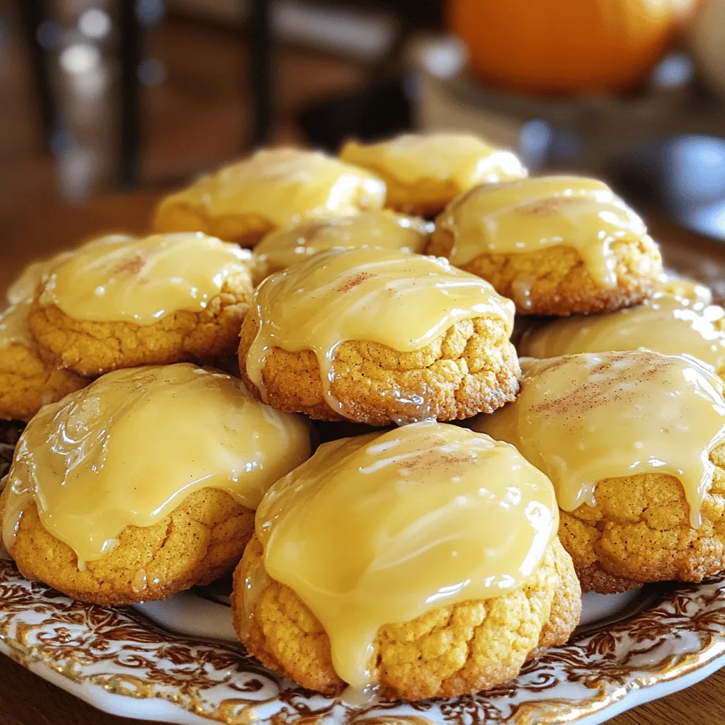 - 1 cup canned pumpkin puree - 1/2 cup unsalted butter, softened - 1 cup granulated sugar - 1/4 cup brown sugar, packed - 2 large eggs - 1 teaspoon vanilla extract - 2 cups all-purpose flour - 1 teaspoon baking soda - 1/2 teaspoon baking powder - 1 teaspoon ground cinnamon - 1/2 teaspoon ground nutmeg - 1/4 teaspoon ground ginger - 1/4 teaspoon salt The heart of these cookies is the canned pumpkin puree. It gives them a soft texture and a warm flavor. Use unsalted butter for better control over the saltiness. The mix of granulated and brown sugar adds sweetness and depth. Essential spices like cinnamon, nutmeg, and ginger create that cozy autumn vibe. - 1 cup powdered sugar - 2 tablespoons maple syrup - 2 tablespoons milk (or more for desired consistency) - A pinch of salt This icing is simple yet delightful. The powdered sugar makes it sweet and smooth. Maple syrup adds a rich flavor, perfect with pumpkin. Milk adjusts the icing's thickness; add more for a drizzle. A pinch of salt balances the sweetness well. You can find the full recipe to make these soft pumpkin cookies and icing. Enjoy baking! 1. Start by creaming the butter and sugars. In a large bowl, mix 1/2 cup of softened unsalted butter, 1 cup of granulated sugar, and 1/4 cup of brown sugar. Beat them until the mix is light and fluffy. This step adds air, which makes the cookies soft. 2. Next, mix in the canned pumpkin puree, eggs, and vanilla extract. Add 1 cup of pumpkin puree, 2 large eggs, and 1 teaspoon of vanilla. Stir until everything blends well. The pumpkin keeps the cookies moist. 3. Now, combine the dry ingredients. In a separate bowl, whisk together 2 cups of all-purpose flour, 1 teaspoon of baking soda, 1/2 teaspoon of baking powder, and spices: 1 teaspoon of ground cinnamon, 1/2 teaspoon of ground nutmeg, 1/4 teaspoon of ground ginger, and 1/4 teaspoon of salt. Slowly mix this into the wet ingredients. Be careful not to overmix; you want it just combined. 1. Preheat your oven to 350°F (175°C). Line a baking sheet with parchment paper to prevent sticking. 2. Drop the dough onto the baking sheet. Use rounded tablespoons of dough and leave some space between each cookie. They will spread while baking. 3. Bake the cookies for 10-12 minutes. The edges should be lightly golden, while the centers remain soft. This softness is normal and gives the cookies their signature texture. 1. While the cookies cool, whisk the icing ingredients. In a small bowl, mix 1 cup of powdered sugar, 2 tablespoons of maple syrup, 2 tablespoons of milk, and a pinch of salt. Whisk until smooth. 2. Adjust the icing consistency. If it’s too thick, add more milk, a teaspoon at a time. You want it to drizzle easily over the cookies. For the full recipe, you can refer to the recipe card above. Enjoy these soft pumpkin cookies with icing as a perfect treat! - Ensuring proper mixing: Start by creaming the butter and sugars until fluffy. This step adds air, making your cookies soft. Mix in the pumpkin, eggs, and vanilla next. Then, add the dry ingredients slowly. Stir just until combined; don’t overmix. - Baking time adjustments: Each oven can be different. For this recipe, set your timer for 10-12 minutes. Check for lightly golden edges. The centers should look soft and slightly puffy. They will firm up as they cool. - Cooling tips for soft texture: Let cookies cool on the baking sheet for 5 minutes. This helps them stay soft. Then, transfer them to a wire rack to cool completely. This step is key for keeping that perfect texture. - Achieving the right icing consistency: Mix powdered sugar, maple syrup, and milk until smooth. If it's too thick, add a bit more milk. The icing should be pourable but not runny. - Drizzling vs. spreading the icing: For a drizzle, use a spoon or piping bag. If you want a thicker layer, spread it with a knife. Both methods look great and taste delicious. Choose what you like best! - Storage tips for icing leftovers: If you have extra icing, store it in an airtight container. It can sit in the fridge for up to a week. Before using, stir it well. You may need to add a splash of milk to get it back to the right consistency. For the full recipe, check the detailed instructions above. {{image_2}} You can change the taste of your cookies in fun ways. Adding chocolate chips gives a sweet, rich flavor. Try mixing in a cup of semi-sweet chocolate chips. You can also add nuts, like walnuts or pecans, for a nice crunch. Just chop them small before mixing them in. Using different spices can make your cookies unique. Cloves and allspice add warmth and depth. Swap out some cinnamon for these spices in your dough. A pinch can transform the taste and surprise your friends. If you need gluten-free cookies, you can easily swap the flour. Use a gluten-free flour blend instead of all-purpose flour. Make sure it has a good mix of starches and proteins for texture. For vegan cookies, replace the butter and eggs. Use coconut oil or vegan butter in equal amounts for the butter. You can substitute eggs with flax eggs. Mix one tablespoon of flaxseed meal with three tablespoons of water. Let this sit for five minutes before adding it to your dough. These swaps keep the cookies soft and tasty. For the full recipe, check out the details above. You can store soft pumpkin cookies at room temperature for up to 5 days. Keep them in an airtight container to maintain freshness. If you want to extend their life, you can refrigerate them. Just make sure to use a container that seals tightly. This keeps the cookies soft and moist. You can freeze unbaked dough for up to three months. To do this, scoop the dough onto a baking sheet lined with parchment paper. Freeze the dollops until solid, then transfer them to a freezer bag. Label it with the date for easy tracking. For baked cookies with icing, wait until the icing has set. Then, place the cookies in a single layer in a freezer-safe container. Layer them with parchment paper to avoid sticking. They will stay fresh for about two months. When ready, thaw them in the fridge overnight before serving. You can check the Full Recipe for detailed steps on making these delicious cookies. Enjoy! You can tell when your pumpkin cookies are done by looking at them closely. The edges should be a light golden color. The center will look soft and might seem a bit undercooked, which is okay. They will firm up as they cool. If you press lightly on the cookie, it should not feel doughy. Yes, you can use fresh pumpkin! Start by cooking your pumpkin until it's soft, then mash it. Make sure to remove as much water as possible. Fresh pumpkin may be less sweet, so you might want to add a bit more sugar. Check the texture to ensure it matches canned pumpkin puree, which should be smooth and thick. If your icing is too runny, don’t worry! You can thicken it easily. Add more powdered sugar, a little at a time, until it reaches your desired thickness. If you want to adjust it for drizzling, add a bit of milk. Just remember, a small amount goes a long way. Keep mixing until it looks smooth and glossy. For the full recipe, check out the detailed instructions above to make these delightful soft pumpkin cookies with icing! In this blog post, we explored the key ingredients for soft pumpkin cookies and sweet maple icing. I shared step-by-step instructions, helpful baking tips, and exciting variations you can try. Remember to mix well and watch your baking time for perfect results. You can also adjust the icing for your taste. Baking these delicious cookies should be fun and rewarding. Enjoy your time in the kitchen, and share these treats with friends and family!