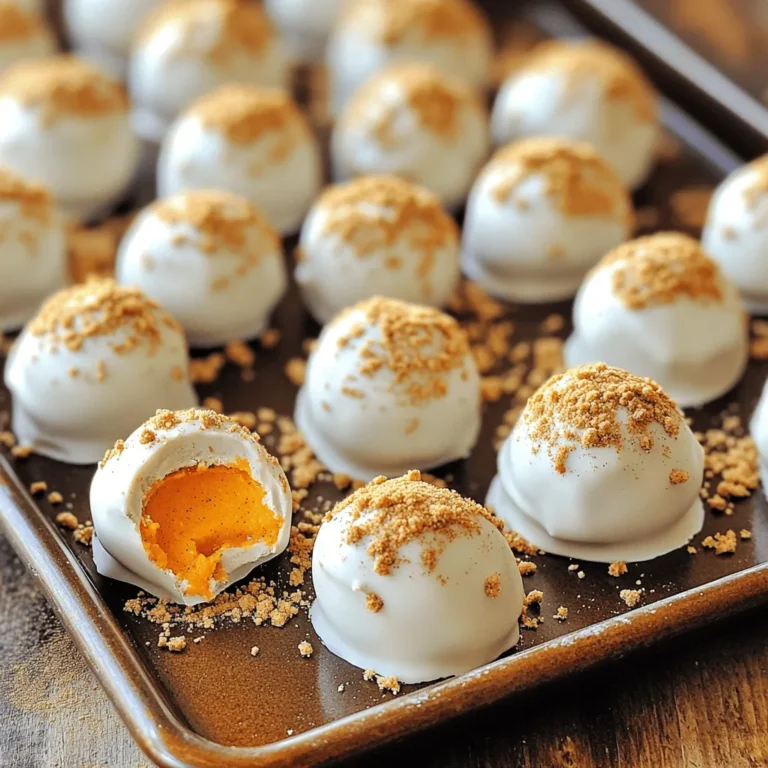 - 1 package Oreo cookies (15.35 oz) - 1 cup pumpkin puree - 1 teaspoon pumpkin pie spice - 8 oz cream cheese, softened - 1 cup white chocolate chips - 1 tablespoon coconut oil - Optional: crushed graham crackers and pumpkin pie spice for coating To create Pumpkin Oreo Truffles, you need a few simple items. First, grab a package of Oreo cookies. The classic flavor works best for this treat. You'll also need pumpkin puree, which gives the truffles a rich, fall flavor. Pumpkin pie spice adds warmth and depth to your mix, while softened cream cheese provides a creamy texture. You will want white chocolate chips for the coating. They melt easily and add a sweet touch. A bit of coconut oil will help the chocolate melt smoothly. If you like, you can add crushed graham crackers and extra pumpkin pie spice for a fun finish on the outside. This list is short and sweet, yet each ingredient plays an important role in making these truffles a standout dessert. For the full recipe, check the details above. - First, place the Oreo cookies in a food processor. - Pulse them until they are finely crushed. - In a medium bowl, combine the crushed Oreos with pumpkin puree, pumpkin pie spice, and softened cream cheese. - Mix until the ingredients form a dough-like consistency. - Now, using a small cookie scoop or your hands, form the mixture into small balls. - Each ball should be about 1 inch in diameter. - Place the balls on a lined baking tray. - Freeze the truffle balls for about 30 minutes, or until firm. - While the truffles chill, melt white chocolate chips and coconut oil. - Use a microwave-safe bowl and heat in 30-second intervals, stirring until smooth. - Dip each truffle into the melted white chocolate. - Allow any excess to drip off before placing them back on the tray. - For a nice finish, sprinkle crushed graham crackers and pumpkin pie spice on top. - Let the chocolate harden in the fridge for at least 15 minutes. For the full recipe, check the details above. Enjoy making these sweet treats! To get the best texture, make sure your cream cheese is softened. Cold cream cheese makes it hard to mix. Leave it out for about 30 minutes before you start. When you mix the Oreo crumbs, pumpkin puree, and cream cheese, blend them well. I like using a sturdy spatula. This helps you reach a dough-like feel. If it seems too dry, add a touch more pumpkin puree. Melting white chocolate can be tricky. I use the microwave for this. Place the white chocolate chips and coconut oil in a bowl. Heat them in 30-second bursts. Stir after each time you heat it. This keeps the chocolate from burning. If it gets too hot, it will seize up. If that happens, it’s hard to fix. Want to spice it up? You can add a few extras. Try mixing in some cinnamon or nutmeg for warmth. If you like crunch, toss in some crushed nuts. You can also use different spices. A pinch of ginger can give a nice twist. For a fun topping, try crushed graham crackers. They add a great texture. I also suggest a sprinkle of pumpkin pie spice on top for extra flavor. For the complete details, check out the Full Recipe. {{image_2}} You can change the flavor of your Pumpkin Oreo truffles easily. Use different cookie flavors like Mint Oreos for a fresh twist. You can also mix in spices like cinnamon or nutmeg. These spices add warmth and depth to the truffles. Experimenting with flavors keeps things exciting and fun! You can get creative with toppings for your truffles. Instead of just graham crackers, try adding chocolate sprinkles or chopped nuts. These will give your treats extra crunch and flavor. Another unique idea is to dust the truffles with cocoa powder. This adds a rich taste that pairs well with pumpkin. If you need gluten-free options, use gluten-free Oreos. They will work just as well and taste great. For vegan alternatives, substitute cream cheese with a vegan option. You can also use dairy-free chocolate for coating. These adjustments make the truffles accessible for everyone to enjoy. For a full recipe of these delightful treats, check out the [Full Recipe]. After making your Pumpkin Oreo truffles, you want to store them right. The fridge is great for short-term storage. Keep them in an airtight container to prevent them from drying out. If you want to save your truffles for longer, the freezer is the best choice. Just place them in a freezer-safe container. This keeps them fresh and tasty. In the fridge, your truffles will last about a week. If you want them to stay fresh longer, consider adding a layer of wax paper between each truffle. This helps keep them from sticking together. In the freezer, they can last up to three months. Just make sure to label the container with the date. To freeze your truffles, first, let them chill in the fridge for at least 15 minutes. Then, transfer them to a freezer-safe container. Make sure to layer them with wax paper. This prevents sticking. When you want to enjoy them, take out how many you need. Let them thaw in the fridge for a few hours. Avoid thawing at room temperature to keep the texture smooth. Try these tips to keep your Pumpkin Oreo truffles delicious and ready to enjoy! For the full recipe, check out the instructions above. Yes, you can make Pumpkin Oreo Truffles ahead of time. I often prepare them a day or two before serving. This helps the flavors meld together. You can store them in the fridge until you're ready. Just make sure they are in an airtight container. If you want to keep them longer, freeze them. Just let them thaw in the fridge for a few hours before serving. To keep leftover truffles fresh, place them in an airtight container. Store them in the fridge if you plan to eat them within a week. If you have more time, you can freeze them. Just make sure to wrap each truffle in plastic wrap before putting them in a freezer bag. This keeps them from getting freezer burn. You can use low-fat cream cheese, but it may change the texture. The truffles might not be as creamy. They could also taste less rich. If you try this, make sure to mix well to combine everything. This helps maintain a nice texture. You now have a simple guide to making Pumpkin Oreo Truffles. We covered ingredients, preparation steps, and storage tips. Plus, you learned how to change flavors and adapt for diets. These truffles are fun to make and share. They add a tasty twist to your dessert table. Enjoy your cooking and impress your friends with this easy recipe. Happy truffle making!