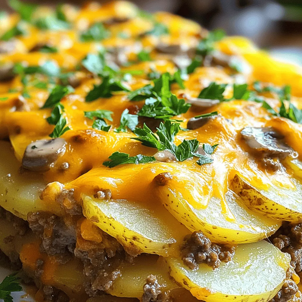 - 1 pound ground beef - 4 medium-sized potatoes, thinly sliced - 1 large onion, diced - 2 cloves garlic, minced - 1 cup frozen mixed vegetables (peas, carrots, corn) - 1 can (10.5 oz) cream of mushroom soup - 1 cup shredded cheddar cheese - 1 tablespoon Worcestershire sauce - 1 teaspoon dried thyme - 1 teaspoon smoked paprika - Salt and pepper to taste - Olive oil for sautéing Gathering these ingredients is the first step to making this tasty casserole. The ground beef makes the dish hearty. The potatoes provide a comforting base. Adding mixed vegetables gives it color and nutrition. The cream of mushroom soup adds richness and binds everything together. - Large skillet - Mixing bowl - 9x13 inch casserole dish - Aluminum foil You will need a large skillet to cook the beef and veggies. A mixing bowl helps combine all the ingredients. A 9x13 inch casserole dish is perfect for baking. Aluminum foil keeps the casserole moist while cooking. These tools make the process easy and fun. For the full recipe, check out the [Full Recipe]. - Preheat oven to 375°F (190°C). - Sauté onion and garlic until translucent. Start by preheating your oven. This step is key for even cooking. While that's warming up, grab a large skillet. Drizzle some olive oil in it and heat it over medium-high heat. Add the diced onion and minced garlic. Stir them around until the onion looks clear, which should take about 3 to 4 minutes. - Add ground beef to skillet and cook until browned. - Stir in seasonings and Worcestershire sauce. Now, it’s time for the star of the show! Add the ground beef to your skillet. Break it up with a spatula. Cook it until it turns nice and brown, which will take about 5 to 7 minutes. If you see any extra fat, drain it out. After that, mix in your Worcestershire sauce, dried thyme, smoked paprika, and a sprinkle of salt and pepper. Give it a good stir and let it cook for another 2 minutes. - Combine sliced potatoes, mixed vegetables, and beef mixture. - Mix in cream of mushroom soup. In a large mixing bowl, take the thinly sliced potatoes and frozen mixed veggies. Add in that beef mixture from the skillet. Then, pour in the cream of mushroom soup. Mix everything until all the ingredients are well coated. - Transfer mixture to casserole dish, cover with foil, and bake. - Remove foil, add cheese, and continue baking. Next, grab a greased 9x13 inch casserole dish. Spoon the mixture into it, spreading it out evenly. Cover the dish with aluminum foil and pop it in your preheated oven. Bake for 45 minutes. After that time is up, carefully remove the foil and sprinkle shredded cheddar cheese on top. Bake for another 15 minutes until the cheese is melted and bubbly. For the complete cooking process and more details, check out the Full Recipe. Enjoy your delicious Hobo Ground Beef & Potato Casserole! - Slice potatoes thinly for even cooking. Thin slices cook faster and mix well. - Drain excess fat from beef. This keeps the dish lighter and healthier. - Garnish with fresh parsley for a pop of color and flavor. - Pair the casserole with a crisp green salad for balance and crunch. - Do not overcook potatoes. They should be tender but not mushy. - Avoid skipping seasoning adjustments. Taste as you go for the best results. You can find the full recipe above to get started on this tasty dish! {{image_2}} You can easily swap the ground beef for other meats. Try ground turkey or chicken for a lighter dish. Both options work well and keep the flavor strong. For those avoiding dairy or gluten, use dairy-free cheese or gluten-free soup. These swaps still keep the casserole tasty and satisfying. To enhance the flavor, add herbs like oregano or basil. Just a pinch can change the whole dish! You can also mix in other vegetables, such as bell peppers or zucchini. These add color and crunch, making your casserole even more appealing. When you have leftovers, think about turning them into individual servings. Just scoop some into small dishes for a quick meal. You can also add fun toppings. Try crispy onions or a dollop of sour cream. These small changes can make each serving feel special. For the full recipe, check out the Comforting Hobo Ground Beef & Potato Casserole. After enjoying your Hobo Ground Beef & Potato Casserole, store any leftovers right away. Let the dish cool to room temperature first. Then, transfer it to an airtight container. This keeps it fresh and prevents odors from mixing. The casserole can stay in the fridge for up to three days. Be sure to label the container with the date. If you want to save some for later, freezing is a great option. You can freeze the assembled casserole before baking. Wrap it tightly in plastic wrap and then in foil. If you have cooked leftovers, let them cool fully before freezing. Place them in an airtight container. This way, they last for up to three months. When you're ready to eat, thaw it overnight in the fridge. You can reheat your casserole in two ways: the oven or the microwave. Using the oven keeps the texture and flavor better. Preheat your oven to 350°F (175°C). Cover the dish with foil and heat for about 25-30 minutes. For the microwave, place a serving in a bowl and cover it with a microwave-safe lid. Heat it for 2-3 minutes, stirring halfway. Just be careful not to overheat it. Both methods will bring back the delicious taste of your casserole. To make this tasty casserole, follow these steps: 1. Preheat your oven to 375°F (190°C). 2. Heat olive oil in a large skillet over medium-high heat. 3. Sauté diced onion and minced garlic until the onion is clear. 4. Add ground beef. Cook it until it is brown and no longer pink. 5. Stir in Worcestershire sauce, thyme, smoked paprika, salt, and pepper. 6. In a bowl, combine thinly sliced potatoes, frozen mixed veggies, and beef mix. 7. Pour in cream of mushroom soup and mix well. 8. Spread the mixture in a greased 9x13 inch casserole dish. 9. Cover with foil and bake for 45 minutes. 10. Remove foil, add cheese, and bake for another 15 minutes. 11. Let it cool for a few minutes before serving. You can find the Full Recipe for more details. Yes, you can prepare this casserole ahead of time. - Preparation: Cook the beef and vegetable mix. Combine it with potatoes and soup. - Storage: Place the mix in a casserole dish. Cover it tightly with foil or plastic wrap. - Refrigeration: Store it in the fridge for up to two days. When ready to bake, remove it from the fridge and let it sit at room temperature for 30 minutes. Then, bake as directed. If you want a different taste, here are some good options: - Cream of Chicken Soup: This works well and gives a nice flavor. - Cream of Celery Soup: This adds a unique twist while keeping it creamy. - Homemade Mushroom Sauce: You can make a simple sauce with sautéed mushrooms and cream if you prefer freshness. Check the casserole for these signs: - Potato Tenderness: Use a fork to poke the potatoes. If they are soft, it’s ready. - Cheese Melting: The cheese should be bubbly and slightly golden on top. Let it cool a few minutes before serving. Enjoy your delicious meal! In this blog post, we explored a tasty Hobo Ground Beef & Potato Casserole. You learned about key ingredients and simple steps to make it. Cooking tips helped ensure your dish comes out just right. We also discussed how to store, freeze, and reheat leftovers. Remember, feel free to swap ingredients for your taste. With lots of options, this dish can fit anyone's needs. Enjoy making this easy and comforting meal with family and friends.