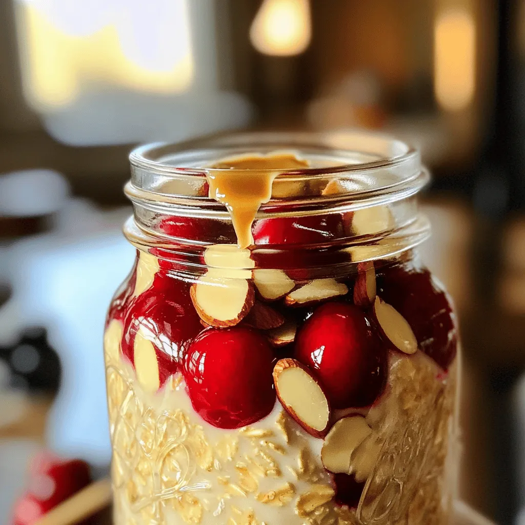 - 1 cup rolled oats - 2 cups almond milk - 1 scoop vanilla protein powder The base of this recipe is simple and healthy. Rolled oats offer fiber and energy. Almond milk adds creaminess without dairy. Vanilla protein powder boosts protein, making your breakfast more filling. - 1 cup fresh or frozen cherries - 2 tablespoons almond butter - 1 tablespoon chia seeds Cherries bring a sweet and tart flavor. They also add color and nutrients. Almond butter gives a rich taste and healthy fats. Chia seeds add a fun texture and more fiber. - 1 tablespoon maple syrup - 1 teaspoon vanilla extract - Sliced almonds for topping You can add maple syrup for extra sweetness. Vanilla extract enhances the flavor of your oats. Sliced almonds on top add a nice crunch and look great. For the full recipe, check out the instructions provided. 1. Start by mixing the base ingredients. In a large bowl, add 1 cup of rolled oats, 2 cups of almond milk, and 1 scoop of vanilla protein powder. Stir it well. Make sure the protein powder blends smoothly with the oats and milk. This step is key for a creamy texture. 2. Next, incorporate flavor enhancers. Add 2 tablespoons of almond butter, 1 tablespoon of chia seeds, and 1 tablespoon of maple syrup if you want it sweeter. Pour in 1 teaspoon of vanilla extract for extra flavor. Mix everything until it feels smooth and creamy. 3. Now, gently fold in the cherries. You can use either fresh or frozen cherries. Halve them first. This way, they mix evenly in the oats. Make sure the cherries are distributed well throughout the mixture. This adds a burst of flavor in each bite. 1. After preparing the mixture, transfer it to a container. A mason jar or airtight container works best. Seal it tightly. This helps keep the oats fresh while they soak overnight. 2. The importance of overnight soaking cannot be stressed enough. It allows the oats to absorb the liquid. This makes them soft and ready to eat in the morning. Let the mixture sit in the refrigerator for at least 6 hours, but overnight is best. 1. When ready to serve, give the oats a good stir. This helps mix everything together again. If the oats feel too thick, add a splash of almond milk. This will adjust the consistency to your liking. 2. For topping ideas, I suggest using sliced almonds and extra cherries. This adds crunch and visual appeal. You can also try a drizzle of almond butter for more flavor. Enjoy your nutritious breakfast! For the complete recipe, check out the Full Recipe section. To make your Overnight Cherry Almond Protein Oats perfect, mixing is key. First, add the protein powder slowly. Stir well until it blends smoothly with the oats and almond milk. This step helps avoid clumps. Next, choose a good almond milk. Unsweetened options keep it healthy. If you prefer a sweeter taste, consider flavored almond milk. You can adjust the sweetness by adding maple syrup. Start with one tablespoon and taste. If you want it sweeter, add more. Feel free to switch fruits too! Try bananas or berries for a fun twist. You can also use different nut butters, like peanut or cashew butter, for varied flavors. When serving, think outside the bowl. Use mason jars or clear cups to show off the layers. For a pretty touch, garnish with extra cherries and a sprinkle of sliced almonds on top. This not only looks great but adds crunch and taste too. Enjoy making your meal beautiful as well as delicious! {{image_2}} You can play with flavors in your overnight oats. One fun option is chocolate cherry protein oats. Just add cocoa powder to the base mix. This gives you a rich, chocolatey taste that pairs well with cherries. You can also try tropical cherry protein oats. Swap cherries for fresh pineapple or mango. This brightens the dish and adds a fun twist. If you want to change the protein powder, you can use plant-based or whey powder. Each type adds a different taste and texture. You can also choose dairy-free milk. Almond milk is great, but oat or coconut milk works too. Go for what you like best. You can switch up the fruit based on what's in season. In summer, try strawberries or peaches instead of cherries. In fall, think about using diced apples or pears. You can also change the nuts you use. If you can't find almonds, walnuts or pecans make good options. These choices keep your oats fresh and exciting. For the full recipe, check out the detailed steps above! For Overnight Cherry Almond Protein Oats, choose airtight containers. These keep the oats fresh longer. Glass containers are great, but I love using mason jars. They seal well and look cute too! You can store these oats in the fridge for up to five days. After that, they may spoil. Look for changes in color or a sour smell. If you see any mold, toss them out. You can enjoy your oats cold right from the fridge. If you like them warm, heat them in the microwave. Add a splash of almond milk for better texture when reheating. This keeps them creamy and delicious. Enjoy your tasty meal! Yes, you can skip the protein powder. To add protein, use Greek yogurt or cottage cheese. Both options mix well and add creaminess. You can also add nuts or seeds for extra protein without changing the flavor too much. To make more servings, double or triple the ingredients. For example, if you want to serve four, just use two cups of oats and four cups of almond milk. Keep the ratios the same for the other ingredients. This way, you get the perfect flavor. This recipe is healthy and filling. A serving has about 300-400 calories, depending on the toppings. Each bowl gives you around 15-20 grams of protein, which is great for muscle repair. Benefits include: - Oats: They are high in fiber. They help with digestion and keep you full. - Cherries: They are rich in antioxidants. They may help reduce inflammation. - Almond Butter: It has healthy fats and adds creaminess. This nut butter also provides extra protein. Overnight Cherry Almond Protein Oats combine nutrition and taste. We covered the main and optional ingredients, preparation steps, and tips for success. You can easily customize your oats, using different fruits or nut butters. Remember to store them properly and watch for spoilage. This recipe offers a simple way to enjoy a healthy breakfast. Experiment with flavors and enjoy the benefits of a good start to your day. Cooking should be fun, and these oats make it easy. Enjoy your delicious creation!