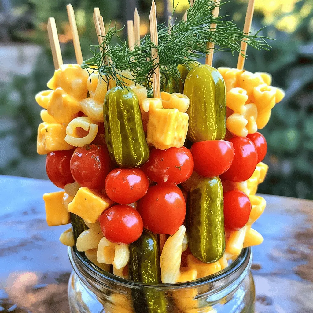- 1 cup elbow macaroni - 1 cup dill pickles, chopped - 1/2 cup cherry tomatoes, halved - 1/2 cup cheddar cheese, cubed - 1/4 cup red onion, finely sliced - 1/4 cup Greek yogurt - 1 tablespoon Dijon mustard - 1 tablespoon fresh dill, chopped - Salt and pepper to taste - Wooden skewers - Metal skewers Gather these ingredients to make pickle pasta skewers. The elbow macaroni serves as the base. Dill pickles add a tangy crunch. Cherry tomatoes bring freshness, while cheddar cheese adds creaminess. Red onion gives a slight bite. Greek yogurt acts as a smooth dressing, enriched with Dijon mustard and fresh dill. These flavors create a perfect balance. When it comes to skewers, you can use either wooden or metal options. Wooden skewers are easy to find and disposable, while metal skewers are reusable and eco-friendly. Choose what works best for you! If you want the full recipe, check out the section on step-by-step instructions. These ingredients will help you create a fun dish that everyone will love! To cook elbow macaroni, bring a large pot of salted water to a boil. Add 1 cup of elbow macaroni. Cook it according to the package instructions. The pasta should be tender but firm when done. After cooking, drain the pasta in a colander. Rinse the pasta under cold water. This stops the cooking process and cools it down for the salad. In a large mixing bowl, combine the cooked macaroni with the following ingredients: - 1 cup dill pickles, chopped - 1/2 cup cherry tomatoes, halved - 1/2 cup cheddar cheese, cubed - 1/4 cup red onion, finely sliced Next, make the dressing. In a small bowl, whisk together: - 1/4 cup Greek yogurt - 1 tablespoon Dijon mustard - 1 tablespoon fresh dill, chopped - Salt and pepper to taste Mix until smooth. Pour this dressing over the pasta and gently toss everything together until coated. Now, it’s time to skewer! Grab your skewers and begin threading the pasta mixture onto them. Alternate with extra pieces of dill pickles, cherry tomatoes, and cheddar cubes. This not only adds flavor but also makes the skewers colorful. For a uniform presentation, try to keep the pieces the same size. Finally, arrange the completed skewers on a platter. You can chill them in the fridge for about 30 minutes to enhance the flavors, if you like. To boost flavor, try adjusting your seasoning. Adding a pinch of garlic powder can give your skewers a nice kick. You can also sprinkle in some smoked paprika for a warm, earthy taste. Marinating the ingredients can deepen their flavor. Toss the cherry tomatoes and pickles in a little olive oil and dill before mixing them with the pasta. Let them sit for about 15 minutes. This simple step makes a big difference. Serve your pickle pasta skewers with a side of ranch or a tangy vinaigrette. These dips enhance the flavors and add a creamy element. For a fun display, arrange the skewers in a tall glass. You can even garnish with extra dill on top. This not only looks great but adds fragrance too. Grilling your skewers can add a smoky flavor. Simply preheat the grill and cook them for about 5 minutes on each side. This method gives the pasta a nice char. If you prefer a cold snack, serve the skewers straight from the fridge. They stay fresh and crunchy. These are perfect for warm days or picnics. {{image_2}} You can change the pasta type for your pickle pasta skewers. Try penne, rotini, or even gluten-free pasta. Each type gives a different texture and taste. For cheese, cheddar is great, but you can mix it up. Use mozzarella for a milder flavor. Feta adds a salty kick. Goat cheese gives a creamy texture that many love. Spices and herbs can change the whole dish. Add garlic powder for a bit of zest. A dash of chili flakes brings heat. Fresh herbs like basil or parsley can brighten the skewers. Want more nutrition? Toss in veggies like bell peppers or cucumbers. They add color and crunch. You can even sneak in some spinach for extra greens. Make holiday-themed skewers for festive fun. Use red and green ingredients for Christmas. For Halloween, use orange cherry tomatoes and black olives. Kids love fun shapes! Use cookie cutters to cut cheese and veggies. They can help assemble the skewers, making it a fun activity. For the full recipe, check out the complete guide! To store leftover pickle pasta skewers, place them in an airtight container. This helps keep them fresh and tasty. Make sure to refrigerate them as soon as you can. If you have extra ingredients, keep them separate. This way, they stay fresh longer. Freezing pasta skewers is not the best option. The pasta can become mushy when thawed. Instead, focus on short-term storage. If you need to reheat them, gently warm them in the microwave for a few seconds. This keeps the flavors intact without overcooking. In the fridge, these skewers stay fresh for about three days. After that, the taste and texture may decline. Look for signs of spoilage, like a sour smell or slimy texture. If you notice these, it's best to throw them away. Enjoy the pickle pasta skewers while they're at their best! For the full recipe, check out the earlier sections. To make pickle pasta skewers vegetarian, you can add more veggies. Try using bell peppers, cucumbers, or zucchini. These veggies add color and crunch. You can also replace the cheese with plant-based options. Look for vegan cheese, or try using avocado for creaminess. Yes, you can prepare these skewers ahead of time. Aim to make them a few hours before serving. This allows the flavors to mix well. Store them in the fridge in an airtight container. This keeps them fresh until you're ready to enjoy. Many sauces go well with pickle pasta skewers. A classic choice is ranch dressing. It adds a creamy taste. You can also try a spicy mustard or a tangy vinaigrette. For a fun twist, mix Greek yogurt with herbs for a creamy dip. You now have a fun and tasty way to enjoy pickle pasta skewers. We covered essential ingredients, cooking steps, and even tips for flavor. Remember, you can mix it up with different ingredients or make it fit any theme. These skewers can impress at any gathering. Keep experimenting with flavors and presentations. Whether you serve them cold or grilled, you’ll have a hit on your hands. Enjoy creating and sharing these delightful snacks!