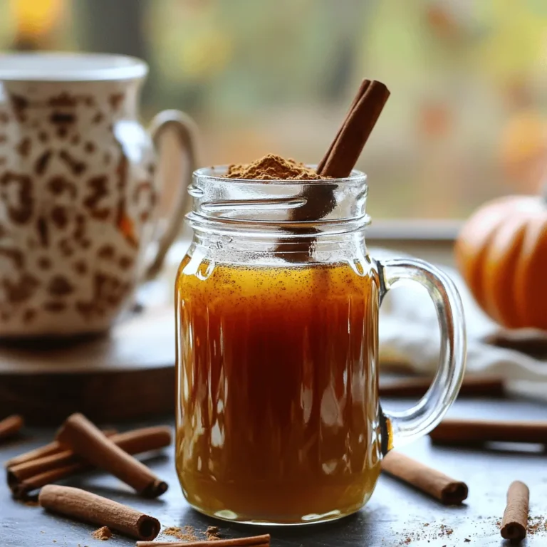 - 1 cup water - 1/2 cup brown sugar - 1/2 cup granulated sugar - 2 tablespoons loose black tea or 4 black tea bags - 3/4 cup pure pumpkin puree - 1 teaspoon ground cinnamon - 1/2 teaspoon ground nutmeg - 1/4 teaspoon ground ginger - 1/4 teaspoon ground cloves - 1 teaspoon vanilla extract To make pumpkin spice tea syrup, gather your ingredients first. Each one adds a cozy touch. The water acts as the base. Both sugars bring sweetness and depth. Black tea gives a rich flavor, while pumpkin puree adds creaminess. The spices turn this syrup into a warm hug in a jar. Vanilla extract ties it all together with a lovely aroma. Make sure to use pure pumpkin puree. This ensures the best taste and texture. You can find it in most stores. If you prefer, you can also make your own. Just cook and blend fresh pumpkin until smooth. This syrup is simple to prepare. Once you have your ingredients ready, you can follow the full recipe to create this delightful treat. 1. Bringing water to a boil Start by pouring 1 cup of water into a medium saucepan. Place it on the stove over medium heat. Wait until the water starts to boil gently. This step is key for dissolving the sugars. 2. Dissolving sugars Once the water is boiling, add 1/2 cup of brown sugar and 1/2 cup of granulated sugar. Stir well until the sugars are fully dissolved. This mix creates a sweet base for our syrup. 3. Steeping black tea Next, add 2 tablespoons of loose black tea or 4 black tea bags to the boiling water. Let it steep for about 5 minutes. If you use loose tea, make sure to strain it out after steeping. This tea adds depth to the syrup. 1. Incorporating pumpkin and spices After steeping, add 3/4 cup of pure pumpkin puree to the saucepan. Then, mix in 1 teaspoon of ground cinnamon, 1/2 teaspoon of ground nutmeg, 1/4 teaspoon of ground ginger, and 1/4 teaspoon of ground cloves. Whisk everything together until smooth. The spices bring warmth and flavor. 2. Simmering the mixture Lower the heat to a simmer. Let the mixture cook for about 10 minutes. Stir occasionally to prevent it from sticking. This step helps thicken the syrup and blend the flavors. 1. Straining and storing the syrup Once finished simmering, remove the saucepan from the heat. Stir in 1 teaspoon of vanilla extract for extra flavor. Let the syrup cool slightly, then strain it through a fine-mesh sieve into a jar. Discard any solids left behind. 2. Cool and refrigerate Allow the syrup to cool to room temperature. After that, seal the jar and place it in the fridge. Your syrup can stay fresh for up to 2 weeks. Enjoy your homemade Pumpkin Spice Tea Syrup in many drinks! For the full recipe, check out the earlier section. To make your pumpkin spice tea syrup even better, you can adjust the spice levels. If you like it spicier, add more cinnamon or ginger. For a milder taste, use less of these spices. You control the flavor, so taste as you go. Using quality tea types can also boost the flavor. I suggest using loose black tea for a rich taste. If you prefer tea bags, choose a brand known for its strong flavor. This choice will make your syrup shine. Serving your syrup can be just as fun as making it! Drizzle it over hot chai or lattes for a cozy treat. You can also use it in smoothies or pancakes. For garnishing, sprinkle some cinnamon on top or add a cinnamon stick. A slice of fresh pumpkin or a star anise can add a nice touch too. This way, your drink looks as good as it tastes! Pumpkin is not just tasty; it also has great nutritional advantages. It is full of vitamins A and C, which help your body stay healthy. Plus, pumpkin is low in calories, making it a smart choice. The spices in your syrup offer benefits too. Cinnamon can help balance blood sugar. Ginger may aid digestion. Nutmeg has calming effects. These spices not only taste good but can also support your health. {{image_2}} You can easily switch to organic ingredients for a healthier twist. For sweetening, try using organic sugars like coconut sugar or organic brown sugar. These options add a nice hint of flavor. For the pumpkin, choose organic pumpkin puree. It tastes fresher and is free from chemicals. If you want a sugar-free syrup, use substitutes like stevia or monk fruit. These sweeteners can match the taste of sugar without the calories. Begin with a small amount. Then, taste and adjust until you reach your desired sweetness. Get creative with flavor! You can add spices like cardamom or allspice for a warm kick. These spices mix well with pumpkin and tea. If you love herbal teas, try infusing the syrup with chamomile or rooibos. This adds a unique twist to your syrup, making it even cozier. For the complete recipe, check out the Full Recipe. To keep your pumpkin spice tea syrup fresh, use a clean glass jar. Glass prevents any reaction with the syrup. You can also use a plastic container with a tight lid. Make sure it is dry and clean before pouring in the syrup. After pouring, seal the container well to avoid air exposure. This helps maintain the flavor. In the fridge, this syrup lasts about two weeks. Keep it in the coldest part of your fridge for best results. After two weeks, check for any changes. If you see mold, or if the syrup smells off, it’s time to toss it. Fresh syrup will smell sweet and spicy. Enjoy your syrup in those first two weeks for the best taste. You can use Pumpkin Spice Tea Syrup in many fun ways. Here are some ideas: - Tea Beverages: Add a splash to your favorite black or chai tea. - Lattes: Mix it into steamed milk for a tasty pumpkin spice latte. - Cocktails: Drizzle it in cocktails for a cozy twist. - Oatmeal: Stir it into your morning oatmeal for a sweet kick. The syrup adds a warm, spiced flavor to any drink or dish. Yes, you can use Pumpkin Spice Tea Syrup in baking. Here are some ideas: - Muffins: Swap it for sugar in muffin recipes for a pumpkin flavor. - Cakes: Use it in cake batters or as a glaze for cakes. - Cookies: Add it to cookie dough for a fun twist on classic recipes. This syrup brings a warm, spiced taste to your baked goods. Yes, Pumpkin Spice Tea Syrup is vegan. Here’s why: - Plant-Based Ingredients: All the ingredients come from plants. - No Animal Products: It contains no eggs, milk, or honey. You can enjoy this syrup in your drinks or recipes without worry. This blog post covered the essential steps to make Pumpkin Spice Tea Syrup. You learned about the key ingredients and how to prepare, combine, and finalize the syrup. I shared tips for flavor enhancement, presentation, and health benefits, plus variations for organic and sugar-free options. In the end, this syrup can add warmth to drinks and recipes. Enjoy making it and share it with others!