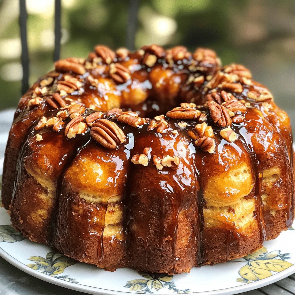 - 3 cans of refrigerated biscuit dough (16.3 oz each) - 1 cup pecans, chopped - 1 cup brown sugar - 1/2 cup unsalted butter, melted - 1/2 cup pure maple syrup - 2 teaspoons cinnamon - 1/2 teaspoon vanilla extract - Pinch of salt Choosing the right maple syrup is key. Look for pure maple syrup, not imitation. It adds real flavor. The best syrup is from the first run, so check labels. If you cannot find pecans, walnuts or almonds work well too. For those needing sugar substitutes, coconut sugar or brown rice syrup can be good choices. - Bundt pan - Mixing bowls - Cooking spray or butter for greasing Gather these tools before you start. A good bundt pan is essential for shape. You want the bread to rise and hold together well. Mixing bowls help keep your ingredients organized as you prep. Greasing the pan ensures the monkey bread releases easily after baking. First, preheat your oven to 350°F (175°C). This step is key for even baking. Next, grease your bundt pan with cooking spray or butter. A well-greased pan helps the monkey bread come out easily. In a medium bowl, mix together the chopped pecans, brown sugar, and cinnamon. Stir until everything is well combined. Set this mix aside; it will add great flavor to your monkey bread. Open your canned biscuit dough and separate the biscuits. You will need to cut each biscuit into quarters. This makes it easy to coat them later. In another bowl, mix the melted butter, maple syrup, vanilla extract, and a pinch of salt. Make sure everything is combined well. Dip each quartered biscuit piece into this butter-maple mix. Coat them fully, then roll them in the pecan-brown sugar mixture. This will give your monkey bread a tasty crunch. Start layering the coated biscuit pieces in your prepared bundt pan. Sprinkle some additional pecan and brown sugar mix between the layers. Keep adding until you use all the pieces. Once layered, pour any remaining butter-maple mixture over the top. This adds even more flavor and stickiness, which is what we want! Bake your monkey bread in the preheated oven for about 30-35 minutes. The top should be golden brown and the bread should pull away from the pan sides. To check for doneness, insert a toothpick into the center. If it comes out clean, your monkey bread is ready. Let it cool in the pan for 10 minutes, then invert it onto a platter. Allow it to cool for another 5-10 minutes before serving. This time helps the sticky topping set. For the full recipe, check the main section. To make the best sticky maple pecan monkey bread, focus on two key things: crust and sogginess. To avoid sogginess, make sure not to over-soak the biscuit pieces. A quick dip in the butter-maple mixture is all they need. This gives you a nice golden crust while keeping the inside soft. Let your monkey bread rest after baking. This helps the flavors blend well and improves the texture. A 10-minute cool time in the pan works wonders. It allows the sticky topping to set before you invert it. This monkey bread shines on its own, but you can make it even better. A drizzle of extra maple syrup adds sweetness. You can also serve it with cream cheese frosting for a rich touch. The tangy frosting balances the sweetness perfectly. For a fun twist, think about adding fresh berries on the side. They add a pop of color and flavor. Many home cooks face common issues when making monkey bread. One mistake is not greasing the bundt pan well. This can cause sticking, making it hard to flip. Always use cooking spray or butter generously. If your monkey bread is too dense, you may have overpacked the dough. Ensure you layer the biscuit pieces loosely. For different ovens, keep an eye on the baking time. If it bakes too fast, turn down the heat slightly. Following these tips will help you create a delicious sticky maple pecan monkey bread. For a complete guide, check out the Full Recipe! {{image_2}} You can change the taste of your sticky maple pecan monkey bread easily. Start by adding spices like nutmeg or ginger. These spices bring warmth and depth to each bite. You can also integrate chocolate chips or dried fruit. Chocolate adds a sweet twist, while dried fruit gives a chewy texture. Both options make your monkey bread unique and fun. If you want a healthier version, use whole wheat biscuit dough. This swap keeps the flavor but adds more fiber. You can also reduce the sugar or butter in the recipe. Lowering these ingredients still lets you enjoy the sweetness of the maple syrup. Taste tests can help you find the right balance while keeping it tasty. Monkey bread can change with the seasons. For the fall, try pumpkin spice monkey bread. This version adds warming spices and a hint of pumpkin flavor. In the summer, adding citrus zest gives a fresh twist. Lemon or orange zest brightens the dish and makes it feel light. Each season offers a chance to enjoy this treat in a new way. For the full recipe, refer to the recipe section above. To keep your sticky maple pecan monkey bread fresh, store it in an airtight container. Wrap it tightly with plastic wrap before placing it in the container. This helps keep moisture in and air out. If you have a lot left, consider dividing it into smaller portions. That way, you can enjoy a piece without exposing the whole thing to air. When it comes time to enjoy leftovers, the best way to reheat is in the oven. Preheat it to 350°F (175°C). Place the monkey bread on a baking sheet and cover it with foil. Heat for about 10-15 minutes or until warm. You can also microwave individual pieces for about 20-30 seconds. If you want to freeze your monkey bread, wrap it well in plastic wrap. Thaw it in the fridge overnight before reheating. Stored monkey bread will last about 3 days in the fridge. Check it for any signs of spoilage before eating. Look for a change in color, an off smell, or a dry texture. If you notice any of these signs, it’s best to discard it. Enjoy your delicious monkey bread while it’s fresh! To keep your monkey bread from being soggy, balance the butter and syrup. Use just enough syrup to coat the biscuit pieces. If you notice the dough is too wet, reduce the maple syrup a bit. Another key is to bake it well. A golden color means it is cooked right. Letting it cool slightly helps, too. This allows the sticky topping to set up, giving it a nice texture. Yes, you can prepare monkey bread ahead of time. You can assemble it the night before and let it chill in the fridge. Cover it tightly with plastic wrap. When you’re ready to bake, let it sit at room temperature for about 30 minutes. This way, it warms up for even cooking. If you have leftovers, store them in an airtight container. They will stay fresh for up to three days. Serve your monkey bread warm on a nice platter. Drizzle extra maple syrup on top for a sweet touch. Garnish with whole pecans for a pretty look. You can also add a side of cream cheese frosting for dipping. It adds a smooth and rich flavor that many enjoy. This makes your dish even more special for guests or family. You can certainly use homemade biscuit dough! It will taste fresher and more personal. If you go this route, watch the baking time. Homemade dough might need a bit longer to cook through. Check for doneness by inserting a toothpick. If it comes out clean, you’re good to go! Adjust the flavor by adding spices like nutmeg or vanilla for a twist. This recipe for sticky maple pecan monkey bread highlights key ingredients, tips, and variations. You learned how to prepare, bake, and serve this delightful dish. Remember, quality ingredients make a big difference. Use good maple syrup and experiment with flavors. With the right techniques, you can avoid common mistakes and achieve that perfect golden crust. Keep these steps and tips in mind, and your monkey bread will impress everyone. Enjoy the sweet and sticky goodness that brings joy to any meal!