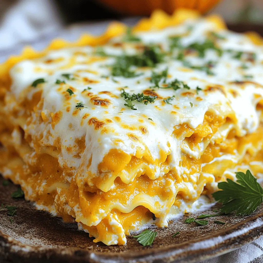 To make this tasty Crock Pot Pumpkin Alfredo Lasagna, you will need: - 9 lasagna noodles (no-boil) - 2 cups pumpkin puree - 2 cups ricotta cheese - 2 cups alfredo sauce (store-bought or homemade) - 2 cups shredded mozzarella cheese - 1 teaspoon garlic powder - 1 teaspoon Italian seasoning - Salt and pepper to taste - Fresh parsley for garnish (optional) These ingredients come together to create a warm and creamy dish. For the best taste, I recommend using certain brands. Here are a few to look for: - Pumpkin Puree: Libby's or Farmer's Market - Ricotta Cheese: Galbani or BelGioioso - Alfredo Sauce: Rao's Homemade or Bertolli - Mozzarella Cheese: Sargento or Polly-O These brands often deliver great flavor and quality, enhancing your lasagna. If you have dietary needs, here are some great substitutes: - Gluten-Free Lasagna Noodles: Look for brands like Barilla or Tinkyada. - Ricotta Cheese: Use dairy-free options like almond or soy ricotta. - Alfredo Sauce: Make your own with cashews and nutritional yeast for a vegan version. - Mozzarella Cheese: Try dairy-free mozzarella for a vegan option. These swaps allow everyone to enjoy this dish! Start by gathering your ingredients. You will need pumpkin puree, ricotta cheese, garlic powder, Italian seasoning, salt, and pepper. In a mixing bowl, add 2 cups of pumpkin puree. Then, add 2 cups of ricotta cheese. Sprinkle in 1 teaspoon of garlic powder and 1 teaspoon of Italian seasoning. Don’t forget to add salt and pepper to taste. Mix everything well until smooth and creamy. This filling adds a rich flavor to your lasagna. Now it’s time to build your lasagna. Begin by spreading a thin layer of alfredo sauce on the bottom of your Crock Pot. This helps to prevent sticking. Place 3 lasagna noodles on top, breaking them if needed. Next, spread half of your pumpkin filling over the noodles. Pour one-third of the remaining alfredo sauce over the filling. Then, sprinkle 1 cup of shredded mozzarella cheese on top. Repeat these layers: add 3 more noodles, the rest of the pumpkin filling, one-third of the alfredo sauce, and another cup of mozzarella cheese. For the last layer, add the final 3 noodles. Cover these with the rest of the alfredo sauce and the last cup of mozzarella cheese. Cover your Crock Pot and set it to cook on low. Let it cook for 4 to 6 hours. Check for doneness by seeing if the noodles are soft and the cheese is bubbly. Once it's ready, turn off the Crock Pot. Allow the lasagna to sit for about 15 minutes before serving. This resting time helps it hold together better. You can garnish with fresh parsley if you like. Enjoy your delicious Crock Pot Pumpkin Alfredo Lasagna! For the full recipe, check out the details above. Layering is key for a great lasagna. Start with alfredo sauce on the bottom. This keeps the noodles from sticking. Use three noodles for each layer. Break them if needed to fit your pot. Spread half of your pumpkin filling on the noodles. Then add a third of the alfredo sauce. Top this with a cup of mozzarella cheese. Repeat this step for the next layer. Finish with a top layer of noodles, sauce, and cheese. This method ensures even cooking and great flavor. To get a creamy texture, mix your pumpkin puree and ricotta well. This helps blend the flavors. Adding garlic powder and Italian seasoning boosts the taste. Avoid overcooking the lasagna. Check it after four hours. If the edges look dry, you can add a splash of water. Let it sit for 15 minutes before cutting. This helps the layers set and keeps the creaminess intact. One common mistake is not using enough sauce. The noodles need moisture to cook well. Don’t rush the cooking time. Cooking too fast can make the noodles tough. Another mistake is not letting it rest after cooking. This step helps the lasagna hold its shape. Finally, be careful with the cheese. Too much can overpower the dish. Follow the Full Recipe for balanced layers and flavors. {{image_2}} You can make this lasagna gluten-free by using gluten-free noodles. Look for brands that offer no-boil varieties. You can also swap the alfredo sauce for a gluten-free version. Always check labels to ensure they meet your needs. For a vegetarian version, stick with the original ingredients. To make it vegan, replace ricotta with a plant-based cheese. You can also use a vegan alfredo sauce. Pumpkin puree is naturally vegan, so it fits perfectly in this dish. To kick up the flavor, add spices. A pinch of nutmeg or cinnamon works well with pumpkin. You might also consider adding sautéed spinach for color and nutrition. For a little heat, sprinkle in red pepper flakes. Each option gives a unique twist to your lasagna. For the full recipe, check out the detailed steps and ingredients. To keep your Crock Pot Pumpkin Alfredo Lasagna fresh, let it cool first. Then, place it in an airtight container. Make sure to cover it well. You can store it in the fridge for up to four days. If you want to enjoy it later, freezing is a smart choice. When you're ready to eat the leftovers, reheat them gently. Place a serving in the microwave. Heat it on low for a few minutes. Stir it halfway through to warm it evenly. You can also reheat it in the oven. Preheat the oven to 350°F. Cover the lasagna with foil and heat for about 20 minutes or until hot. For long-term storage, freeze the lasagna in portions. Cut it into squares and wrap each piece tightly in plastic wrap. Then, place them in a freezer bag. Label the bag with the date. You can freeze it for up to three months. When you're ready to eat, thaw it in the fridge overnight before reheating. Following these storage tips helps keep your meal tasty and safe! Yes, you can use regular lasagna noodles. Just cook them first. Boil them for about 8-10 minutes until they are al dente. This step is key. It helps the noodles absorb the sauce while cooking in the Crock Pot. Make sure to layer the cooked noodles carefully. This ensures even cooking and a nice texture. To add some heat, you can mix in red pepper flakes. Start with a teaspoon. Taste and adjust as you like. You can also add diced jalapeños or hot sauce. These ingredients can kick up the flavor. Just be cautious; you can always add more spice, but it’s hard to take it away! This lasagna pairs well with a simple green salad. A Caesar salad adds a nice crunch. Garlic bread is also a tasty choice. For drinks, consider a light white wine or sparkling water. They balance the creamy flavors of the lasagna well. Enjoy your meal with friends and family! This blog post covered how to make Crock Pot Pumpkin Alfredo Lasagna. We explored key ingredients, including recommended brands and substitutes. I shared easy, step-by-step instructions for prepping and cooking. Tips helped you layer and avoid common mistakes, ensuring a creamy texture. We also discussed variations for gluten-free and vegan diets. Lastly, I provided storage info to keep leftovers fresh. Embrace your kitchen creativity and enjoy this delicious dish!