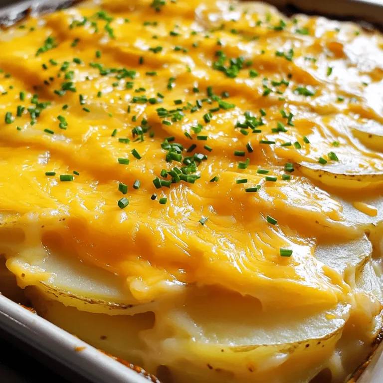- 4 large russet potatoes, thinly sliced - 2 cups sharp cheddar cheese, grated - 1 cup sour cream - 1 cup heavy cream - 1 medium onion, finely diced - 2 cloves garlic, minced - 3 tablespoons butter - 1 teaspoon smoked paprika - Salt and pepper to taste - Fresh chives, chopped (for garnish) You can switch up the cheese if you want. Try Gruyere or Monterey Jack for a twist. For a dairy-free option, use cashew cream and plant-based cheese. This will still keep the dish tasty and creamy. You will need a 9x13-inch baking dish for this recipe. A glass or ceramic dish works well. You also need a sharp knife for slicing the potatoes and a cutting board for prep. A mixing bowl and a saucepan are key for combining your ingredients. A whisk helps mix the cream and cheese smoothly. First, let's preheat the oven. Set it to 375°F (190°C). While it heats, grab a 9x13-inch baking dish and grease it with butter. This helps prevent sticking. Next, we need to sauté the onions and garlic. In a medium saucepan, melt three tablespoons of butter over medium heat. Add the finely diced onion and cook until soft, about five minutes. Then, add the minced garlic and stir for one more minute. This will make your kitchen smell amazing! Now, it's time to layer the potatoes and cheese mixture. In a large bowl, mix the sour cream, heavy cream, smoked paprika, salt, and pepper. Stir in half of the grated cheddar cheese. Start by layering half of the thinly sliced potatoes at the bottom of the baking dish. Pour half of the cheese mixture over the potatoes and spread it evenly. Repeat this step with the remaining potatoes and cheese mixture. For the final touch, add the rest of the cheddar cheese on top. Cover the dish with aluminum foil and bake for 45 minutes. After that, remove the foil and bake for another 30 minutes. You want the cheese to be bubbly and golden brown. Let your dish rest for 10 minutes before serving. This helps the layers set. For a lovely presentation, serve the scalloped potatoes in the baking dish. Sprinkle some fresh chopped chives on top for color. You can pair it with a green salad for a fresh contrast. To make Cheesy Scalloped Potatoes extra creamy, focus on the cream mixture. Use a mix of sour cream and heavy cream. This blend gives a rich texture. You can also add cream cheese for more depth. For the best cheese flavor, combine sharp cheddar with Gruyère. This adds a nutty taste that makes the dish stand out. When slicing your potatoes, keep the thickness uniform. Thin slices cook faster and more evenly. If your slices are thick, add a few extra minutes to the cook time. This ensures the potatoes become tender. To achieve even cooking and browning, cover the dish with foil while it bakes. Remove it for the last part of baking to brown the cheese nicely. For a beautiful finish, garnish with fresh chives right before serving. This adds a splash of color and freshness. You can also sprinkle some extra cheese on top for a cheesy look. Serve these potatoes in a nice dish to impress your guests. Pair them with a green salad for a balanced meal. {{image_2}} If you want a gluten-free version of cheesy scalloped potatoes, choose gluten-free flour for thickening. You can also skip the flour entirely and just use cream for creaminess. For a vegan alternative, use plant-based cream and cheese. Cashew cream or almond milk work well too. You can create a rich flavor with nutritional yeast instead of cheese. This allows everyone to enjoy this dish, no matter their diet. To change the flavor, try adding fresh herbs like thyme or rosemary. These herbs add a lovely taste and aroma. You can also sprinkle in garlic powder or onion powder for extra depth. Want more veggies? Add spinach or broccoli between the potato layers. If you enjoy meat, consider adding cooked bacon or ham. This enhances the dish, making it heartier. Don't hesitate to experiment with different flavors. Each variation can bring a new twist to your cheesy scalloped potatoes. To keep your Cheesy Scalloped Potatoes fresh, cover them well. Use plastic wrap or foil. Place them in the fridge right after they cool down. This helps prevent spoilage. Store them for up to four days. Always check for any off smell or mold before eating. If you see these signs, it’s best to throw them out. You can reheat Cheesy Scalloped Potatoes in the oven or microwave. The oven will give you the best results. Preheat your oven to 350°F (175°C). Place the dish in for about 20 minutes. Cover it with foil to keep it moist. If using a microwave, heat in short bursts. Stir in between to help with even heating. To keep them creamy, add a splash of heavy cream or milk before reheating. This adds moisture back into the dish. You want the cheese to melt nicely without drying out. Enjoy your comfort food just like when it was fresh! For the full recipe, visit the [Full Recipe] section. How long do Cheesy Scalloped Potatoes last in the fridge? Cheesy scalloped potatoes can last about 3 to 5 days in the fridge. Store them in an airtight container. This helps keep the dish fresh and tasty. Can I prepare Cheesy Scalloped Potatoes ahead of time? Yes, you can make cheesy scalloped potatoes ahead of time. You can assemble the dish a day before and keep it in the fridge. Just cover it well. When ready to bake, remove it from the fridge and let it sit for 30 minutes before cooking. What can I serve with Cheesy Scalloped Potatoes? Cheesy scalloped potatoes pair well with many dishes. You can serve them with: - Roasted vegetables - Grilled chicken - Beef or pork - A fresh green salad For a full recipe, check out the Cheesy Scalloped Potatoes Delight! In this blog post, we covered how to make Cheesy Scalloped Potatoes. We discussed key ingredients, essential tools, and clear step-by-step instructions. You learned tips for creaminess, cooking adjustments, and ways to present your dish. We also explored variations for different diets and how to store leftovers safely. Remember, with a few tweaks, you can create a dish everyone will love. Enjoy your cooking!