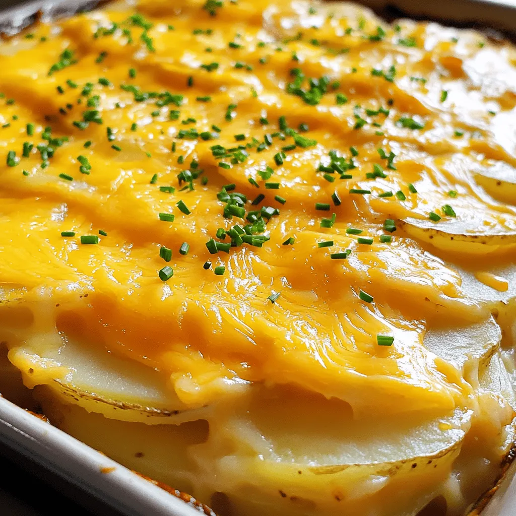 - 4 large russet potatoes, thinly sliced - 2 cups sharp cheddar cheese, grated - 1 cup sour cream - 1 cup heavy cream - 1 medium onion, finely diced - 2 cloves garlic, minced - 3 tablespoons butter - 1 teaspoon smoked paprika - Salt and pepper to taste - Fresh chives, chopped (for garnish) You can switch up the cheese if you want. Try Gruyere or Monterey Jack for a twist. For a dairy-free option, use cashew cream and plant-based cheese. This will still keep the dish tasty and creamy. You will need a 9x13-inch baking dish for this recipe. A glass or ceramic dish works well. You also need a sharp knife for slicing the potatoes and a cutting board for prep. A mixing bowl and a saucepan are key for combining your ingredients. A whisk helps mix the cream and cheese smoothly. First, let's preheat the oven. Set it to 375°F (190°C). While it heats, grab a 9x13-inch baking dish and grease it with butter. This helps prevent sticking. Next, we need to sauté the onions and garlic. In a medium saucepan, melt three tablespoons of butter over medium heat. Add the finely diced onion and cook until soft, about five minutes. Then, add the minced garlic and stir for one more minute. This will make your kitchen smell amazing! Now, it's time to layer the potatoes and cheese mixture. In a large bowl, mix the sour cream, heavy cream, smoked paprika, salt, and pepper. Stir in half of the grated cheddar cheese. Start by layering half of the thinly sliced potatoes at the bottom of the baking dish. Pour half of the cheese mixture over the potatoes and spread it evenly. Repeat this step with the remaining potatoes and cheese mixture. For the final touch, add the rest of the cheddar cheese on top. Cover the dish with aluminum foil and bake for 45 minutes. After that, remove the foil and bake for another 30 minutes. You want the cheese to be bubbly and golden brown. Let your dish rest for 10 minutes before serving. This helps the layers set. For a lovely presentation, serve the scalloped potatoes in the baking dish. Sprinkle some fresh chopped chives on top for color. You can pair it with a green salad for a fresh contrast. To make Cheesy Scalloped Potatoes extra creamy, focus on the cream mixture. Use a mix of sour cream and heavy cream. This blend gives a rich texture. You can also add cream cheese for more depth. For the best cheese flavor, combine sharp cheddar with Gruyère. This adds a nutty taste that makes the dish stand out. When slicing your potatoes, keep the thickness uniform. Thin slices cook faster and more evenly. If your slices are thick, add a few extra minutes to the cook time. This ensures the potatoes become tender. To achieve even cooking and browning, cover the dish with foil while it bakes. Remove it for the last part of baking to brown the cheese nicely. For a beautiful finish, garnish with fresh chives right before serving. This adds a splash of color and freshness. You can also sprinkle some extra cheese on top for a cheesy look. Serve these potatoes in a nice dish to impress your guests. Pair them with a green salad for a balanced meal. {{image_2}} If you want a gluten-free version of cheesy scalloped potatoes, choose gluten-free flour for thickening. You can also skip the flour entirely and just use cream for creaminess. For a vegan alternative, use plant-based cream and cheese. Cashew cream or almond milk work well too. You can create a rich flavor with nutritional yeast instead of cheese. This allows everyone to enjoy this dish, no matter their diet. To change the flavor, try adding fresh herbs like thyme or rosemary. These herbs add a lovely taste and aroma. You can also sprinkle in garlic powder or onion powder for extra depth. Want more veggies? Add spinach or broccoli between the potato layers. If you enjoy meat, consider adding cooked bacon or ham. This enhances the dish, making it heartier. Don't hesitate to experiment with different flavors. Each variation can bring a new twist to your cheesy scalloped potatoes. To keep your Cheesy Scalloped Potatoes fresh, cover them well. Use plastic wrap or foil. Place them in the fridge right after they cool down. This helps prevent spoilage. Store them for up to four days. Always check for any off smell or mold before eating. If you see these signs, it’s best to throw them out. You can reheat Cheesy Scalloped Potatoes in the oven or microwave. The oven will give you the best results. Preheat your oven to 350°F (175°C). Place the dish in for about 20 minutes. Cover it with foil to keep it moist. If using a microwave, heat in short bursts. Stir in between to help with even heating. To keep them creamy, add a splash of heavy cream or milk before reheating. This adds moisture back into the dish. You want the cheese to melt nicely without drying out. Enjoy your comfort food just like when it was fresh! For the full recipe, visit the [Full Recipe] section. How long do Cheesy Scalloped Potatoes last in the fridge? Cheesy scalloped potatoes can last about 3 to 5 days in the fridge. Store them in an airtight container. This helps keep the dish fresh and tasty. Can I prepare Cheesy Scalloped Potatoes ahead of time? Yes, you can make cheesy scalloped potatoes ahead of time. You can assemble the dish a day before and keep it in the fridge. Just cover it well. When ready to bake, remove it from the fridge and let it sit for 30 minutes before cooking. What can I serve with Cheesy Scalloped Potatoes? Cheesy scalloped potatoes pair well with many dishes. You can serve them with: - Roasted vegetables - Grilled chicken - Beef or pork - A fresh green salad For a full recipe, check out the Cheesy Scalloped Potatoes Delight! In this blog post, we covered how to make Cheesy Scalloped Potatoes. We discussed key ingredients, essential tools, and clear step-by-step instructions. You learned tips for creaminess, cooking adjustments, and ways to present your dish. We also explored variations for different diets and how to store leftovers safely. Remember, with a few tweaks, you can create a dish everyone will love. Enjoy your cooking!