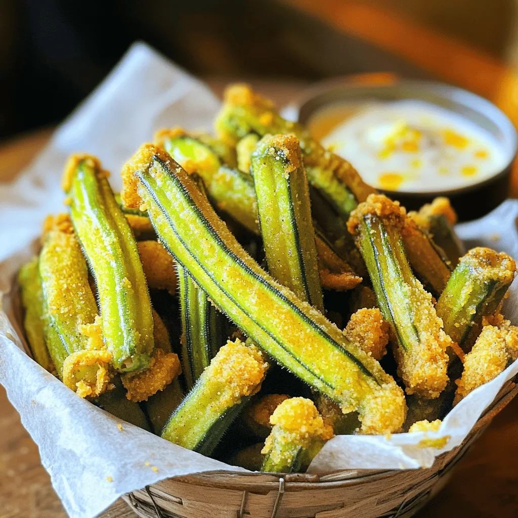Let's gather the ingredients for this tasty treat. You will need: - 1 pound fresh okra, sliced into 1/2 inch pieces - 1 cup cornmeal - 1/2 cup all-purpose flour - 1 teaspoon baking powder - 1 teaspoon garlic powder - 1 teaspoon paprika - 1/2 teaspoon cayenne pepper (optional for heat) - 1 teaspoon salt - 1/2 teaspoon black pepper - 1 cup buttermilk (or substitute with regular milk) - Vegetable oil for frying Each item plays a key role. Fresh okra gives a nice crunch. Cornmeal adds that crispy texture you want. The spices bring flavor and warmth. Buttermilk helps the coating stick. Don't forget the oil; it gets hot and ensures a golden finish. For the full recipe, you can check out the detailed instructions. Now, let’s get cooking! - Rinse and dry the okra. This step is key. Water on the okra makes it soggy. - Coat okra with buttermilk. This helps the cornmeal stick better. - Mix cornmeal and seasonings. Use cornmeal, flour, baking powder, and spices. - Coat the okra with the dry mixture. Make sure each piece is well covered. - Heat oil to the correct temperature. Aim for 350°F (175°C) for perfect frying. - Fry the okra in batches. Do not overcrowd the pan to keep them crispy. - Drain and season the fried okra. Place them on paper towels to absorb oil. Enjoy your crispy cornmeal fried okra as a snack or side dish! For the full recipe, check out the details above. To get that perfect crunch, drying the okra is key. After rinsing, use paper towels to remove moisture. This step helps the coating stick better and fry up crisp. When frying, do not overcrowd the pan. Fry in small batches to keep the temperature high. This way, each piece cooks evenly and stays crispy. Want to spice things up? Adjust the heat with cayenne pepper. Add more for extra kick, or skip it for a milder flavor. For dipping, I suggest ranch or a spicy aioli. These sauces pair well with the crunchy okra and add a nice contrast. Serve your cornmeal fried okra in a rustic basket. Line it with parchment paper for a nice touch. You can garnish with fresh herbs for color. Using themed dishware can enhance the experience. It makes the dish more appealing and fun to eat. For the full recipe, check this out: [Full Recipe]. {{image_2}} To make a gluten-free version, swap the all-purpose flour. You can use rice flour or chickpea flour. Both work well to give a nice crunch. Mix the cornmeal with your chosen flour. This change keeps the flavor while avoiding gluten. For a spicy kick, add more cayenne pepper. You could also try chili powder or crushed red pepper. Mix these spices with the cornmeal for a bold flavor. Consider adding garlic powder or onion powder to enhance the taste. You can boost the nutrition by adding other veggies. Try bell peppers or zucchini for extra color and flavor. Cheese is also a great mix-in! Use shredded cheddar or parmesan to make it creamy. This adds another layer of taste to your fried okra. For more ideas, check out the Full Recipe. To keep fried okra fresh, store it in an airtight container. Place a paper towel at the bottom to soak up excess moisture. This helps maintain crispiness. You can keep it in the fridge for up to three days. After that, the texture may change and become soggy. To enjoy your okra again, reheating is key. The oven is ideal for keeping that crunchy texture. Preheat your oven to 350°F (175°C). Spread the okra on a baking sheet and bake for about 10 minutes. Keep an eye on it to avoid burning. If you use a microwave, place the okra on a microwave-safe plate. Heat in short bursts to prevent sogginess, but it won't be as crispy. Freezing fried okra is a great way to save leftovers. First, let it cool to room temperature. Then, spread the okra in a single layer on a baking sheet. Freeze until solid, about one hour. After that, transfer the okra to a freezer-safe bag or container. When you're ready to eat, thaw it overnight in the fridge. Reheat in the oven to restore its crunch. To make your okra crispy, focus on the coating and the oil temperature. - Dry the Okra: Start by rinsing and drying the sliced okra. Moisture makes it hard to get crispy. - Coating: Use a mix of cornmeal and flour. The cornmeal gives a nice crunch. - Heat: Ensure your oil is hot, around 350°F (175°C). This helps fry the okra quickly. - Batch Frying: Fry in small batches. This keeps the oil hot and gives an even fry. Yes, you can use frozen okra. However, you need to adjust a bit. - Thaw First: Let the frozen okra thaw completely. You can pat it dry to remove excess moisture. - Quality: Frozen okra may be softer than fresh. This can affect the crunch. - Coating: Make sure to coat the thawed okra well for the best results. The best oils for frying okra are those with high smoke points. - Vegetable Oil: This is a great choice due to its high smoke point. - Canola Oil: Another excellent option that fries well without burning. - Peanut Oil: Offers a nice flavor and has a high smoke point. Frying okra takes about 2-3 minutes per batch. - Watch for Color: Look for a golden brown color. This shows they are done. - Don’t Overcrowd: Frying too many pieces at once can lower the oil temperature. - Drain Well: Once fried, let them drain on paper towels to keep them crispy. For the full recipe, check out the details on how to enjoy this crispy delight! This blog post covered making crispy cornmeal fried okra with detailed steps. We discussed ingredients, preparation, and cooking tips to ensure great results. Remember, let your okra dry before frying for extra crunch. Feel free to experiment with spices or veggies to match your taste. Storing and reheating are easy too, so no need to waste leftovers. Embrace your creativity in the kitchen and enjoy this tasty treat anytime!