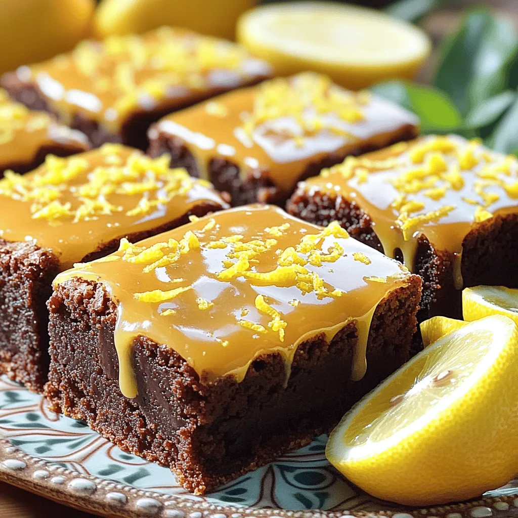 - 1 cup unsalted butter, melted - 2 cups granulated sugar - 4 large eggs - 1 tablespoon vanilla extract - 1 teaspoon lemon zest - 1 cup all-purpose flour - 1/2 teaspoon baking powder - 1/4 teaspoon salt - 1 cup powdered sugar (for icing) - 2 tablespoons lemon juice - Extra lemon zest for garnish You need simple ingredients to make these lemon brownie bars. The melted butter gives a rich base. Granulated sugar adds sweetness and helps the bars rise. The eggs hold everything together and add moisture. Vanilla extract brings warmth and depth to the flavor. Lemon zest is key. It adds a bright, fresh taste to the bars. The all-purpose flour gives structure, while baking powder helps them rise. A pinch of salt balances sweetness and enhances flavor. For the icing, you will need powdered sugar and lemon juice. This combo creates a smooth glaze that adds a tangy kick. Extra lemon zest makes the bars look pretty and adds a burst of flavor. Gather these ingredients, and you’re set to create a delightful treat. For full details, check the Full Recipe. First, preheat your oven to 350°F (175°C). Line a 9x13 inch baking pan with parchment paper. Leave some paper hanging over the edges for easy removal later. In a large bowl, whisk together 1 cup of melted butter and 2 cups of granulated sugar until smooth. This mix will create a sweet base for your bars. Next, add 4 large eggs, one at a time. Make sure to whisk well after each egg. Then, stir in 1 tablespoon of vanilla extract and the zest from 1 teaspoon of lemon. Now, grab a separate bowl. Sift together 1 cup of all-purpose flour, 1/2 teaspoon of baking powder, and 1/4 teaspoon of salt. This helps keep your bars light and fluffy. Gradually fold the dry mix into your wet ingredients. Use a spatula and be gentle to avoid overmixing. Overmixing can make your bars tough instead of tender. Pour the batter into your prepared baking pan. Spread it evenly with a spatula. Bake in your preheated oven for 25-30 minutes. To check if they are done, insert a toothpick into the center. If it comes out clean, your bars are perfect! While your brownie bars bake, prepare the lemon icing. In a small bowl, whisk together 1 cup of powdered sugar and 2 tablespoons of lemon juice. Mix until smooth. If the icing is too thick, add a little more lemon juice. You want it to drizzle nicely over your bars. Once the bars are done baking, let them cool in the pan for 10-15 minutes. Then, lift them out using the parchment paper and place them on a wire rack to cool completely. After they cool, drizzle the lemon icing over the bars. Finish with extra lemon zest for a pop of color. Cut into squares or bars and enjoy your lemon brownie treat! For the full recipe, check out the earlier section. Proper mixing is key to great lemon brownie bars. I always mix the melted butter and sugar until it's smooth and creamy. This step helps create a nice texture. When adding eggs, do it one at a time. Whisk after each egg to blend well. Avoiding overmixing is also important. Once you fold in the dry ingredients, stop when it's just combined. This way, your bars stay soft and tender. Overmixing can make them tough, and that’s not what we want. Garnishes can make your lemon brownie bars pop! I love to drizzle lemon icing on top. It adds a nice shine and flavor. Sprinkling extra lemon zest gives a fresh look. When serving, try placing the bars on a colorful platter. You can add fresh lemon slices and a sprig of mint for extra flair. Store them in an airtight container to keep them fresh. Want more lemon flavor? You can add extra lemon zest or juice to the batter. This makes the bars even zestier and more refreshing. Pairing these bars with complementary desserts is a fun idea. They go well with a scoop of vanilla ice cream or a dollop of whipped cream. Each bite will be a burst of flavor! For the full recipe, check out the Lemon Zing Brownie Bars . {{image_2}} You can make lemon brownie bars even more fun by adding fruit. Blueberries or raspberries bring a bright pop of color and flavor. They pair well with the lemony goodness. Just fold in about one cup of your chosen fruit into the batter. This adds a nice twist and extra moisture. You can also explore other citrus fruits. Try orange or lime for a fresh take. Each fruit gives a unique taste and aroma. Just replace some lemon juice in the recipe with your chosen citrus juice. This way, you can create a new favorite. If you need gluten-free options, almond flour works great. It gives the bars a rich, nutty taste. Use the same amount of almond flour instead of all-purpose flour. Just watch the baking time, as it may change slightly. For vegan alternatives, swap the butter for coconut oil. Use flax eggs instead of regular eggs. To make a flax egg, mix one tablespoon of ground flaxseed with three tablespoons of water. Let it sit for a few minutes to thicken. This keeps the bars moist and tasty. For a different twist, try cream cheese icing instead of lemon icing. Cream cheese adds a rich flavor and smooth texture. Just mix cream cheese with powdered sugar and a splash of lemon juice. This makes for a delicious topping. You can also explore icing flavors like lavender. Just add a few drops of lavender extract to your icing. This will give a lovely, floral note that pairs well with lemon. Get creative with your icing, and make your lemon brownie bars unique! To keep your lemon brownie bars fresh, store them at room temperature. Place them in an airtight container. This method keeps the bars moist and tasty. They can stay good for about three days. If you want them to last longer, refrigerate them. Just remember to wrap them well to prevent drying out. You can freeze lemon brownie bars for later enjoyment. First, let them cool completely. Then, cut them into squares. Wrap each square in plastic wrap. After that, place them in a freezer-safe bag. You can freeze them for up to three months. When you’re ready to enjoy a bar, you can thaw them easily. Simply take them out of the freezer and leave them at room temperature. They will be ready to eat in about an hour. You can also microwave them for 10-15 seconds if you're in a hurry. For the full recipe, be sure to check back for more delicious treats! Yes, you can make these lemon brownie bars ahead of time. I recommend making them one to two days in advance. Just store them in an airtight container at room temperature. This will keep them fresh and tasty. If you need a substitute for unsalted butter, you have a few options. You can use coconut oil, margarine, or even applesauce for a healthier option. Each will change the flavor a bit, but they all work well. You can check for doneness by inserting a toothpick in the center. If it comes out clean or with a few crumbs, they are ready. Be careful not to overbake, as this can make them dry. Absolutely! To boost the lemon flavor, add more lemon zest or juice. I suggest using an extra half teaspoon of zest or a tablespoon of juice. This will give your bars a brighter taste. To prevent sticking, line your baking pan with parchment paper. Make sure to leave an overhang for easy removal. You can also lightly grease the pan with cooking spray or butter before adding the batter. In this article, we covered how to make delicious lemon brownie bars. We detailed the ingredients, from unsalted butter to lemon zest. I shared step-by-step instructions that guide you through each stage, from mixing to baking. We also offered tips for perfecting your bars and suggested flavor variations. Remember, these treats are flexible; experiment to find your favorite twist. With proper storage, you’ll keep them fresh and tasty. Enjoy baking these delightful lemon brownie bars and impress your family and friends with your skills!