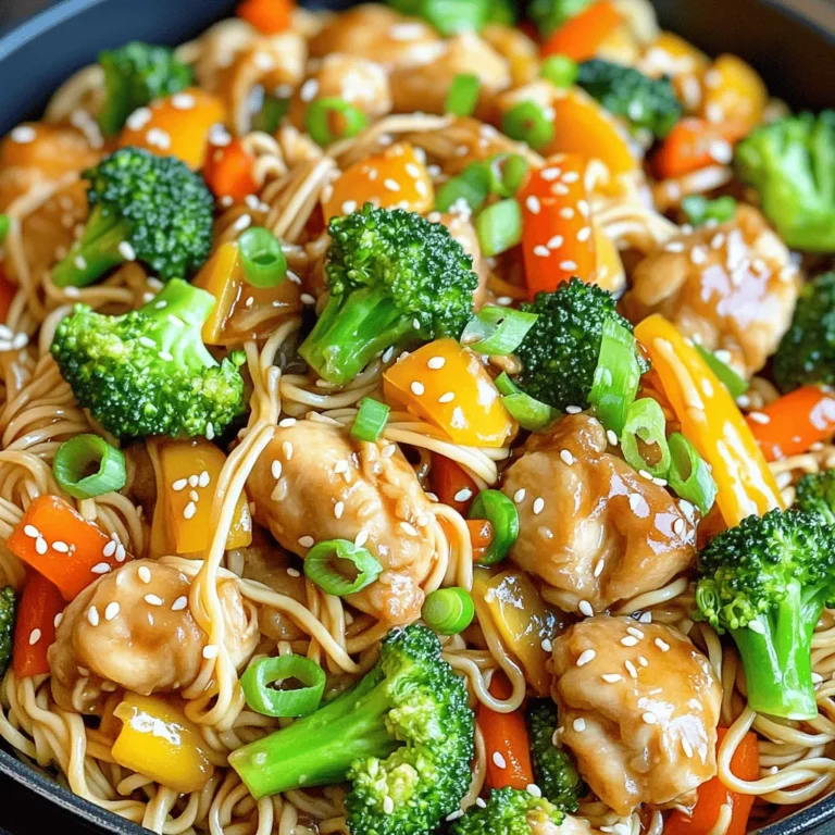 - 1 lb boneless, skinless chicken thighs - 8 oz stir-fry noodles or rice noodles - 1 cup broccoli florets - 1 bell pepper, sliced - 1 carrot, thinly sliced - ¼ cup low-sodium soy sauce - ¼ cup teriyaki sauce - 1 tablespoon fresh ginger, minced - 2 cloves garlic, minced - 3 green onions, chopped - Sesame seeds First, fill a pot with water. Add a pinch of salt. Bring the water to a boil. Once boiling, add the stir-fry noodles. Cook them according to the package instructions. This usually takes about 4 to 6 minutes. When done, drain the noodles and set them aside. Next, grab a large skillet. Heat the vegetable oil over medium-high heat. Once hot, add the chicken pieces. Make sure to season with salt and pepper. Cook the chicken for about 5 to 7 minutes. You want it golden brown and fully cooked. Remove the chicken from the skillet and set it aside. In the same skillet, toss in the broccoli, bell pepper, and carrot. Stir-fry these mixed vegetables for about 3 to 4 minutes. They should be tender but still crisp. Then, add the minced ginger and garlic. Stir quickly for about 30 seconds. This step releases all the great flavors. Now, it’s time to mix everything. Add the cooked chicken back into the skillet with the vegetables. Pour in the soy sauce, teriyaki sauce, and sesame oil. Stir well so that everything is coated in the sauce. Finally, add the cooked noodles to the skillet. Toss everything together for another 2 to 3 minutes. This allows the noodles to soak up all the tasty flavors. Taste and adjust seasoning if needed. You can add more salt or pepper. Enjoy your Chicken Teriyaki Noodle Skillet! For the full recipe, check out the detailed steps above. For Chicken Teriyaki Noodle Skillet, I often use stir-fry noodles or rice noodles. They cook quickly and soak up the sauce well. If you prefer a gluten-free option, try using rice noodles or gluten-free pasta. They will still provide a great texture. To get tender chicken, use boneless, skinless chicken thighs. They stay juicy and flavorful. Cook the chicken until it turns golden brown. This usually takes about 5 to 7 minutes. Marinating the chicken can add extra flavor. You can marinate it in soy sauce, ginger, and garlic for about 30 minutes before cooking. This adds depth to the dish. You can change up the vegetables based on what's in season. Try using snap peas, zucchini, or bell peppers for a fresh twist. Mixing different colors makes the dish look vibrant. Adding a variety of textures is also fun. You can use crunchy carrots and soft broccoli for a nice contrast. These small changes can brighten your meal and make it more enjoyable. {{image_2}} You can easily make this dish vegetarian. Replace chicken with tofu or tempeh. Both options soak up flavors well. Use firm tofu for the best texture. Cut it into bite-sized pieces. Sauté it just like you would the chicken. Adjust the cooking time to about 5-6 minutes. This ensures the tofu gets golden and crispy. If using tempeh, slice it thinly for quicker cooking. If you love heat, add a spicy twist. You can incorporate chili paste or chili flakes. These add a nice kick without overpowering the dish. For an extra level of spice, use sriracha. Mix it in when you combine the sauces. Start with a teaspoon, then taste and add more if needed. This way, you get to control the heat level. For a simple meal, try a one-pan approach. You can cook everything in one skillet. Start with the chicken, then add veggies. After that, stir in the sauces. Finally, toss in the noodles. This saves time on cleanup. You can also use fewer pots. Cook the noodles in the same skillet after the chicken. This method lets all the flavors meld together. Plus, it cuts down on cooking time. To store leftovers properly, let the Chicken Teriyaki Noodle Skillet cool first. Then, place it in an airtight container. This keeps moisture in and prevents drying out. Use containers made of glass or BPA-free plastic for best results. If you want to freeze the skillet, divide it into smaller portions. Use freezer-safe containers or bags. Make sure to label them with the date. For reheating, thaw overnight in the fridge. Then, warm it in a skillet over low heat. Stir often to heat evenly. In the fridge, your Chicken Teriyaki Noodle Skillet stays fresh for about three days. If you freeze it, it can last up to three months. Look for signs of spoilage like off smells or changes in color. When in doubt, throw it out! Making Chicken Teriyaki Noodle Skillet takes about 30 minutes. The prep time is 15 minutes. Cooking time takes around 15 minutes. You can easily fit this meal into a busy evening. Yes, you can use store-bought teriyaki sauce. It saves time and is convenient. However, homemade teriyaki sauce gives you control over flavors. It can be sweeter, saltier, or spicier based on your taste. If you want to try making it, mix soy sauce, honey, and ginger together for a quick version. You can serve a fresh salad or steamed rice with this dish. A simple cucumber salad adds crunch and freshness. You can also serve pickled vegetables for a tangy contrast. Each option enhances the meal and adds balance. Yes, you can make this dish in advance. Cook the chicken and noodles, then store them separately. Keep the veggies fresh until you are ready to heat everything. Store in airtight containers in the fridge. This way, you can quickly enjoy a homemade meal later. In summary, making a Chicken Teriyaki Noodle Skillet is simple and rewarding. You gather key ingredients like chicken, noodles, and fresh veggies. Then, follow straightforward steps to cook them to perfection. Add your favorite sauces for flavor, and finish with optional garnishes. Whether you choose a vegetarian twist or a spicy kick, this dish adapts to your taste. Remember to store leftovers properly to enjoy later. Cook smart, eat well, and savor each delicious bite.