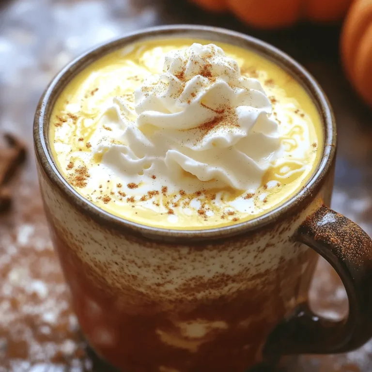 To make your homemade pumpkin spice latte, gather these simple ingredients: - 1 cup brewed coffee or 1 cup espresso - 1 cup milk (dairy or non-dairy) - 2 tablespoons pumpkin puree - 1 tablespoon brown sugar (adjust to taste) - 1 teaspoon vanilla extract - 1/2 teaspoon pumpkin pie spice (plus extra for garnish) - Whipped cream (for topping) These ingredients bring together rich flavors that warm your soul. You can add a few extras to make your latte even better: - A pinch of nutmeg for more spice - A drizzle of caramel for a sweet touch - A dash of cinnamon for extra warmth These optional ingredients can add layers of flavor and fun to your drink. If you don’t have an ingredient, here are some swaps you can use: - Use almond milk or oat milk instead of dairy milk. - Maple syrup can replace brown sugar. - Any coffee style, like cold brew, works well. Making substitutions lets you customize your drink to fit your taste and pantry. Making a homemade pumpkin spice latte is easy and fun. Gather your ingredients first. You need coffee or espresso, milk, pumpkin puree, brown sugar, vanilla extract, and pumpkin pie spice. This drink takes just 10 minutes to make. 1. Heat the Milk Mixture: In a small saucepan over medium heat, mix the milk, pumpkin puree, brown sugar, and pumpkin pie spice. Whisk it as it warms. Keep whisking until it gets frothy, but don't let it boil. 2. Add Vanilla: Once warm, take it off the heat. Stir in the vanilla extract to give it a nice flavor. 3. Brew Your Coffee: While the milk is heating, brew your coffee or espresso. Use a strong brew for the best taste. 4. Combine: In a large mug, pour your brewed coffee or espresso. Add the pumpkin-spiced milk mixture and stir well. 5. Top It Off: Finish with a generous amount of whipped cream. Sprinkle a little pumpkin pie spice on top for a nice touch. 6. Serve: Enjoy your delicious drink right away! To get great froth, use a whisk or a milk frother. Whisk vigorously while heating the milk. This will add air and create a nice foam. If you want even more froth, try using whole milk or a non-dairy option like oat milk. They froth well and taste great in this latte. To get the best flavor, use real pumpkin puree. It brings out the rich taste. The right mix of spices is key too. Use half a teaspoon of pumpkin pie spice. This gives warmth without being too strong. Adjust the brown sugar to fit your taste. If you like it sweeter, add more. If you want less sweetness, cut back. One big mistake is boiling the milk mixture. Boiling can ruin the creamy texture. Instead, heat it gently until warm and frothy. Another mistake is not whisking enough. Whisking makes your drink light and airy. Lastly, avoid using too much pumpkin puree. Stick to two tablespoons for the right balance. Too much can make your latte too thick. You can change your latte in fun ways. Want a richer taste? Use whole milk or cream. If you prefer a lighter option, choose almond or oat milk. You can also play with flavors. Try adding a dash of nutmeg or cinnamon for extra spice. If you love chocolate, stir in cocoa powder. For a cool twist, make an iced version. Just brew your coffee and chill it before adding the milk mixture. For the full recipe, check the section above. {{image_2}} You can enjoy a dairy-free pumpkin spice latte. Just swap regular milk for a non-dairy option. Almond, oat, and coconut milk are great choices. Each gives a unique flavor. Almond milk adds a nutty taste, while oat milk is creamy and smooth. Coconut milk gives a rich, tropical twist. Use the same amount of non-dairy milk as the recipe calls for. Your latte will still taste delicious and cozy! Want a sugar-free pumpkin spice latte? You can easily cut out the brown sugar. Instead, try a sugar substitute like stevia or monk fruit. These options sweeten without calories. You can also use unsweetened pumpkin puree to keep the flavor strong. Adjust the sweetness to your taste. This way, you can enjoy your drink without added sugar! Love cold drinks? Try an iced pumpkin spice latte! Start with brewed coffee or espresso and let it cool. Mix pumpkin puree, vanilla, and pumpkin pie spice with your milk of choice. Pour it over ice in a tall glass. Add the cooled coffee or espresso and stir to combine. Top with whipped cream and a sprinkle of spice. This version is refreshing and perfect for warm days! For the full recipe, check out the details in the Homemade Pumpkin Spice Latte section. If you have any leftover pumpkin spice latte, store it in an airtight container. Place it in the fridge. It will stay good for up to three days. When you’re ready to enjoy it again, just reheat it. Do not freeze it, as the texture may change. To reheat your pumpkin spice latte, pour it into a saucepan. Heat over low to medium heat. Stir it often to avoid burning. You can also use a microwave. Heat in 30-second bursts, stirring after each. Make sure it’s warm but not boiling. You can make the pumpkin spice latte base ahead of time. Mix the milk, pumpkin puree, brown sugar, and spices. Store this mixture in the fridge for up to three days. When you want a latte, brew your coffee fresh. Then, combine it with your prepared base. This way, you save time and enjoy a cozy drink anytime. For the full recipe, check out the steps above! Yes, you can use brewed coffee instead of espresso. Brewed coffee works well for this drink. You can adjust the coffee strength to fit your taste. If you want a bolder flavor, choose a dark roast. If you prefer a milder taste, go for a lighter roast. Both options will make a tasty pumpkin spice latte. I recommend using whole milk for a rich flavor. Whole milk gives the latte a creamy texture. If you want a lighter option, try 2% milk. Non-dairy milk works, too! Almond, oat, or soy milk are great choices. Each type adds its own unique flavor to the drink. Making your own pumpkin pie spice is easy and fun! You need these simple spices: - 1 teaspoon cinnamon - 1/2 teaspoon nutmeg - 1/2 teaspoon ginger - 1/4 teaspoon allspice - 1/4 teaspoon cloves Mix these spices together in a bowl. Store the mix in a jar for later use. This homemade spice blend is fresh and full of flavor, perfect for your latte. For the full recipe, check out the Homemade Pumpkin Spice Latte section. This blog post covered everything you need for the perfect Pumpkin Spice Latte. We looked at the key ingredients, ways to customize, and helpful tips for success. I shared how to make it, store it, and avoid common mistakes. Remember, enjoy experimenting with flavors and variations. Whether you prefer dairy-free or iced, there’s a perfect option for you. Keep these tips in mind to brew your tasty drink each time. Simple choices make your latte special. Now, go enjoy your cozy cup!