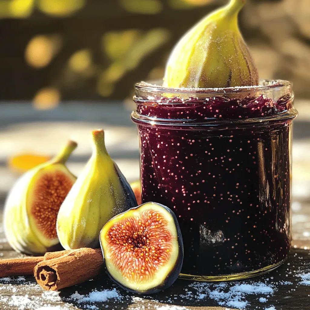 - 1 pound fresh figs, stems removed and chopped - 1 cup granulated sugar - 1 tablespoon lemon juice - 1 teaspoon vanilla extract - 1/4 teaspoon ground cinnamon - Pinch of salt When making fig jam, fresh ingredients bring the best flavors. Choose figs that are ripe and soft. This ensures a sweet and rich taste. The sugar helps to balance the figs' natural tartness. Lemon juice adds a nice zing and helps preserve the color. Vanilla extract brings warmth and depth to the jam. Ground cinnamon adds a cozy spice note, making each bite delightful. A pinch of salt enhances all the flavors. Each ingredient plays a role in crafting a perfect jam. - Spice variations (e.g., ginger or nutmeg) - Fruit combinations (e.g., pears or apples) - Natural sweeteners (e.g., honey or maple syrup) You can get creative with your fig jam. Adding spices like ginger or nutmeg gives it a unique twist. Mixing in other fruits, such as pears or apples, adds more layers of flavor. If you prefer a different sweetness, try honey or maple syrup instead of sugar. This flexibility allows you to make the jam your own, adding a personal touch to every jar. For the full recipe, check the earlier section. - First, combine chopped figs and sugar in a large bowl. - Let the mixture rest for about 30 minutes. This helps the figs release their juices. - After resting, transfer the fig-sugar mixture to a medium saucepan. - Add lemon juice, vanilla extract, ground cinnamon, and a pinch of salt. - Stir well and bring it to a gentle boil. - Once it boils, reduce the heat to medium-low. - To check consistency, use the plate test. Place a small amount of jam on a plate. - Let it cool for a minute. If it holds its shape, it’s ready. - Remove the saucepan from heat and let the jam cool slightly. - Transfer the jam to sterilized jars. Seal once cooled completely. Store in the fridge for up to 2 weeks. This method makes a delightful fig jam, perfect for toast or desserts. For more details, check the Full Recipe. To make great fig jam, start with fresh figs. They should be ripe, soft, and sweet. Fresh figs give your jam a bright flavor. Next, watch the cooking temperature. Keep it on medium-low heat once it boils. This helps prevent burning. Stir the jam often for even cooking. Use a wooden spoon for best results. One big mistake is overcooking the jam. If you cook it too long, it becomes too thick. Another mistake is using unripe figs. They can make your jam taste sour. Also, don’t rush the resting time. Figs need time to release their juices. Let them sit with sugar for at least 30 minutes. You can enhance the flavor with herbs. Try adding a bit of thyme or rosemary for depth. These herbs can give your jam a unique twist. You can also add zest from citrus fruits. Lemon or orange zest brightens the jam and adds freshness. Experiment with these ideas to find your favorite flavor. {{image_2}} You can change the taste of your fig jam with fun flavors. For spiced fig jam, add cloves or allspice. These spices bring warmth and depth. You can also make fig and citrus jam. Use orange or lemon zest for a bright twist. The citrus adds a fresh, zesty note that pairs well with figs. If you want a richer taste, try using brown sugar instead of white sugar. Brown sugar gives a hint of molasses and a deeper flavor. If you need low-sugar options, you can cut back on sugar. Use less sugar, or try natural sweeteners like honey or maple syrup. Just remember, these swaps may change the texture and taste a bit. Want to add a little fun? You can infuse your fig jam with alcohol. A splash of bourbon or rum adds a warm, rich flavor. If you prefer wine, it brings a unique taste too. Just add a bit while cooking, and stir well. This will create a lovely twist on the classic jam. For more details on making fig jam, check out the Full Recipe. Homemade fig jam lasts about two weeks in the fridge. Store it in a sealed jar. For longer storage, you can freeze fig jam. It keeps well for up to six months in the freezer. Just make sure to use freezer-safe containers. For best results, use glass jars with tight seals. Mason jars are a great choice. Always sterilize your jars before filling them with jam. To sterilize, boil the jars in water for 10 minutes. This step helps keep your jam safe from spoilage. Look for a few key signs of spoilage in your fig jam. If you notice mold on the surface, it's time to toss it out. Also, if the jam smells off or has a strange color, do not eat it. Freshly made fig jam should smell sweet and fruity. Always check for these signs before enjoying your homemade treat. Homemade fig jam lasts about two weeks in the fridge. Keep it in a sealed jar. You can also freeze it for six months. Just make sure to leave space in the jar for expansion. This way, you can enjoy it later! Yes, you can use dried figs! They work well, but you need to soak them first. Soak the dried figs in warm water for about 30 minutes. This helps them soften. After soaking, chop them and follow the same recipe steps. Fig jam is super versatile! Here are some ideas: - Spread it on toast or bagels. - Pair it with cheese for a great snack. - Use it in desserts like pastries or cakes. - Mix it into yogurt for a tasty breakfast. Yes, you can can fig jam! Just use proper canning methods. This means using sterilized jars and sealing them tightly. Make sure to follow safe canning practices. This helps prevent spoilage and keeps your jam fresh longer. Yes, you can! Try using natural sweeteners like honey or maple syrup. Adjust the amount to taste. Keep in mind, using less sugar may change the jam's texture and shelf life. Experiment to find what you like best! For the full recipe, check the earlier section. This blog post covered how to make fig jam from fresh figs. We discussed ingredients, step-by-step instructions, tips, variations, and storage guidance. I hope you feel ready to create your own delicious fig jam now. Remember to use fresh figs and experiment with flavors. Enjoy your homemade jam on toast, in desserts, or as gifts. Making fig jam is fun and rewarding!