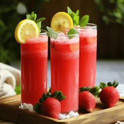 To make this drink, you need: - 2 cups fresh strawberries, hulled and sliced - 1 cup freshly squeezed lemon juice (about 4-6 lemons) - 1 cup granulated sugar (adjust to taste) - 4 cups cold water - 2 cups ice cubes - 1 lemon, sliced (for garnish) - Fresh mint leaves (for garnish) The key ingredients create a bright, refreshing drink. Fresh strawberries offer sweetness and vibrant color. Lemon juice adds a zesty tartness. Sugar balances the flavors. Cold water keeps it light and refreshing. Ice cubes make it frosty and fun. Garnishes add flair to your drink. A lemon slice gives a pop of color. Fresh mint leaves add a lovely aroma. For a special touch, you can place whole strawberries on the rim. These garnishes make the drink look and taste even better. To make the best Strawberry Frosted Lemonade, start by preparing your strawberries. Wash and hull two cups of fresh strawberries. Slice them to help with blending. Next, add the sliced strawberries to a blender. Pour in half of the cold water, about two cups. Blend until you have a smooth puree. If you want, strain the mixture through a fine-mesh sieve for extra smoothness. Set the strawberry puree aside. In a large pitcher, squeeze the juice from about four to six lemons until you have one cup. Add one cup of granulated sugar to the lemon juice. Stir the mixture well until the sugar dissolves completely. Now, pour in the strawberry puree and the remaining two cups of cold water. Mix everything together until it looks uniform. To achieve that frosted texture, you must crush the ice properly. Place two cups of ice cubes into the blender. Pulse the ice until it is finely crushed. This creates a great texture. You can also adjust the amount of ice based on how frosted you want your drink. Now it's time to serve your Strawberry Frosted Lemonade. Start by filling serving glasses with a layer of crushed ice. Pour the strawberry lemonade mixture over the ice until the glass is about three-quarters full. For an eye-catching finish, garnish each glass with a slice of lemon and a sprig of fresh mint. You can even add whole strawberries on the rim for an extra special touch. Serve with colorful straws and enjoy your refreshing summer drink! To get the right sweetness, taste as you go. Start with one cup of sugar. If it's too sweet, add more lemon juice. If it’s not sweet enough, add a bit more sugar. Remember, the strawberries also add sweetness. Always adjust to your taste. For a great frosted texture, use crushed ice. You can crush ice in a blender or use a mallet. If you want it finer, blend it longer. Make sure to layer the crushed ice in your glass for that nice frosted look. It keeps your drink cold and fun. You can make this drink even better by adding more flavors. Try adding a splash of lime juice for a zesty kick. Fresh mint mixed in adds a cool taste. You could even add some coconut milk for creaminess. Be creative; mix and match to find your favorite flavor! {{image_2}} You can mix strawberry with other fruits for fun flavors. Mango adds a tropical twist. Its sweetness complements the tartness of lemon well. Raspberry also works great. It gives a bright color and a delicious taste. Try mixing two or three fruits. This way, you can create your own unique drink! If you want a healthier drink, think about sugar substitutes. Honey or agave syrup can replace granulated sugar. They add sweetness without refined sugars. You can also use stevia or monk fruit sweetener. These options reduce calories and keep the flavor. Adjust the amount to suit your taste. Both frozen and fresh ingredients work well for this drink. Fresh strawberries bring a bright flavor. If fresh ones are not available, frozen strawberries are a good choice. They also chill the drink quickly. Use frozen lemon juice for a convenient option too. Both types will yield a tasty Strawberry Frosted Lemonade. After enjoying your Strawberry Frosted Lemonade, store leftovers in a pitcher. Cover it with plastic wrap or a lid. Keep it in the fridge. This drink tastes best within two days. If you notice any separation, just shake it gently before serving again. If you want to freeze your Strawberry Frosted Lemonade, pour it into ice cube trays. This makes it easy to use later. Once frozen, transfer the cubes to a zip-top bag. Remove as much air as you can. This helps avoid freezer burn and keeps the flavor fresh. Prepared Strawberry Frosted Lemonade lasts about two days in the fridge. After that, the taste and texture may change. If frozen, enjoy it within three months for the best flavor. Always check for any off-smells or changes in color before consuming. Yes, you can make Strawberry Frosted Lemonade ahead of time. I suggest mixing the strawberry and lemon mixture first. Store it in the fridge. When it's time to serve, blend the ice and pour it over the mixture. This keeps the drink fresh and frosty. If you prepare it too early, the ice may melt and dilute the flavor. The nutritional facts may vary, but here’s a general idea: - Calories: About 150 per serving - Carbohydrates: Around 38 grams - Sugar: Roughly 30 grams - Fiber: 2 grams - Vitamin C: A good source from lemons and strawberries This drink is refreshing and provides some vitamins. Adjust the sugar to make it healthier. Yes, Strawberry Frosted Lemonade is naturally non-alcoholic. It is perfect for kids and anyone who prefers a fresh drink. Use the full recipe to enjoy this tasty treat without any alcohol. You can sip it on a hot day or serve it at parties. You now have a clear path to make Strawberry Frosted Lemonade. Start with the right ingredients and follow the steps to create a refreshing drink. Remember the tips for sweetness and ice texture. Feel free to try different fruits or sweeteners. Store any leftovers properly to keep them fresh. Enjoy this yummy drink with friends and family, or make it for yourself. Each glass can be a tasty treat. I hope this recipe inspires you to get creative in the kitchen!