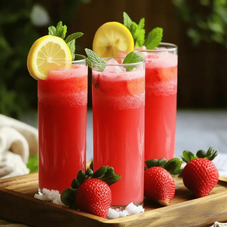 To make this drink, you need: - 2 cups fresh strawberries, hulled and sliced - 1 cup freshly squeezed lemon juice (about 4-6 lemons) - 1 cup granulated sugar (adjust to taste) - 4 cups cold water - 2 cups ice cubes - 1 lemon, sliced (for garnish) - Fresh mint leaves (for garnish) The key ingredients create a bright, refreshing drink. Fresh strawberries offer sweetness and vibrant color. Lemon juice adds a zesty tartness. Sugar balances the flavors. Cold water keeps it light and refreshing. Ice cubes make it frosty and fun. Garnishes add flair to your drink. A lemon slice gives a pop of color. Fresh mint leaves add a lovely aroma. For a special touch, you can place whole strawberries on the rim. These garnishes make the drink look and taste even better. To make the best Strawberry Frosted Lemonade, start by preparing your strawberries. Wash and hull two cups of fresh strawberries. Slice them to help with blending. Next, add the sliced strawberries to a blender. Pour in half of the cold water, about two cups. Blend until you have a smooth puree. If you want, strain the mixture through a fine-mesh sieve for extra smoothness. Set the strawberry puree aside. In a large pitcher, squeeze the juice from about four to six lemons until you have one cup. Add one cup of granulated sugar to the lemon juice. Stir the mixture well until the sugar dissolves completely. Now, pour in the strawberry puree and the remaining two cups of cold water. Mix everything together until it looks uniform. To achieve that frosted texture, you must crush the ice properly. Place two cups of ice cubes into the blender. Pulse the ice until it is finely crushed. This creates a great texture. You can also adjust the amount of ice based on how frosted you want your drink. Now it's time to serve your Strawberry Frosted Lemonade. Start by filling serving glasses with a layer of crushed ice. Pour the strawberry lemonade mixture over the ice until the glass is about three-quarters full. For an eye-catching finish, garnish each glass with a slice of lemon and a sprig of fresh mint. You can even add whole strawberries on the rim for an extra special touch. Serve with colorful straws and enjoy your refreshing summer drink! To get the right sweetness, taste as you go. Start with one cup of sugar. If it's too sweet, add more lemon juice. If it’s not sweet enough, add a bit more sugar. Remember, the strawberries also add sweetness. Always adjust to your taste. For a great frosted texture, use crushed ice. You can crush ice in a blender or use a mallet. If you want it finer, blend it longer. Make sure to layer the crushed ice in your glass for that nice frosted look. It keeps your drink cold and fun. You can make this drink even better by adding more flavors. Try adding a splash of lime juice for a zesty kick. Fresh mint mixed in adds a cool taste. You could even add some coconut milk for creaminess. Be creative; mix and match to find your favorite flavor! {{image_2}} You can mix strawberry with other fruits for fun flavors. Mango adds a tropical twist. Its sweetness complements the tartness of lemon well. Raspberry also works great. It gives a bright color and a delicious taste. Try mixing two or three fruits. This way, you can create your own unique drink! If you want a healthier drink, think about sugar substitutes. Honey or agave syrup can replace granulated sugar. They add sweetness without refined sugars. You can also use stevia or monk fruit sweetener. These options reduce calories and keep the flavor. Adjust the amount to suit your taste. Both frozen and fresh ingredients work well for this drink. Fresh strawberries bring a bright flavor. If fresh ones are not available, frozen strawberries are a good choice. They also chill the drink quickly. Use frozen lemon juice for a convenient option too. Both types will yield a tasty Strawberry Frosted Lemonade. After enjoying your Strawberry Frosted Lemonade, store leftovers in a pitcher. Cover it with plastic wrap or a lid. Keep it in the fridge. This drink tastes best within two days. If you notice any separation, just shake it gently before serving again. If you want to freeze your Strawberry Frosted Lemonade, pour it into ice cube trays. This makes it easy to use later. Once frozen, transfer the cubes to a zip-top bag. Remove as much air as you can. This helps avoid freezer burn and keeps the flavor fresh. Prepared Strawberry Frosted Lemonade lasts about two days in the fridge. After that, the taste and texture may change. If frozen, enjoy it within three months for the best flavor. Always check for any off-smells or changes in color before consuming. Yes, you can make Strawberry Frosted Lemonade ahead of time. I suggest mixing the strawberry and lemon mixture first. Store it in the fridge. When it's time to serve, blend the ice and pour it over the mixture. This keeps the drink fresh and frosty. If you prepare it too early, the ice may melt and dilute the flavor. The nutritional facts may vary, but here’s a general idea: - Calories: About 150 per serving - Carbohydrates: Around 38 grams - Sugar: Roughly 30 grams - Fiber: 2 grams - Vitamin C: A good source from lemons and strawberries This drink is refreshing and provides some vitamins. Adjust the sugar to make it healthier. Yes, Strawberry Frosted Lemonade is naturally non-alcoholic. It is perfect for kids and anyone who prefers a fresh drink. Use the full recipe to enjoy this tasty treat without any alcohol. You can sip it on a hot day or serve it at parties. You now have a clear path to make Strawberry Frosted Lemonade. Start with the right ingredients and follow the steps to create a refreshing drink. Remember the tips for sweetness and ice texture. Feel free to try different fruits or sweeteners. Store any leftovers properly to keep them fresh. Enjoy this yummy drink with friends and family, or make it for yourself. Each glass can be a tasty treat. I hope this recipe inspires you to get creative in the kitchen!