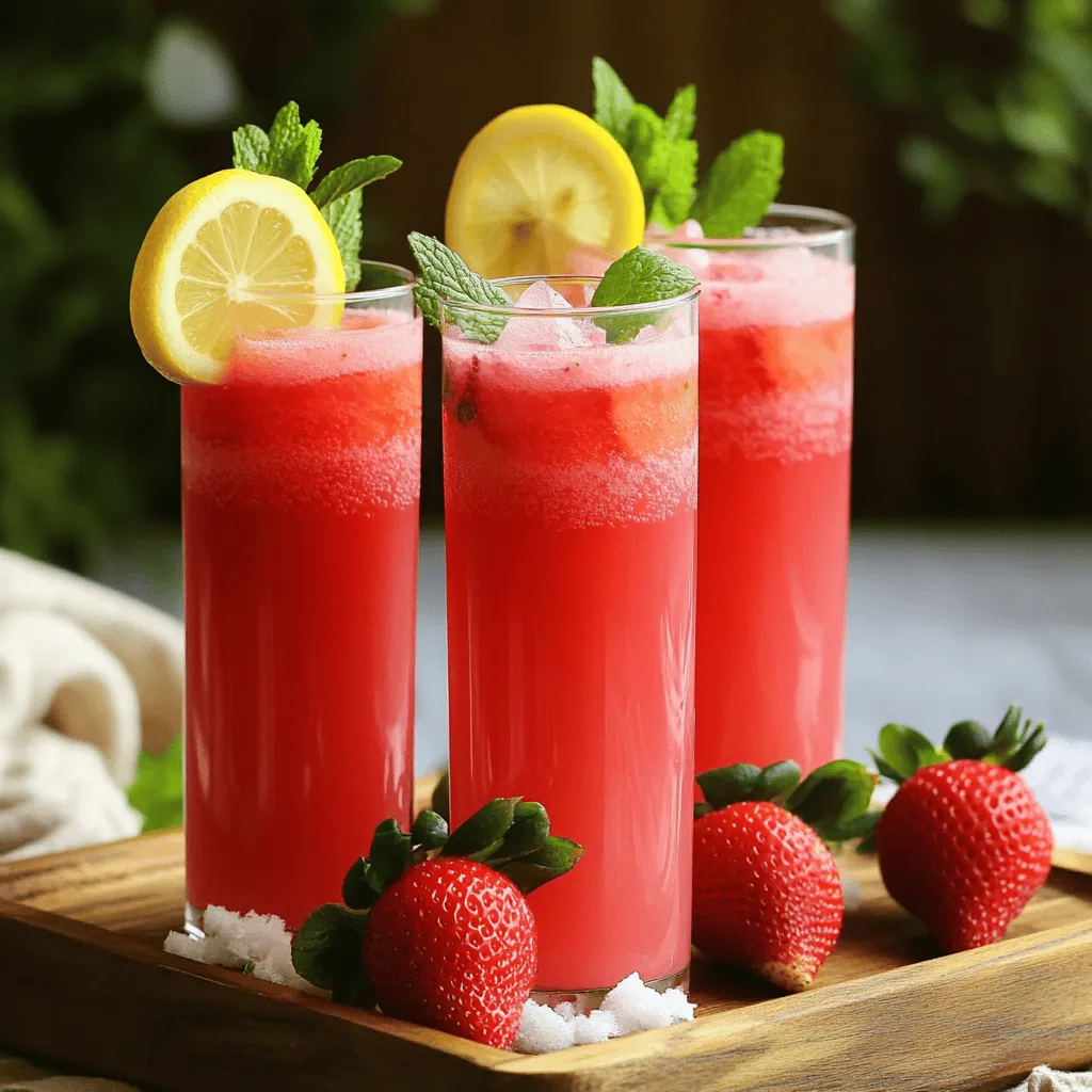 To make this drink, you need: - 2 cups fresh strawberries, hulled and sliced - 1 cup freshly squeezed lemon juice (about 4-6 lemons) - 1 cup granulated sugar (adjust to taste) - 4 cups cold water - 2 cups ice cubes - 1 lemon, sliced (for garnish) - Fresh mint leaves (for garnish) The key ingredients create a bright, refreshing drink. Fresh strawberries offer sweetness and vibrant color. Lemon juice adds a zesty tartness. Sugar balances the flavors. Cold water keeps it light and refreshing. Ice cubes make it frosty and fun. Garnishes add flair to your drink. A lemon slice gives a pop of color. Fresh mint leaves add a lovely aroma. For a special touch, you can place whole strawberries on the rim. These garnishes make the drink look and taste even better. To make the best Strawberry Frosted Lemonade, start by preparing your strawberries. Wash and hull two cups of fresh strawberries. Slice them to help with blending. Next, add the sliced strawberries to a blender. Pour in half of the cold water, about two cups. Blend until you have a smooth puree. If you want, strain the mixture through a fine-mesh sieve for extra smoothness. Set the strawberry puree aside. In a large pitcher, squeeze the juice from about four to six lemons until you have one cup. Add one cup of granulated sugar to the lemon juice. Stir the mixture well until the sugar dissolves completely. Now, pour in the strawberry puree and the remaining two cups of cold water. Mix everything together until it looks uniform. To achieve that frosted texture, you must crush the ice properly. Place two cups of ice cubes into the blender. Pulse the ice until it is finely crushed. This creates a great texture. You can also adjust the amount of ice based on how frosted you want your drink. Now it's time to serve your Strawberry Frosted Lemonade. Start by filling serving glasses with a layer of crushed ice. Pour the strawberry lemonade mixture over the ice until the glass is about three-quarters full. For an eye-catching finish, garnish each glass with a slice of lemon and a sprig of fresh mint. You can even add whole strawberries on the rim for an extra special touch. Serve with colorful straws and enjoy your refreshing summer drink! To get the right sweetness, taste as you go. Start with one cup of sugar. If it's too sweet, add more lemon juice. If it’s not sweet enough, add a bit more sugar. Remember, the strawberries also add sweetness. Always adjust to your taste. For a great frosted texture, use crushed ice. You can crush ice in a blender or use a mallet. If you want it finer, blend it longer. Make sure to layer the crushed ice in your glass for that nice frosted look. It keeps your drink cold and fun. You can make this drink even better by adding more flavors. Try adding a splash of lime juice for a zesty kick. Fresh mint mixed in adds a cool taste. You could even add some coconut milk for creaminess. Be creative; mix and match to find your favorite flavor! {{image_2}} You can mix strawberry with other fruits for fun flavors. Mango adds a tropical twist. Its sweetness complements the tartness of lemon well. Raspberry also works great. It gives a bright color and a delicious taste. Try mixing two or three fruits. This way, you can create your own unique drink! If you want a healthier drink, think about sugar substitutes. Honey or agave syrup can replace granulated sugar. They add sweetness without refined sugars. You can also use stevia or monk fruit sweetener. These options reduce calories and keep the flavor. Adjust the amount to suit your taste. Both frozen and fresh ingredients work well for this drink. Fresh strawberries bring a bright flavor. If fresh ones are not available, frozen strawberries are a good choice. They also chill the drink quickly. Use frozen lemon juice for a convenient option too. Both types will yield a tasty Strawberry Frosted Lemonade. After enjoying your Strawberry Frosted Lemonade, store leftovers in a pitcher. Cover it with plastic wrap or a lid. Keep it in the fridge. This drink tastes best within two days. If you notice any separation, just shake it gently before serving again. If you want to freeze your Strawberry Frosted Lemonade, pour it into ice cube trays. This makes it easy to use later. Once frozen, transfer the cubes to a zip-top bag. Remove as much air as you can. This helps avoid freezer burn and keeps the flavor fresh. Prepared Strawberry Frosted Lemonade lasts about two days in the fridge. After that, the taste and texture may change. If frozen, enjoy it within three months for the best flavor. Always check for any off-smells or changes in color before consuming. Yes, you can make Strawberry Frosted Lemonade ahead of time. I suggest mixing the strawberry and lemon mixture first. Store it in the fridge. When it's time to serve, blend the ice and pour it over the mixture. This keeps the drink fresh and frosty. If you prepare it too early, the ice may melt and dilute the flavor. The nutritional facts may vary, but here’s a general idea: - Calories: About 150 per serving - Carbohydrates: Around 38 grams - Sugar: Roughly 30 grams - Fiber: 2 grams - Vitamin C: A good source from lemons and strawberries This drink is refreshing and provides some vitamins. Adjust the sugar to make it healthier. Yes, Strawberry Frosted Lemonade is naturally non-alcoholic. It is perfect for kids and anyone who prefers a fresh drink. Use the full recipe to enjoy this tasty treat without any alcohol. You can sip it on a hot day or serve it at parties. You now have a clear path to make Strawberry Frosted Lemonade. Start with the right ingredients and follow the steps to create a refreshing drink. Remember the tips for sweetness and ice texture. Feel free to try different fruits or sweeteners. Store any leftovers properly to keep them fresh. Enjoy this yummy drink with friends and family, or make it for yourself. Each glass can be a tasty treat. I hope this recipe inspires you to get creative in the kitchen!