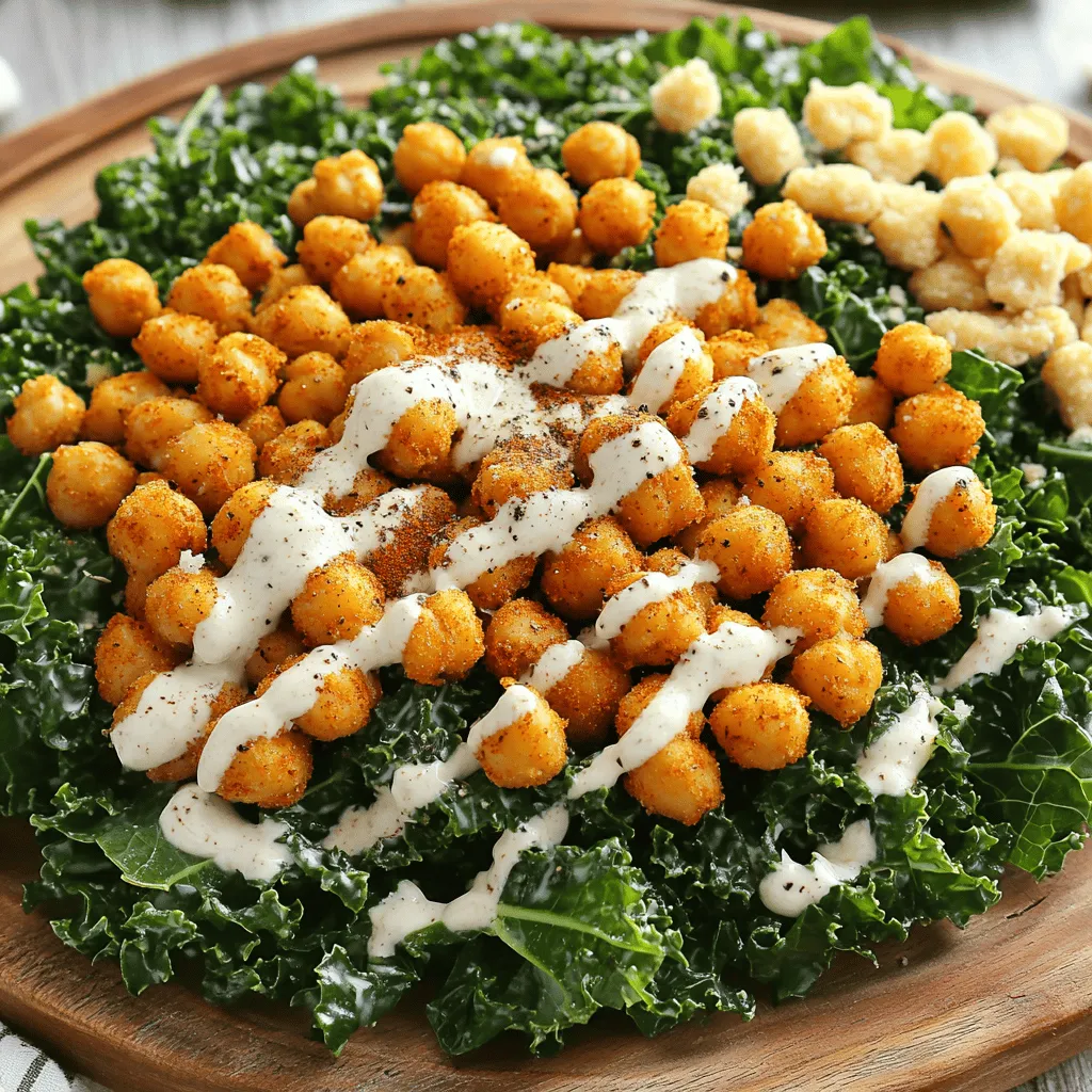 - 1 bunch of kale, stems removed and leaves chopped - 1 cup of canned chickpeas, drained and rinsed - 2 tablespoons olive oil (divided) - 1 teaspoon smoked paprika - Salt and pepper to taste - 1/4 cup tahini - 2 tablespoons lemon juice - 1 tablespoon Dijon mustard - 1 garlic clove, minced - 1/4 cup nutritional yeast - 1/4 cup grated Parmesan cheese (or nutritional yeast for vegan option) - Freshly ground black pepper, for garnish - Optional: Croutons for added crunch In this recipe, fresh ingredients really shine. The kale gives a nice crunch and great flavor. I love using canned chickpeas for ease. They add protein and texture. For pantry items, olive oil is key for roasting and dressing. Smoked paprika adds a warm, smoky flavor that elevates the dish. Don’t skip salt and pepper; they bring all the flavors together. The dressing is where the real magic happens. Tahini provides creaminess. Lemon juice brightens up the taste. Dijon mustard adds a nice kick. Minced garlic gives warmth, while nutritional yeast makes it cheesy. You can use grated Parmesan cheese for a richer flavor or stick to nutritional yeast for a vegan option. Freshly ground black pepper adds that final touch. If you want extra crunch, toss in some croutons. For the full recipe, check the details above. - Preheat the Oven to 400°F (200°C) Start by preheating your oven. This step is key for crispy chickpeas. - Prepare the Chickpeas On a baking sheet, spread 1 cup of canned chickpeas in a single layer. Drizzle 1 tablespoon of olive oil over them. Add 1 teaspoon of smoked paprika, salt, and pepper. Toss to coat well. - Bake the Chickpeas for Crispy Texture Roast the chickpeas for 25-30 minutes. Check halfway and shake the pan. You want them golden and crispy. - Make the Dressing In a bowl, whisk together 1/4 cup of tahini, 2 tablespoons of lemon juice, 1 tablespoon of Dijon mustard, and 1 minced garlic clove. Add the remaining 1 tablespoon of olive oil and 1/4 cup of nutritional yeast. Mix well. Slowly add water until you reach your desired dressing thickness. Season with salt and pepper. - Massage the Kale In a big mixing bowl, add the chopped kale. Drizzle with about 1 teaspoon of olive oil and a pinch of salt. Massage the kale for 2-3 minutes. This softens it and brings out its flavor. - Combine Ingredients Pour the tahini dressing over the massaged kale. Toss the salad well, making sure all the leaves are coated. - Add Finishing Touches and Serve Fold in the crispy chickpeas. Sprinkle 1/4 cup of grated Parmesan cheese on top. If you want extra crunch, add croutons. Transfer the salad to a platter and finish with freshly ground black pepper. For the full recipe, refer to the details above. - Achieving the Right Crispiness To get crispy chickpeas, start by draining and rinsing them well. Pat them dry with a towel. This step is key! Use a single layer on a baking sheet. Bake them at 400°F (200°C) for 25-30 minutes. Shake the pan halfway through. This helps them cook evenly and get super crunchy. - Seasoning Options for Flavor You can get creative with seasonings! Besides smoked paprika, try garlic powder or chili powder. A sprinkle of cumin adds a nice twist, too. Remember to adjust salt and pepper to your taste. These small changes can make your chickpeas pop with flavor. - Importance of Massaging Kale Massaging kale is essential. It breaks down tough fibers. This makes the leaves softer and easier to chew. Drizzle a little olive oil and sprinkle some salt on the chopped kale. Use your hands to rub the leaves for 2-3 minutes. You’ll see a difference in color and texture. It’s worth the effort! - Enhancing Nutritional Benefits Massaging kale not only softens it, but it also releases nutrients. Kale is rich in vitamins A, C, and K. By massaging, you help your body absorb these vitamins better. Plus, it makes the salad much more enjoyable to eat. - Customizing Dressing Texture The dressing can be adjusted easily. If you like it thinner, add water a tablespoon at a time. Whisk it well until you reach your desired consistency. If you want a thicker feel, use less water. This gives it a nice coat over the kale. - Flavor Variations and Additions Want to change up the flavor of your dressing? Add a dash of hot sauce for heat or a bit of maple syrup for sweetness. Fresh herbs like dill or basil can lift the flavor, too. Experimenting with these options keeps your salad exciting every time you make it! For the complete recipe, check out the Full Recipe. {{image_2}} Substituting Greens: Other Leafy Options If you want to switch up the greens, try using spinach or arugula. Both add unique flavors and textures. Spinach is soft and mild, while arugula has a peppery bite. You can even mix these greens for extra taste. Just remember to massage them like you do with kale for the best results. Protein Additions: Grilled Chicken or Tofu Adding protein can make your salad heartier. Grilled chicken adds a savory touch and pairs well with the dressing. If you prefer plant-based options, try grilled tofu. Tofu soaks up flavors nicely and gives a satisfying bite. Just be sure to season it before grilling for the best taste. Vegan Dressings: Plant-based Options For a vegan twist, replace the Parmesan with nutritional yeast. You can also use cashew cream for a creamy touch without dairy. Blend soaked cashews with water and a bit of lemon juice. This adds a rich flavor that works well in the salad. Low-Calorie Variations To keep it light, use Greek yogurt instead of tahini. This gives a creamy texture with less fat. You can also reduce the amount of oil in the dressing. A little water can help thin it out without adding calories. Side Options to Pair with the Salad This salad goes well with a variety of sides. Try serving it with whole-grain bread or a light soup. Both options complement the flavors and add more nutrition. You can also add fruit, like sliced apples or pears, for a sweet contrast. Presentation Ideas for Attractive Serving For a stunning display, use a large bowl or a wooden platter. Layer the kale first, then top with crispy chickpeas. Add a sprinkle of Parmesan and fresh herbs for color. Use a lemon wedge on the side for a pop of freshness. This makes your Harvest Kale Caesar look as good as it tastes. For the full recipe, check out the detailed instructions above. To keep your Harvest Kale Caesar fresh, store it properly. First, place leftovers in the fridge within two hours of making it. The cool temperature helps prevent spoilage. Use an airtight container to keep moisture out. This keeps your salad crisp and tasty. - Best Practices for Refrigeration - Always cool your salad before refrigerating. - Use a shallow container for quicker cooling. - Avoid mixing in chickpeas with kale if you plan to store it. This helps keep everything crunchy. - Containers for Freshness - Glass containers work well for salads. They don’t hold odors. - Plastic containers can be used but choose BPA-free options. - If using a bowl, cover it tightly with plastic wrap. You may wonder if you can freeze kale salad. Freezing is not ideal for this dish. Kale can become mushy when thawed. However, you can freeze crispy chickpeas for later use. - Can You Freeze Kale Salad? - Freezing kale salad will change its texture. - If you want to freeze, only freeze the chickpeas. - Tips for Freezing and Reheating Chickpeas - After baking, let the chickpeas cool. - Store them in an airtight bag or container. - When ready to eat, reheat in the oven for crispiness. Knowing how long your salad lasts is key to enjoying it. Proper storage can make a big difference. - How Long Does the Salad Last? - A well-stored kale salad lasts about 3 days. - The chickpeas stay crispy for about 4 days if stored separately. - Signs of Spoilage - Look for wilted kale or a sour smell. - Discard if there is any mold or unusual discoloration. - If the chickpeas feel soft or soggy, it’s time to toss them. Remember, keeping your Harvest Kale Caesar with Crispy Chickpeas fresh means enjoying it at its best! For the full recipe, check out the detailed cooking steps above. To make this salad, follow these essential steps: 1. Preheat your oven to 400°F (200°C). 2. Spread rinsed chickpeas on a baking sheet. 3. Toss chickpeas with olive oil, smoked paprika, salt, and pepper. 4. Bake for 25-30 minutes until crispy. 5. Whisk together tahini, lemon juice, Dijon mustard, garlic, nutritional yeast, and olive oil for the dressing. 6. Massage chopped kale with olive oil and salt until soft. 7. Toss the kale with the dressing and crispy chickpeas. 8. Serve with grated Parmesan and freshly ground black pepper. This recipe yields a fresh, flavorful dish. You can find the complete preparation steps in the Full Recipe section. Yes, you can prepare this salad ahead. Here are some tips: - Chickpeas: Roast them just before serving for best crunch. - Dressing: Make it a day early and store in the fridge. - Kale: Massage the kale just before serving to keep it fresh. - Combine: Assemble everything right before you eat to maintain texture. Yes, there are nut-free options for the dressing. Instead of tahini, use sunflower seed butter or omit it. You can also add a bit more nutritional yeast for flavor. This way, you maintain a creamy texture without nuts. To keep chickpeas crispy, follow these best practices: - Storage: Store them in an airtight container at room temperature. - Serving: Add them to the salad right before serving. - Avoid moisture: Keep them away from any liquid to prevent sogginess. These steps will help you enjoy crispy chickpeas in every bite! This blog post covered everything you need to make a tasty Harvest Kale Caesar with Crispy Chickpeas. We discussed fresh ingredients, essential pantry items, and how to prepare the dish step by step. I shared tips to perfect the chickpeas and dressings, plus helpful variations to suit your taste. In conclusion, enjoy experimenting with this salad. It’s simple, versatile, and packed with flavor. Happy cooking!
