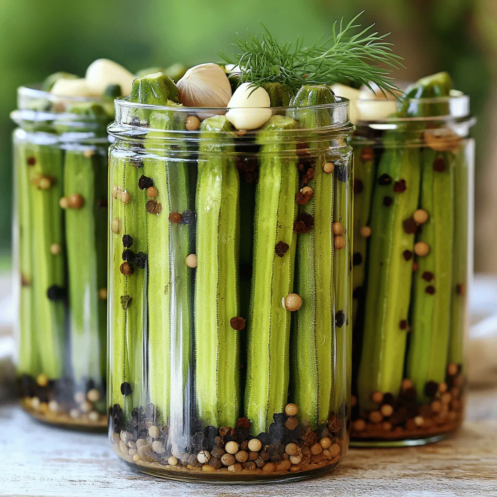To make Southern Pickled Okra Bites, you will need these ingredients: - 1 pound fresh okra, trimmed - 1 cup vinegar (white or apple cider) - 1 cup water - 2 tablespoons salt - 1 tablespoon sugar - 1 teaspoon black peppercorns - 1 teaspoon mustard seeds - 1 teaspoon dill seeds - 2 cloves garlic, peeled and crushed - 1 teaspoon crushed red pepper flakes (optional for spiciness) I always recommend using fresh okra for the best flavor and texture. Fresh okra stays crisp and has a bright taste. You can find it at local markets or your grocery store. Frozen okra works in a pinch, but it may lose some crunch. Fresh okra gives your bites that perfect snap. You can customize your brine to fit your taste! Here are some fun ideas: - Add a tablespoon of lemon juice for a zesty kick. - Use fresh herbs like thyme or basil for an aromatic touch. - For a sweeter version, add an extra tablespoon of sugar or honey. - Experiment with spices like coriander or cumin for new flavors. These tweaks can make your Southern Pickled Okra Bites even more exciting! For the complete recipe, check out the Full Recipe. To start, gather your ingredients. You need vinegar, water, salt, and sugar. In a medium saucepan, combine 1 cup of vinegar and 1 cup of water. Add 2 tablespoons of salt and 1 tablespoon of sugar. Heat over medium heat. Stir until the salt and sugar dissolve. This will create a tangy brine for your okra. Once it boils, remove it from heat and let it cool slightly. It should be warm, not hot, when you pour it over the okra. Now it's time to pack the okra. Take 1 pound of fresh okra and trim the ends. Use sterilized glass jars for this step. Place the okra upright in the jars. Make sure they fit snugly but are not too tight. This helps the brine to reach every piece of okra. Next, add your flavorings. Distribute 1 teaspoon of black peppercorns, 1 teaspoon of mustard seeds, and 1 teaspoon of dill seeds among the jars. Don’t forget the 2 cloves of crushed garlic. If you like some heat, add 1 teaspoon of crushed red pepper flakes. Now, pour the warm brine over the packed okra. Ensure every piece is fully submerged. Leave about half an inch of space at the top of each jar. This space helps the brine to bubble. After that, clean the rim of each jar with a cloth. This step ensures a good seal. Place your sterilized lids and bands on the jars. Let the jars cool at room temperature. Once cool, put them in the fridge. Wait at least 24 hours before tasting. However, for the best flavor, wait 1 to 2 weeks. Enjoy your Southern Pickled Okra Bites as a tangy snack or a fun garnish. For the complete recipe, see the Full Recipe above. To keep your okra bites safe, you must sterilize your jars. Start by washing them with hot, soapy water. Rinse them well. Next, place them in a pot of boiling water for about 10 minutes. This kills germs. You can also use a dishwasher on the hot cycle. Ensure they dry completely before use. This simple step helps your pickled okra last longer. Flavor is key for tasty pickled okra. Use fresh okra for the best taste. Trim the ends and pack them tightly in jars. Adding spices like black peppercorns and dill seeds enhances the flavor. Use vinegar that suits your taste. Apple cider vinegar gives a fruity note, while white vinegar is sharper. Let your jars sit for 1-2 weeks for the best results. The longer they sit, the better they taste! You don’t need fancy tools to pickle okra. A medium saucepan is perfect for making brine. Use glass jars with tight lids for storage. A ladle helps pour the brine without spilling. A funnel can make filling jars easier. Also, have a clean cloth on hand to wipe jar rims. Each tool helps ensure your pickling process goes smoothly. For more details, check out the Full Recipe for Southern Pickled Okra Bites. {{image_2}} To make spicy Southern pickled okra bites, add crushed red pepper flakes. Adjust the amount based on your spice level. I suggest starting with one teaspoon. If you want more heat, feel free to add more! The spice infuses into the okra as it pickles, creating a zesty kick. These bites pair perfectly with cheese or crackers. For a sweet twist, try adding a bit more sugar to the brine. You can also include sliced jalapeños for a sweet and spicy mix. Another fun idea is to add some cinnamon sticks or cloves. These flavors will give your pickled okra a unique touch. Sweet pickled okra works great in salads or as a side dish. You can also pickle other vegetables with okra. Consider adding carrots, green beans, or cauliflower. These vegetables will soak up the brine and add more crunch to your bites. I love mixing colors for a vibrant jar. All these veggies will create a beautiful, tasty spread. They are great for parties or as snacks. Check out the Full Recipe for ideas on how to mix it up! Store your pickled okra in a cool, dark place. A pantry shelf works well. Once opened, move the jars to the fridge. Keep the jars tightly sealed to maintain freshness. This helps keep the flavors intact. Home-pickled okra lasts for about 1 to 2 months when stored properly. After opening, consume within 2 to 3 weeks. The flavor improves over time, so waiting is worth it. Always check for the best taste and crunch. Watch for changes in color or texture. If the okra becomes mushy, it’s time to toss it. A bad smell or bubbles are also signs of spoilage. If you see mold, do not eat it. Always prioritize safety in your kitchen. You should wait at least 24 hours before eating your pickled okra. This time allows the flavors to soak in. However, for the best taste, I suggest waiting 1 to 2 weeks. The longer you wait, the richer the flavor becomes. The spices and vinegar work together to create a tangy bite that makes it worth the wait. You can serve Southern Pickled Okra Bites in many fun ways. They make a great snack on their own. Pair them with cheese and crackers for a tasty platter. You can also use them as a garnish for cocktails, like Bloody Marys. They add a nice twist and a pop of color. Another option is to serve them alongside fried chicken or barbecue, enhancing the meal's flavor. Yes, you can reuse pickling brine for another batch of okra. However, make sure to strain it first to remove any bits of food. It’s best to use it soon after the first batch. If it smells off or looks cloudy, it’s safer to make a fresh batch. Reusing brine is a great way to save time and reduce waste, but always trust your senses! In this post, we explored how to make Southern Pickled Okra Bites. We discussed the key ingredients, and how fresh or frozen okra impacts taste. I shared tips for brining, packing, and sealing jars. You learned helpful tricks for flavor and jar sterilization. Pickled okra is fun and easy to make. Enjoy the different variations and share them with loved ones. Remember these tips to make your pickled okra tasty and safe. Happy pickling!