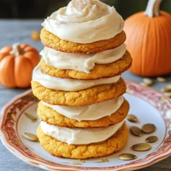 - 2 cups all-purpose flour - 1 teaspoon baking soda - 1 teaspoon baking powder - 2 teaspoons ground cinnamon - 1/2 teaspoon ground nutmeg - 1/4 teaspoon ground ginger - 1/4 teaspoon salt - 1 cup pumpkin puree - 1 cup brown sugar - 1/2 cup granulated sugar - 1/2 cup vegetable oil - 2 large eggs - 8 oz cream cheese, softened - 1/2 cup unsalted butter, softened - 2 cups powdered sugar - 1 teaspoon vanilla extract - 1/2 teaspoon ground cinnamon I love to gather my ingredients before I start baking. This helps keep things neat. First, for the dry ingredients, I use flour, baking soda, baking powder, cinnamon, nutmeg, ginger, and salt. These spices bring a warm flavor to the cookies. Next, I mix my wet ingredients. I add pumpkin puree, brown sugar, granulated sugar, vegetable oil, and eggs. The pumpkin puree is key. It gives the cookies moisture and a great taste. Finally, I prepare the frosting. I blend cream cheese and butter until smooth. Then, I add powdered sugar, vanilla, and ground cinnamon. This frosting makes the cookies extra special. For the full recipe, check out the complete list of ingredients and steps. Enjoy baking! - Preheat your oven to 350°F (175°C) and line baking sheets with parchment paper. - In a large bowl, combine pumpkin puree, brown sugar, granulated sugar, and vegetable oil. Mix well until smooth. - In a separate bowl, whisk together flour, baking soda, baking powder, cinnamon, nutmeg, ginger, and salt. - Gradually add the dry ingredients to the wet mixture, mixing until just combined. It’s okay if a few lumps remain. - Using a cookie scoop or tablespoon, drop rounded balls of dough onto the prepared baking sheets, leaving space between each cookie. - Bake for 12-15 minutes until the edges are golden and the centers are soft. - In a medium bowl, beat cream cheese and butter until creamy. - Gradually mix in powdered sugar and vanilla until smooth and fluffy. Add ground cinnamon for extra flavor. - Once the cookies cool, spread frosting generously on each one. - Optional: Add decorative touches like a sprinkle of cinnamon or pumpkin seeds for a festive look. - Ensure ingredients are at room temperature for even mixing. - Do not overmix the dough to avoid tough cookies. To make soft and chewy cookies, start with room temperature ingredients. This helps them blend well and gives the cookies a nice texture. If the butter or eggs are cold, it can lead to uneven mixing. You want a smooth dough, not a lumpy one. Mix the dough gently. Overmixing can lead to cookies that are hard instead of soft. When you combine wet and dry ingredients, stir just until you see no more flour. - Chill the frosting slightly before applying for easier spreading. - Use a spatula or piping bag for decorative frosting. I find that chilling the cream cheese frosting makes it easier to spread. When it’s cool, it holds its shape better. If you want to get fancy, use a piping bag. You can create fun shapes and designs that look great on the cookies. A spatula works well too. Just scoop up some frosting and spread it on top of each cookie. You can make it smooth or add a swirl for a fun look. - Adjust baking time for preferred cookie softness or crispness. - Experiment with adding nuts or dried fruits for extra flavor. Baking time can change how your cookies turn out. For soft cookies, bake for the lower end of the time range. If you like a crispy edge, bake a little longer. You can also add nuts like walnuts or pecans for a nice crunch. Dried fruits, like cranberries or raisins, add sweetness and texture. They make each bite interesting and tasty! For the full recipe, check out the details above. {{image_2}} You can easily change up the flavors in your pumpkin cookies. Here are two fun ideas: - Add chocolate chips or white chocolate for a sweet twist. The chocolate pairs well with the warm spices. - Incorporate a bit of orange zest for a citrusy note. This adds a fresh flavor that brightens the cookies. Need to make some changes for dietary needs? Try these swaps: - Substitute gluten-free flour for a gluten-free option. This keeps the cookies tasty for those avoiding gluten. - Use vegan cream cheese and butter for a dairy-free version. This way, everyone can enjoy these treats. Get creative with how you decorate your cookies! - Create Halloween-themed cookies by using food coloring in the frosting. This adds fun colors that kids will love. - Use festive cookie cutters for unique shapes. You can make pumpkins, ghosts, or any shape you like for special occasions. For the complete recipe, check out the Full Recipe section! Store your cookies in an airtight container at room temperature. This keeps them soft and fresh. For longer freshness, refrigerate cookies with frosting. The cool temperature helps the cream cheese stay firm and tasty. You can freeze un-frosted cookies for up to 3 months. This is a great way to save some for later. When you want them, just thaw and frost them before serving. This method keeps the texture perfect. These cookies are typically fresh for 1 week at room temperature. However, frosted cookies may last a little shorter due to the cream cheese. It's best to enjoy them within a few days for the best taste. Yes, canned pumpkin puree is the best option for convenience and taste. Using canned pumpkin saves time and ensures a smooth texture. I always reach for quality brands that offer rich flavor. This ingredient makes the cookies moist and flavorful. If you want to use fresh pumpkin, cook and puree it before use. To make cookies soft and chewy, avoid overbaking them. Check for doneness at the 12-minute mark. The edges should be lightly golden, while the centers remain soft. After baking, let them cool on the sheet for five minutes. This helps them hold moisture, keeping them chewy and delicious. Yes, the cookies are delicious on their own if you prefer a less sweet treat. The pumpkin flavor shines through, making them tasty even without frosting. If you choose to skip the frosting, consider adding nuts or spices for extra texture and flavor. These cookies pair wonderfully with coffee or tea, and are great for fall gatherings. Serve them on a pretty plate, and add a sprinkle of cinnamon for flair. Guests will love the taste, and it adds a nice touch to your table setting. These pumpkin cookies are easy and fun to make. You learned about the ingredients, instructions, and tips for perfect cookies. The best part? You can change flavors or make them gluten-free or vegan. Storing your cookies properly will keep them fresh. Remember, these treats taste great on their own or frosted. Enjoy baking and sharing these delights this fall!