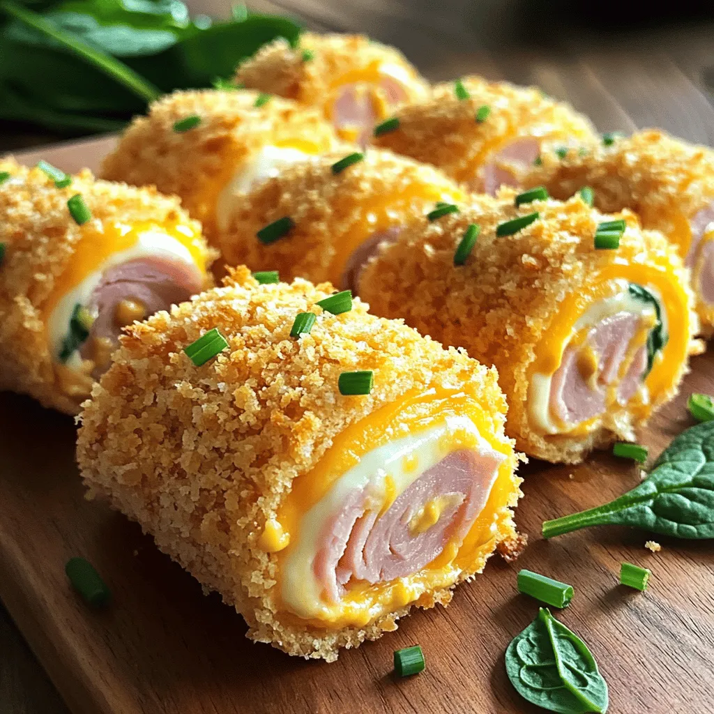 To make tasty ham and cheese roll ups, you need a few key items: - 8 slices of deli ham - 4 ounces cream cheese, softened - 1 cup shredded cheddar cheese - 1 tablespoon Dijon mustard - 1 tablespoon fresh chives, chopped - 1/2 teaspoon garlic powder - 1/4 teaspoon black pepper These ingredients work well together. The ham gives a salty taste, while the cream cheese adds smoothness. Cheddar cheese brings a nice bite. The mustard and spices add a bit of zest. You can add some fun extras to make your roll ups even better: - 1 cup fresh spinach leaves (optional) - 1/2 cup breadcrumbs (for a crunchy topping) Adding spinach gives a nice crunch and color. If you want a crispy outside, use breadcrumbs. They add a lovely texture and golden look. Gather these tools for easy prep: - Mixing bowl - Spoon or spatula - Baking sheet - Parchment paper - Toothpicks (optional) Having the right tools makes cooking smooth and fast. A mixing bowl helps combine the cheese well. A baking sheet lined with parchment paper keeps clean-up easy and prevents sticking. For the complete recipe, check out the full recipe section. Start by gathering your ingredients. You need cream cheese, cheddar cheese, Dijon mustard, chives, garlic powder, and black pepper. In a medium bowl, mix the softened cream cheese and shredded cheddar. Add the mustard, chives, garlic powder, and black pepper. Stir until everything is smooth and well blended. This cheese mixture gives your roll-ups a rich flavor. Now, lay out each slice of deli ham on a clean surface. If needed, overlap the slices slightly. Take a spoonful of your cheese mixture and spread it on each ham slice. Leave a small border around the edges. If you want, place a fresh spinach leaf at one end of the ham. Then, roll the ham tightly from that end. If it feels loose, use a toothpick to hold it together. Repeat this step for all your ham slices. Preheat your oven to 375°F (190°C). If you want a crunchy topping, roll each ham and cheese roll-up in breadcrumbs. Place the roll-ups on a baking sheet lined with parchment paper. Bake them for 12-15 minutes. Look for a golden brown color on the breadcrumbs. Once baked, take them out and let them cool for a few minutes before you serve. Enjoy your tasty ham and cheese roll-ups! To get the best texture, use softened cream cheese. This helps it mix well with other ingredients. Mix them until smooth for even flavor. Spread the cheese mixture thinly on each ham slice. This ensures every bite is tasty. Roll the ham tightly but gently to avoid breaking. You want a nice, neat roll. Don’t skip the mustard! It adds great flavor. If you forget to soften the cream cheese, your mixture will be lumpy. Make sure you lay the ham slices flat. Overlapping them too much can make rolling harder. Also, avoid making the rolls too big. They should fit nicely in your mouth. These roll-ups are great as snacks or appetizers. Pair them with a fresh salad for a light meal. You can also serve them with dipping sauces like ranch or honey mustard. For a fun twist, add some sliced pickles inside the rolls. You can find the full recipe for these tasty ham and cheese roll-ups to try today! {{image_2}} You can switch up the cheese for new flavors. Try mozzarella for a milder taste. Swiss cheese adds a nutty touch. You can also use goat cheese for a tangy twist. For spreads, consider using herb cream cheese or spicy mustard. Each choice brings a fresh spin to your roll ups. Adding veggies can make your roll ups more exciting. Fresh spinach is a great choice. You can also try bell peppers or sliced avocados. For some heat, add jalapeños or red pepper flakes. Fresh herbs like basil or parsley can make a big difference too. These add-ins give your dish more color and taste. You can cook these roll ups in many ways. Baking gives them a nice, crunchy finish. Frying them in a skillet adds a golden crust. If you want a healthier option, try air frying. It cooks them evenly while using less oil. Each method changes the texture, so feel free to experiment! To store leftover roll ups, let them cool first. Place them in an airtight container. You can keep them in the fridge for up to three days. If you want to save them longer, freezing is a good option. Reheat the roll ups in the oven for the best taste. Preheat your oven to 350°F (175°C). Place the roll ups on a baking sheet. Heat for about 10 minutes or until warm. If you prefer, you can use the microwave. Just heat them for 30 seconds at a time until warm. You can freeze ham and cheese roll ups for up to three months. Wrap each roll tightly in plastic wrap. Then place them in a freezer bag. When you are ready to eat them, thaw them in the fridge overnight. Reheat as mentioned above for a tasty treat! For the full recipe, check out the earlier section. Yes, you can use different meats. Turkey, chicken, or roast beef work well. Just choose deli meats you enjoy. This makes the dish fun and unique for your taste. Ham and Cheese Roll Ups last about three days in the fridge. Make sure to keep them in an airtight container. This helps keep them fresh and tasty. Yes, you can make them ahead of time. Prepare the roll-ups and store them in the fridge. They taste great when reheated or served cold. You can serve these roll-ups with many sides. Fresh veggies, chips, or a simple salad are great choices. Dipping sauces like ranch or honey mustard add more flavor too. You can find the full recipe for Ham and Cheese Roll Ups [here](#). It gives all the details you need to create these tasty bites. Ham and cheese roll ups are easy and fun to make. You learned about the ingredients, tools, and the simple steps to create them. We covered tips to make them better and ways to store them for later. Try different cheeses and add-ins for more fun flavors. These roll ups will impress anyone. Enjoy making this snack for your family and friends!