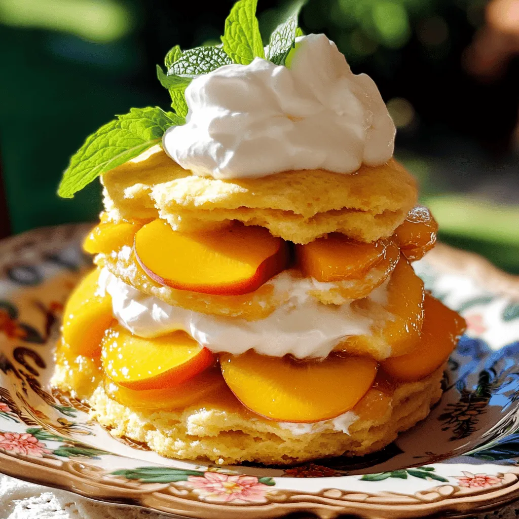 - Ripe peaches: Choose peaches that are soft but not mushy. Look for a sweet aroma. The skin should have a nice color, too. You want them to be juicy for the best flavor. - Essential baking ingredients: You will need all-purpose flour, sugar, and baking powder. The flour gives structure. Sugar adds sweetness, and baking powder helps the shortcakes rise. - Additional items: You’ll also need unsalted butter, milk, vanilla extract, and heavy cream. Cold butter makes the shortcakes flaky. Milk adds moisture, while vanilla enhances the flavor. Heavy cream is for the whipped topping. Using these ingredients will help you create a fresh peach shortcake that is both tasty and beautiful. For the full recipe, check out the detailed instructions. To make a great peach filling, start by marinating the peaches. This step is key. When you mix sliced peaches with lemon juice and sugar, it brings out the best flavor. The lemon juice adds brightness, while sugar enhances sweetness. After mixing, set the peaches aside for about 30 minutes. This marination time helps the flavors blend well. You want the peaches to be juicy and flavorful when served. Next, we move on to the shortcakes. First, mix the dry and wet ingredients carefully. In a large bowl, whisk together the flour, baking powder, sugar, and salt. This blend creates a light texture. Now, add the chilled butter. Use your fingers or a pastry cutter to mix it in until the mix looks like coarse crumbs. This step is vital for fluffy shortcakes. Then, pour in the milk and vanilla extract. Stir gently until just combined. Do not overmix, as this can make the shortcakes tough. When you're ready, turn the dough onto a floured surface. Knead it a couple of times until it comes together. Pat it out into a rectangle, about 1-inch thick. Use a biscuit cutter to cut out shortcakes. Place them on a baking sheet, and gather any scraps to cut more. Preheat your oven to 425°F. This temperature is perfect for baking shortcakes. It helps them rise well and turn golden brown. Bake for 12 to 15 minutes. You know they are done when they look golden and feel firm. Once baked, take them out and let them cool slightly. The warm shortcakes will pair perfectly with the marinated peaches and whipped cream. For the full recipe, please refer to the instructions provided earlier. Enjoy the process of creating this delightful summer treat! To make your shortcake perfect, pay attention to mixing. Overmixing makes your shortcake tough. Mix until just combined for a light, fluffy texture. Use cold ingredients like butter and milk. Cold butter creates little pockets of air, which helps the shortcake rise well. Choosing ripe peaches is key. Look for peaches that feel soft but not mushy. A sweet scent is a good sign too. If you're out of peaches, you can use other fruits. Berries or nectarines work well in this recipe. For a beautiful presentation, garnish with fresh mint or extra peach slices. You can also drizzle some peach syrup on top. To enhance the meal, pair your shortcake with sweet tea or sparkling water. These drinks balance the sweetness of the dessert. For the full recipe, see the section on ingredients and instructions above. {{image_2}} You can enhance your fresh peach shortcake with extra flavors. Think about adding spices or extracts. A touch of cinnamon or nutmeg can warm up the dish. Vanilla extract boosts the sweetness too. Try a bit of almond extract for a unique twist. Mixing in other fruits can change things up. Berries like strawberries or blueberries pair nicely with peaches. You can also use other stone fruits like plums or cherries. These combinations add color and flavor to your dessert. If you need a gluten-free option, swap out the all-purpose flour. Use almond flour or a gluten-free flour blend. These alternatives work well and keep the shortcake tender. For vegan alternatives, replace the butter with coconut oil or vegan butter. Use almond milk or oat milk instead of regular milk. You can also make whipped cream from coconut cream for a dairy-free treat. These swaps help everyone enjoy this delicious dessert. To keep your shortcakes fresh, store them in an airtight container. This helps maintain their softness. You can also cover them with plastic wrap or foil on a plate. If you store them this way, they will last for about two days at room temperature. If you need to keep them longer, place the shortcakes in the fridge. They will stay fresh for up to five days. Just remember to let them come to room temperature before serving for the best taste. Marinated peaches can last in the fridge for about three days. Be sure to keep them in a tightly sealed container. This keeps the flavors fresh and bright. If you want to save the peach filling for later, freezing is a great option. Here’s how you can do it: 1. Prepare the Peaches: Slice and marinate your peaches as usual with lemon juice and sugar. 2. Cool: Allow the marinated peaches to cool completely in the fridge. 3. Pack: Transfer the peaches to a freezer-safe bag. Remove excess air to prevent freezer burn. 4. Label: Mark the bag with the date for easy tracking. 5. Freeze: Store the bag flat in the freezer. Frozen peaches can last for up to six months. When you're ready to use them, thaw in the fridge overnight. This way, you can enjoy a taste of summer any time of the year! For the full recipe, refer back to the main article. How do I know when the peaches are ripe? You can tell peaches are ripe by their color and feel. Look for vibrant yellow or orange skin. Gently squeeze the peach; it should give a little. A sweet aroma is a good sign too. Avoid hard peaches as they are not ripe yet. Can I make the shortcakes ahead of time? Yes, you can make shortcakes ahead. Bake them and let them cool. Store the shortcakes in an airtight container. They will stay fresh for about two days. You can also freeze them for longer storage. Just thaw before serving. What's the best way to whip cream for this recipe? To whip cream well, start with a cold bowl and beaters. Use heavy cream for best results. Add powdered sugar and vanilla for flavor. Whip on medium speed until soft peaks form. Avoid overwhipping, as it can turn grainy. - Link to the full recipe: Instructions and ingredient quantities You now know how to make fresh peach shortcake from start to finish. We covered picking ripe peaches, mixing the perfect shortcake, and tips to keep it fresh. Remember to use cold ingredients for the best texture. You can also try different fruits and adjustments for special diets. I hope you feel inspired to create your own delicious shortcake. Enjoy this tasty treat with family and friends!