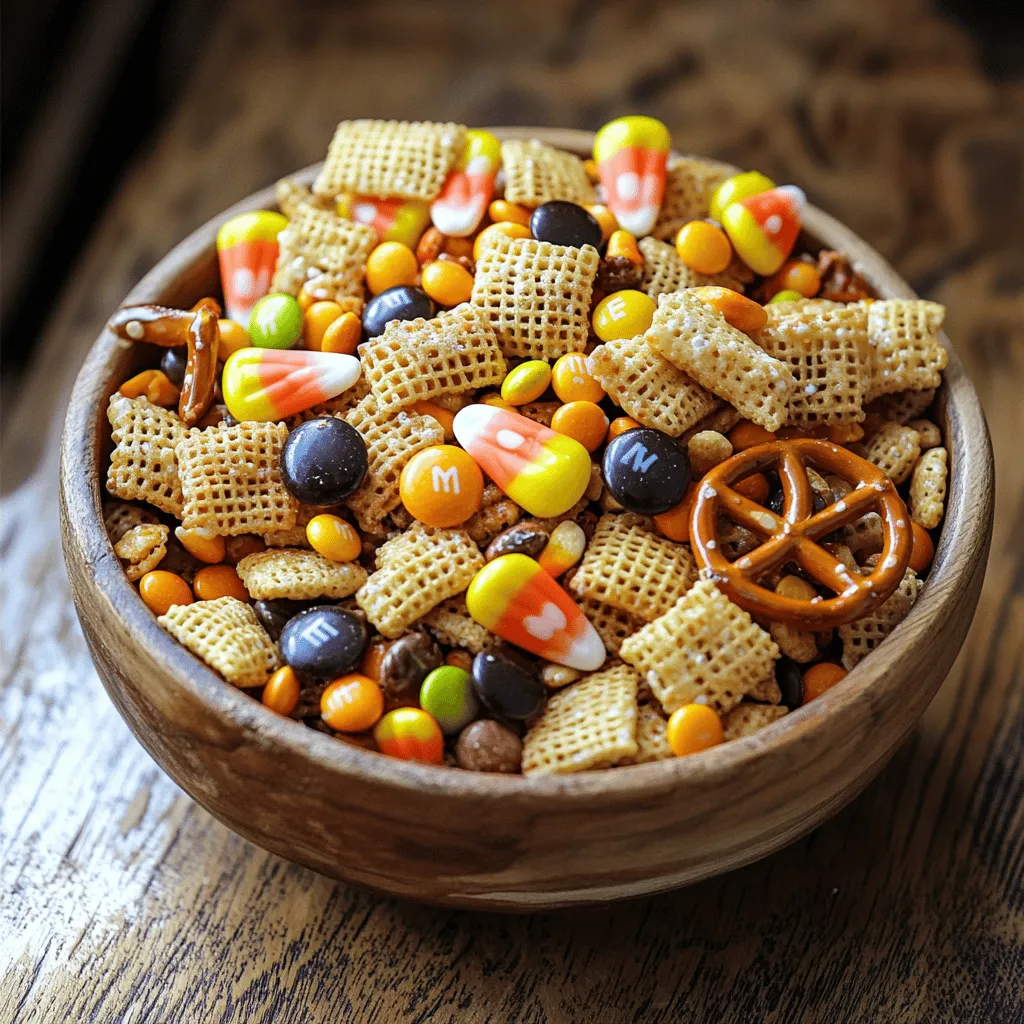 To create your Halloween Harvest Chex Mix, you need some key items. These are the building blocks of your tasty treat: - 3 cups Rice Chex cereal - 3 cups Corn Chex cereal - 1 cup mini pretzels - 1 cup candy corn - 1 cup M&M's (preferably seasonal colors) - 1 cup dark chocolate chips - 1/2 cup pumpkin seeds (pepitas) - 1/2 cup maple syrup - 1 teaspoon cinnamon - 1 teaspoon vanilla extract - 1/4 teaspoon sea salt These ingredients mix well to create a sweet and crunchy snack. The Rice Chex and Corn Chex give a great base. The mini pretzels add a salty crunch. Candy corn and M&M's bring fun colors and sweetness. Dark chocolate chips add richness, while pumpkin seeds offer a great texture. You can boost the taste with some fun add-ins. Here are a few ideas: - Dried cranberries for tartness - Nuts like almonds or pecans for crunch - White chocolate chips for extra sweetness - Sprinkles in Halloween colors for a festive touch These additions can make your Chex Mix even more special. Mix and match to find your favorite combination. For a Halloween vibe, focus on colors like orange, black, and purple. You can use M&M's in seasonal colors or add spooky sprinkles. Serve your mix in a pumpkin-shaped bowl or in clear bags tied with orange ribbons. These touches make your treat look festive and fun for any Halloween gathering. Use your creativity to make it a true Halloween delight! Making Halloween Harvest Chex Mix is easy. Gather all your ingredients first. You will need a large bowl and a baking sheet lined with parchment. This will keep your mix from sticking. Preheat your oven to 325°F (160°C). This step is key for the perfect crunch. 1. In the large bowl, add 3 cups Rice Chex and 3 cups Corn Chex. 2. Next, toss in 1 cup mini pretzels, 1 cup candy corn, 1 cup M&M's, 1 cup dark chocolate chips, and 1/2 cup pumpkin seeds. 3. Mix all these together gently. You want a good blend without crushing anything. 4. In a small pan, heat 1/2 cup maple syrup, 1 teaspoon cinnamon, 1 teaspoon vanilla extract, and 1/4 teaspoon sea salt. Whisk for about 2-3 minutes. 5. Pour this warm syrup over the Chex mix. Stir well so every piece gets coated. 1. Spread the mix on your baking sheet evenly. Break up any big clumps. 2. Bake for 10-12 minutes. Stir halfway to avoid burning. This helps all parts get crispy. 3. When done, let the mix cool completely on the sheet. Once cool, break it into pieces for serving. 4. Store it in an airtight container or place it in a fun bowl for your Halloween party. For more details and a complete list of ingredients, check out the Full Recipe. You can make your Chex mix special. Start by adding your favorite nuts. Almonds or cashews work great. You can swap out the pretzels for cheese crackers. Want more sweetness? Add mini marshmallows or dried fruit. You can also use white chocolate chips for a fun twist. Mix and match flavors to find what you love best. Make your Chex mix look festive. Use a big bowl that fits the theme. Choose a bowl shaped like a pumpkin or a cauldron. You can also fill small treat bags with your mix. Tie them with orange or black ribbons for fun. Scatter some spooky decorations around the bowl to grab attention. A Halloween tablecloth can add to the vibe too. Many people forget to stir the mix while baking. This can cause some pieces to burn. Make sure to break up any big clusters before baking. Using too much syrup can make your mix sticky. Keep an eye on the time in the oven. If you bake too long, it can become too hard. Follow the Full Recipe for the best results. {{image_2}} You can change the cereals in your Halloween Harvest Chex Mix. Try using Honey Nut Chex for a sweet twist. Cinnamon Chex adds a warm flavor. You can also mix in Cheerios or Kix for a fun crunch. Each cereal brings its own taste and texture. Experiment and find your favorite blend! Sweeteners can change the flavor profile of your mix. Instead of maple syrup, use honey or agave syrup. Brown sugar adds a rich taste that pairs well with nuts. For spices, cinnamon is great, but you can also use nutmeg or pumpkin spice. These flavors will make your mix even more festive. You can adapt this Chex mix for any holiday. For Thanksgiving, add nuts and dried cranberries. For Christmas, try red and green M&M's with peppermint bits. You can create a spring mix with pastel candies and fruity cereals. Each season offers its own fun colors and flavors to explore. To keep your Halloween Harvest Chex Mix fresh, use an airtight container. This helps to lock in flavor and crunch. You can also use a resealable bag. Just squeeze out as much air as you can before sealing. Store it in a cool, dry place away from sunlight. When stored properly, your Chex Mix can last up to two weeks. After that, it may lose its crunch. To check for freshness, look for any changes in smell or texture. If it feels stale, it's best to toss it. Keep an eye on the chocolate chips; they can melt or change texture over time. If you want to store your Chex Mix for longer, freezing is a great option. Place it in a freezer-safe bag or container. Make sure to remove as much air as possible. It can last up to three months in the freezer. When you're ready to enjoy it, just thaw it at room temperature for a few hours. Always check for any changes in texture before serving. Yes, you can make this Halloween Harvest Chex Mix ahead of time. It stays fresh for about a week in an airtight container. Making it early saves time for your Halloween party. Just prepare it a few days before. This way, you can focus on other fun things for the celebration. If you need allergy-friendly options, there are many simple swaps. Try using gluten-free Chex cereals if you want to avoid gluten. For nut allergies, skip pumpkin seeds or use sunflower seeds instead. Replace M&M's with allergy-friendly chocolate or candy. Lastly, ensure your pretzels are nut-free and gluten-free if needed. To make your Chex Mix more festive, consider adding seasonal sprinkles or themed candies. You can use Halloween-themed chocolates or even candy eyeballs for a spooky touch. Mixing in some dried fruits, like raisins or cranberries, adds color and flavor. Serving it in a fun Halloween bowl makes it stand out even more. For the full recipe and details, check out the [Full Recipe]. You now know how to make Halloween Harvest Chex Mix. We covered key ingredients, cooking steps, and tips for fun presentations. Customizing your mix adds personal flair, while proper storage keeps it fresh. Remember to avoid common mistakes for better results. Try different cereals and flavors to keep things exciting. This mix will impress at any Halloween party. Enjoy making your Chex Mix a spooky treat everyone will love!