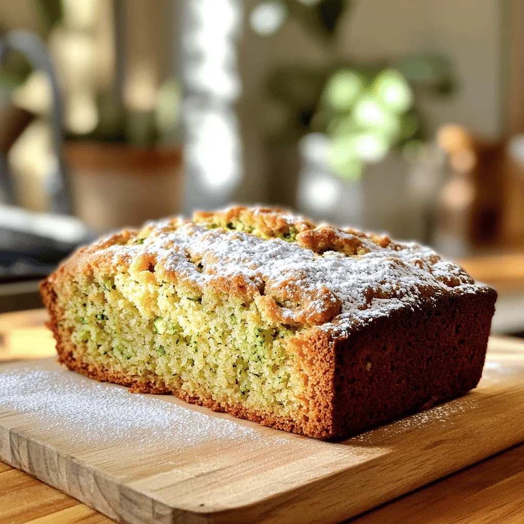 To make a tasty zucchini bread, you need a few key ingredients. Here is the list: - 2 cups grated zucchini (about 2 medium zucchinis) - 1 ½ cups all-purpose flour - 1 teaspoon baking soda - ½ teaspoon baking powder - 1 teaspoon cinnamon - ½ teaspoon nutmeg - ½ teaspoon salt - ½ cup vegetable oil - 1 cup granulated sugar - 2 large eggs - 1 teaspoon vanilla extract These ingredients blend perfectly to create a moist and flavorful bread. You can make your zucchini bread even better with some fun add-ins. Here are a couple of options: - ½ cup chopped walnuts or pecans - ½ cup raisins or chocolate chips These add-ins give your bread extra texture and flavor. If you need to swap some ingredients, that’s totally fine! Here are some ideas: - Use whole wheat flour instead of all-purpose flour for a healthier twist. - Replace granulated sugar with honey or maple syrup for a natural sweetener. - For a dairy-free option, substitute vegetable oil with coconut oil. Feel free to mix and match to suit your taste! For the full recipe, check out the details above. First, let’s prepare the zucchini. I like to wash it well before grating. Grate about two medium zucchinis until you have two cups. A box grater or a food processor works great for this task. After grating, place the zucchini in a clean kitchen towel. Squeeze out any extra moisture. This step helps keep your bread from getting too soggy. Next, in a medium bowl, combine the grated zucchini with the vegetable oil, sugar, eggs, and vanilla extract. Mix this well until everything is blended. Set the bowl aside. This mixture will bring moisture and sweetness to your bread. Now, let’s move on to the dry ingredients. In a large bowl, whisk together the all-purpose flour, baking soda, baking powder, cinnamon, nutmeg, and salt. These ingredients are key for a fluffy and tasty bread. Make sure to combine them well. This helps the baking soda and baking powder spread evenly. Once combined, slowly add the wet zucchini mixture into the dry ingredients. Stir gently until just mixed. Be careful not to overmix! A few lumps are okay. This helps keep your bread soft and tender. If you want, now is a great time to fold in any optional add-ins like walnuts, pecans, raisins, or chocolate chips for extra flavor and texture. Before you bake, preheat your oven to 350°F (175°C). Grease a 9x5-inch loaf pan or use parchment paper for easy removal. Pour the batter into the prepared pan, and smooth the top with a spatula. Bake the zucchini bread in your preheated oven for 50 to 60 minutes. To check if it’s done, insert a toothpick into the center. If it comes out clean, your bread is ready! Once baked, remove the pan from the oven and let it cool for about 10 minutes before transferring it to a wire rack. Cooling it properly helps improve texture. Enjoy the delicious smell as it cools! Zucchini is full of water. This makes your bread moist. To get the right moisture, grate your zucchini and then drain it. Use a clean cloth to squeeze out excess water. This helps avoid a soggy loaf. Too much moisture can lead to a heavy texture. Aim for about 1 to 1.5 cups of grated zucchini. This amount keeps the bread light yet moist. Sometimes, your zucchini bread may not turn out as planned. Here are some common issues and their fixes: - Bread is too dense: This can happen if you overmix the batter. Mix until just combined to keep the bread fluffy. - Bread is too dry: Make sure to measure the flour correctly. Too much flour can dry out the bread. Use the scoop and level method for accuracy. - Bread doesn’t rise: Check if your baking soda and powder are fresh. Expired leavening agents can lead to flat bread. Spices can take your zucchini bread to the next level. Adding cinnamon gives warmth, while nutmeg adds depth. Here are some options to try: - Cinnamon and nutmeg: These spices pair well with the zucchini’s taste. - Chopped nuts: Walnuts or pecans add crunch. They also enhance the flavor. - Dried fruit: Raisins or dried cranberries add sweetness. You can also use chocolate chips for a fun twist. Experimenting with these tips will help you create the best zucchini bread ever. For the full recipe, check out the earlier section! {{image_2}} You can easily make zucchini bread healthier. Use whole wheat flour instead of all-purpose flour. This adds fiber and nutrients. You can also swap out sugar for applesauce or honey. This change cuts calories and adds natural sweetness. You may use Greek yogurt instead of oil. It keeps the bread moist and fluffy while reducing fat. Zucchini bread can be both sweet and savory. For sweet bread, add cinnamon, nutmeg, or even chocolate chips. You can also toss in some dried fruit like cranberries or raisins. If you prefer savory, skip the sugar. Add herbs like rosemary or thyme. Cheese, like feta or cheddar, also works well. This gives the bread a rich flavor. Seasonal ingredients can enhance your zucchini bread. In fall, try adding pumpkin puree and spices like allspice. For summer, fresh herbs like basil can brighten the taste. You can also mix in nuts, like walnuts or pecans, for crunch. If you want a fruity twist, add crushed pineapple or blueberries. Each season brings new flavors to explore. Each variation makes the bread unique and exciting. You can find the full recipe for homemade zucchini bread in the earlier section. Enjoy making your own tasty variations! To keep your zucchini bread fresh, wrap it tightly in plastic wrap. This protects it from drying out. You can also place it in an airtight container. Store it at room temperature for up to three days. If you want to keep it longer, refrigerate it for up to a week. Just remember, cold storage may slightly change the texture. Freezing zucchini bread is a great way to enjoy it later. First, let the bread cool completely. Then, wrap it well in plastic wrap. For added protection, place it in a freezer bag or container. Label it with the date. Your zucchini bread can last in the freezer for about three months. When you’re ready to eat, just thaw it overnight in the fridge. To reheat zucchini bread, preheat your oven to 350°F (175°C). Place the bread on a baking sheet. Heat it for about 10-15 minutes, until warm. You can also use a microwave. Heat it for 15-20 seconds at a time. Be careful not to overheat, as it can dry out. Serve your zucchini bread warm, with cream cheese or a dusting of powdered sugar for added delight. Homemade zucchini bread lasts about 1 week at room temperature. Store it in an airtight container. For longer storage, you can keep it in the fridge for about 2 weeks. If you freeze it, it can last up to 3 months. Just make sure it is wrapped well to prevent freezer burn. Yes, you can use frozen zucchini! Just thaw it first and drain any excess water. This helps keep your bread from becoming too wet. Frozen zucchini works great and saves time if you have some on hand. To check if your zucchini bread is done, insert a toothpick into the center. If it comes out clean or with just a few crumbs, it’s ready. If the toothpick has wet batter, bake it for a few more minutes and check again. Absolutely! You can use mini loaf pans to make smaller loaves. Adjust the baking time to about 25-35 minutes. Keep an eye on them, as they can bake faster than a regular loaf. Homemade zucchini bread can be healthy! It has zucchini, which adds moisture and nutrients. You can also use whole wheat flour and reduce sugar for a lighter option. Adding nuts or seeds boosts the health benefits too. For the full recipe, check out the section on ingredients and step-by-step instructions. Enjoy making this tasty treat! Making zucchini bread at home is fun and easy. You learned about key ingredients and how to mix them well. Detailed steps help ensure your bread bakes perfectly. I shared tips to make it moist and flavorful. You can even try fun variations and healthy swaps. Finally, I covered how to store and enjoy your bread long after baking. Baking zucchini bread lets you be creative in the kitchen and enjoy tasty treats. Now, grab your ingredients and start your baking adventure!