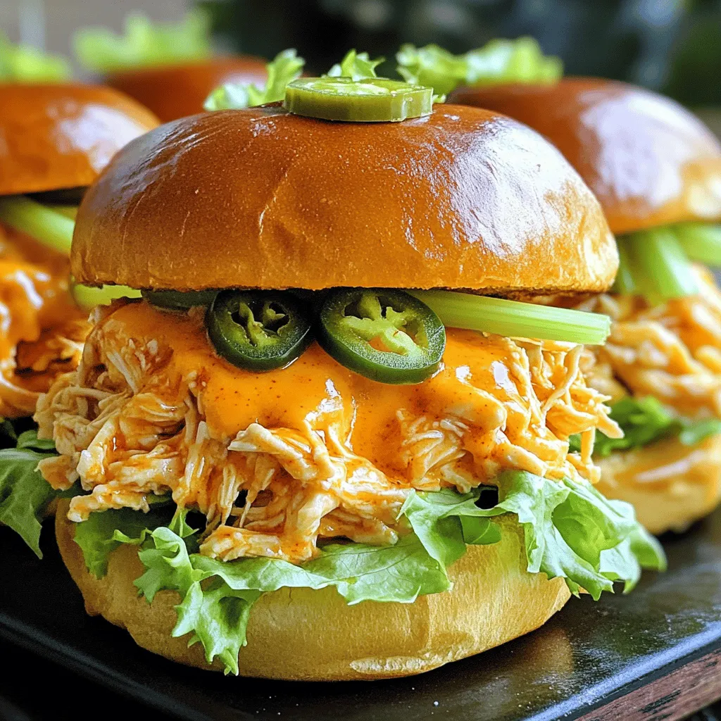 To make buffalo chicken sliders, you will need these key ingredients: - 2 cups cooked, shredded chicken - 1/2 cup buffalo sauce - 1/4 cup ranch dressing - 1/2 cup shredded cheddar cheese - 1/2 cup diced celery - 12 slider buns - 1 tablespoon olive oil - Lettuce leaves for garnish - Optional: sliced jalapeños for extra heat These ingredients come together to create a tasty treat. The shredded chicken gives a nice base. The buffalo sauce adds a kick, while ranch dressing brings creaminess. Cheddar cheese melts perfectly, and diced celery adds a crunch. If you want a lighter version, consider these swaps: - Use grilled chicken instead of fried. This reduces the fat. - Swap ranch dressing for Greek yogurt. This adds protein and cuts calories. - Choose whole wheat slider buns for more fiber. These changes keep the flavor but make the dish healthier. To enhance your buffalo chicken sliders, try these seasonings and add-ins: - Garlic powder adds depth to the taste. - Onion powder gives a sweet flavor. - A pinch of paprika can add smokiness. - For more heat, mix in some cayenne pepper. Feel free to mix and match these seasonings. They will give your sliders a unique twist. For a fresh touch, add chopped green onions or cilantro. For the full recipe, check out the detailed instructions. To start, gather your ingredients. You will need 2 cups of cooked, shredded chicken, 1/2 cup of buffalo sauce, 1/4 cup of ranch dressing, and 1/2 cup of shredded cheddar cheese. Don’t forget 1/2 cup of diced celery for crunch! In a large mixing bowl, add the shredded chicken first. Then, pour in the buffalo sauce. Mix well until the chicken is fully coated. Next, add the ranch dressing and shredded cheddar cheese. Stir until everything is well combined. Finally, toss in the diced celery for a fresh bite. Now it’s time to build your sliders! Preheat your oven to 350°F (175°C). While it warms up, slice the slider buns in half, placing the bottom halves in a greased baking dish, cut side up. Spoon a generous amount of the buffalo chicken mixture onto each bun. Make sure to pile it high! Place the top halves of the slider buns on the chicken. To get a nice golden color, brush the tops lightly with olive oil. Bake your sliders in the preheated oven for about 15-20 minutes. Watch them closely! You want the buns to be toasted and the chicken heated through. When they are done, take them out and let them cool for a couple of minutes. This step helps keep the sliders from falling apart when you serve them. Serve warm, garnished with fresh lettuce leaves and optional sliced jalapeños for a spicy kick. For the complete recipe, refer to the Full Recipe above. To keep your sliders moist, use enough buffalo sauce. The sauce adds flavor and moisture. Mix in ranch dressing too; it enhances the creaminess. When cooking, avoid overbaking the sliders. Stay alert while they bake, and take them out when they are golden brown. You can also add a touch of olive oil to the chicken mix. This small step helps keep everything juicy. If you have leftover chicken, reheating it right is key. You can use an oven or stovetop. For the oven, preheat it to 350°F (175°C). Place the chicken in an oven-safe dish. Cover it with foil to lock in moisture. Heat for about 15-20 minutes. On the stovetop, add a splash of broth or water to a pan. Heat it on low, stirring gently until warm. Both methods will keep the chicken tasty. Buffalo chicken sliders are a hit at parties. Serve them on a large platter for a fun look. You can add sides like veggie sticks or chips. For a tasty twist, offer different sauces like blue cheese or more buffalo sauce. If you want extra heat, serve sliced jalapeños on the side. Guests love customizing their sliders! For more ideas, check out the Full Recipe for Buffalo Chicken Sliders. {{image_2}} If you want more heat, add jalapeños. Simply slice fresh jalapeños and mix them into the chicken. You can also place slices on top of the sliders before baking. This adds a punch to the creamy ranch and tangy buffalo sauce. You can adjust the amount based on your heat preference. More jalapeños means spicier sliders. It’s a fun way to change things up! You can make a veggie version, too. Instead of chicken, use shredded jackfruit or cauliflower. Cook them in the buffalo sauce just like you would with chicken. Both options soak up the flavor well. Top with the same ranch dressing and cheese. You’ll still get that tasty buffalo flavor without meat. It’s perfect for your vegetarian friends! If you need gluten-free buns, look for gluten-free slider options at the store. Many brands offer soft and tasty buns. You can also use lettuce wraps instead of bread. Just scoop the chicken mix into leaves of romaine or iceberg. This keeps the flavors while being gluten-free. You won’t miss the bread with this fresh twist! For more details, check the Full Recipe for Buffalo Chicken Sliders. To keep your leftover sliders fresh, place them in an airtight container. Make sure to separate the sliders with parchment paper to prevent sticking. Store them in the fridge, where they will last for about three days. If you have extra buffalo chicken mixture, you can store that too, in a separate container. When you're ready to enjoy the sliders again, preheat your oven to 350°F (175°C). Place the sliders on a baking sheet. Cover them with foil to keep them moist. Heat for about 10 to 15 minutes. This method helps keep the buns soft and the chicken warm. If you want a crispy top, remove the foil for the last few minutes. If you want to save sliders for later, freezing is a great option. Wrap each slider tightly in plastic wrap. Then, place them in a freezer bag. They can last up to three months in the freezer. When you're ready to eat, let them thaw in the fridge overnight before reheating. This keeps them tasty and ready for your next meal. You can find the full recipe in the article above. Yes, you can make Buffalo Chicken Sliders in advance. Prepare the chicken mix and assemble the sliders. Cover them and store in the fridge until you are ready to bake. This saves time and adds flavor. The sliders will taste great even after chilling. Shredded rotisserie chicken works best for these sliders. It is tender and full of flavor. You can also use grilled or boiled chicken. Just shred it well before mixing with the buffalo sauce. This gives you a juicy and tasty base for the sliders. Look for local restaurants or food trucks that specialize in wings or comfort food. Many places serve their own twist on Buffalo Chicken Sliders. You can also explore online reviews to find highly-rated spots near you. Don't forget to try different styles! Absolutely! You can use barbecue sauce for a sweeter flavor. Asian sauces like teriyaki can also work well. Just remember to adjust the other ingredients to match the sauce's taste. This opens up new flavor profiles for your sliders. Serve these sliders with crunchy coleslaw or crispy fries. Vegetable sticks with ranch dressing are a great choice too. You can add a fresh salad to balance the flavors. These sides will enhance your meal and make it more enjoyable. Add more buffalo sauce or include sliced jalapeños in the chicken mix. You can also serve the sliders with hot sauce on the side. This lets each person adjust the spice level to their liking. It’s perfect for those who love a fiery kick! Wrap the sliders in foil after baking to keep them warm. You can also place them in a slow cooker on low heat. This will help maintain their temperature while serving. It's an easy way to keep them warm for guests. Yes, you can use regular burger buns or even mini bagels. Just adjust the amount of chicken mix for larger buns. This gives you more options and can be fun for different gatherings. Enjoy creating your own unique version! For the complete guide, check out the Full Recipe. It includes all the details you need to make these delicious Buffalo Chicken Sliders at home. You’ll find the perfect balance of flavors and easy steps to follow! Buffalo chicken sliders are easy and fun to make. We covered main ingredients, health substitutes, and key seasonings. I detailed how to prepare the chicken mix and assemble the sliders. You learned tips for keeping your sliders moist and how to use leftovers. We also discussed tasty variations and storage options. As you try these recipes, remember: sliders should be simple and enjoyable. Your gatherings will be a hit with buffalo chicken sliders on the menu!