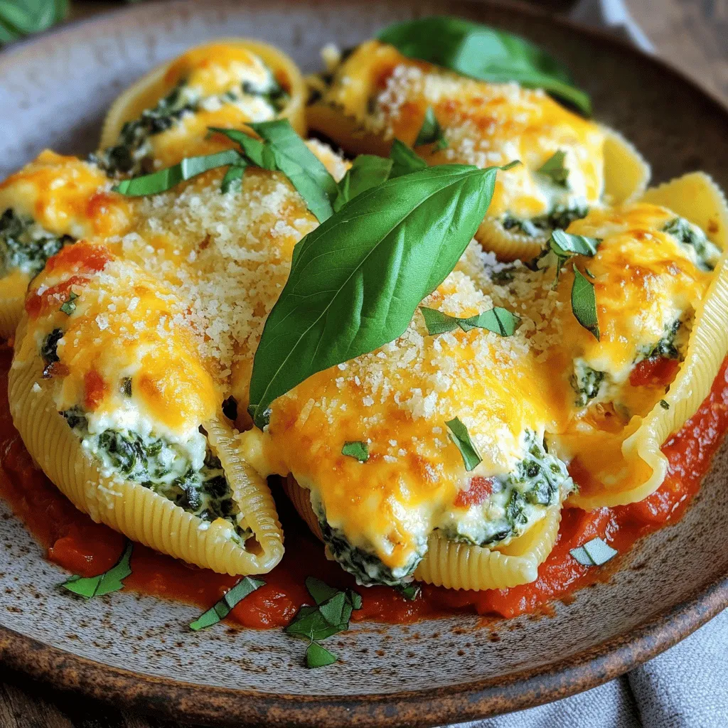 Making spinach ricotta stuffed shells is easy and fun. This dish brings comfort and joy. You can make it for a cozy dinner or a gathering. It is perfect for any occasion. The blend of cheese and spinach is a delight. You can find the full recipe below. Here’s what you’ll need: - 20 jumbo pasta shells - 1 cup ricotta cheese - 1 cup fresh spinach, chopped - 1 cup mozzarella cheese, shredded (plus extra for topping) - 1/2 cup grated Parmesan cheese - 1 egg, beaten - 2 cloves garlic, minced - 1 teaspoon Italian seasoning - 1/2 teaspoon salt - 1/4 teaspoon black pepper - 2 cups marinara sauce To make your dish even better, consider these items: - Fresh basil for garnish - Crushed red pepper for spice - A splash of lemon juice for brightness - Additional herbs like parsley or oregano These staples will add depth to your stuffed shells. Feel free to mix and match based on your taste! First, gather your ingredients for Spinach Ricotta Stuffed Shells. You will need jumbo pasta shells, ricotta cheese, fresh spinach, mozzarella cheese, and Parmesan cheese. Also, include an egg, garlic, Italian seasoning, salt, and black pepper. Cooking starts by preheating your oven to 375°F (190°C). Next, boil salted water in a large pot. Cook the jumbo pasta shells as per the package instructions. Aim for al dente texture; this keeps them firm. Once cooked, drain the shells and set them aside on a clean surface. Now, prepare the ricotta filling. In a mixing bowl, combine the ricotta cheese, chopped spinach, shredded mozzarella, grated Parmesan, beaten egg, minced garlic, Italian seasoning, salt, and pepper. Mix everything until well combined. This creamy filling will give your shells a rich taste. With your filling ready, it’s time to stuff the shells. Start by spreading a thin layer of marinara sauce on the bottom of a 9x13 inch baking dish. Take each cooked shell and carefully fill it with the spinach-ricotta mixture. Place the stuffed shells in the baking dish with the open side facing up. After filling all the shells, pour the remaining marinara sauce over them. Make sure to cover each shell completely. Top it off with extra shredded mozzarella cheese for that gooey finish. Cover the dish with foil and bake it for 25 minutes. The cover helps heat the filling through. After 25 minutes, remove the foil. Bake for an additional 10 to 15 minutes. You want the cheese to be bubbly and golden brown. For perfect cheese melting, use a mix of cheeses. In this recipe, I recommend mozzarella for its stretchiness and Parmesan for its sharpness. Also, let the dish sit for a few minutes after baking. This helps the cheese settle and makes serving easier. For a bit more flavor, consider adding fresh herbs on top before baking. Fresh basil or oregano can enhance the taste. Serve your stuffed shells garnished with basil leaves and a sprinkle of Parmesan for a beautiful presentation. Enjoy your delightful comfort food experience! To keep your stuffed shells from sticking, use a large pot with salted water. Cook the shells until they are al dente. Stir them gently while cooking. Once done, drain them and rinse with cold water. This will stop the cooking. Then, lay them flat on a clean kitchen towel to dry. Flavor is key in this dish. Use fresh spinach for a bright taste. Add garlic for depth. Italian seasoning brings warmth and balance. Parmesan cheese adds a nutty flavor. For an extra layer, sprinkle some red pepper flakes if you like heat. Taste your filling before stuffing the shells. Adjust seasoning if needed. One mistake is overcooking the pasta shells. They should be firm to the bite. Another error is not using enough sauce. The sauce keeps the shells moist during baking. Avoid overstuffing the shells too. If you pack them too tightly, they may burst. Lastly, don’t skip letting them cool before serving. This makes them easier to handle. For the complete details, check out the Full Recipe. {{image_2}} You can boost your stuffed shells with protein. Chicken and sausage are great options. Cook the chicken or sausage first to enhance flavor. Chop the cooked meat and mix it into the ricotta blend. This adds taste and nutrition. You can also try ground turkey or beef for a hearty twist. If you want a vegetarian version, mushrooms and zucchini work well. Sauté chopped mushrooms in a pan until soft. Mix them into the ricotta filling. Zucchini can be shredded and added for texture. Both add flavor and keep the dish light. Try using roasted bell peppers for a sweet touch. Switching up sauces and cheeses can change the whole dish. Instead of marinara, try a pesto or Alfredo sauce. Both add a unique taste. For cheeses, use a blend of goat cheese and feta for a tangy twist. Mixing different cheeses can enhance creaminess and flavor. Experiment to find your perfect combo. For a full recipe, check the detailed instructions above. After enjoying your delicious spinach ricotta stuffed shells, you may have some left. Store any leftovers in an airtight container. Make sure to cover the shells with marinara sauce. This keeps the shells moist and tasty. You can keep them in the fridge for up to three days. If you want to keep them longer, freezing is a great option. To reheat your stuffed shells, preheat your oven to 350°F (175°C). Place the shells in a baking dish. Pour a little marinara sauce over them to keep them from drying out. Cover the dish with foil to trap heat. Bake for about 20 minutes or until hot. If you like, you can sprinkle more cheese on top before baking for extra flavor. If you want to freeze your stuffed shells, it's best to do this before baking. Arrange the stuffed shells in a single layer in a baking dish. You can cover them with marinara sauce. Wrap the dish tightly with plastic wrap and then foil. This will prevent freezer burn. You can freeze them for up to three months. When you are ready to eat, bake them straight from the freezer. Just add 10-15 minutes to the baking time. Enjoy your delightful comfort food anytime! For the full recipe, check out the earlier section. Yes, you can make Spinach Ricotta Stuffed Shells ahead of time. Prepare the dish up to the baking step. Cover it and keep it in the fridge for up to two days. When you are ready, bake it straight from the fridge. Just add a few extra minutes to the cooking time. Spinach Ricotta Stuffed Shells pair well with many sides. A fresh green salad adds a crisp touch. Garlic bread brings warmth and is great for soaking up sauce. Roasted vegetables make a healthy choice. Consider serving it with a light tomato salad for a refreshing contrast. Yes, there are gluten-free options for this recipe. You can use gluten-free jumbo pasta shells instead of regular ones. Look for brands that offer gluten-free pasta made from rice or corn. You can still enjoy the same creamy spinach and ricotta filling, making it a delicious meal for everyone. You now have a complete guide to making stuffed shells. We went over the key ingredients, detailed the cooking process, and shared helpful tricks. Don't forget to try different flavors and variations to keep things exciting. Proper storage will help your meals last longer, so use the tips provided. With this knowledge, you can create delicious stuffed shells that impress anyone at your table. Keep experimenting and enjoy your cooking journey!