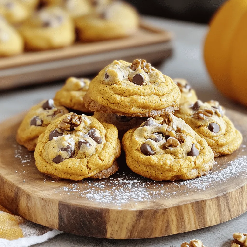 - 1 cup canned pumpkin puree (not pumpkin pie filling) - 1 cup brown sugar, packed - ½ cup granulated sugar - ½ cup unsalted butter, softened - 1 large egg The main ingredients give these cookies their rich taste and chewy texture. The canned pumpkin puree is key. It adds moisture and a subtle pumpkin flavor. Both brown and granulated sugars help create a perfect sweetness balance. The unsalted butter, when softened, blends well. The large egg acts as a binder, holding everything together. - 2 cups all-purpose flour - 1 teaspoon baking soda - 1 teaspoon baking powder - 2 teaspoons pumpkin pie spice - ½ teaspoon salt Now let's look at the dry ingredients. All-purpose flour forms the base of the cookies. Baking soda and baking powder work together to help the cookies rise. Pumpkin pie spice is a must. It brings warm, cozy flavors that scream fall. The salt enhances all the other flavors, making them pop. - 1 cup semi-sweet chocolate chips - ½ cup chopped walnuts or pecans Optional add-ins can elevate your cookies. Semi-sweet chocolate chips add a sweet touch. They melt slightly, creating gooey pockets of chocolate. Chopped walnuts or pecans bring a nice crunch and nutty flavor. You can mix and match these add-ins to suit your taste. Want a simple cookie? Skip the add-ins. Want a gourmet twist? Go wild with both! For the full recipe, check out the details above. 1. Preheat your oven to 350°F (175°C). This step is key for even baking. 2. Line a baking sheet with parchment paper. It helps cookies not stick. 3. In a large mixing bowl, cream together the softened butter and both sugars. Mix until it looks light and fluffy. 4. Add the pumpkin puree, egg, and vanilla extract. Stir until everything blends well. 1. In a separate bowl, whisk the all-purpose flour, baking soda, baking powder, pumpkin pie spice, and salt together. This helps mix the dry ingredients evenly. 2. Gradually add the dry mixture to the wet ingredients. Stir gently until just combined. Be careful not to overmix. 1. Use a tablespoon or cookie scoop to drop dollops of dough onto the baking sheet. Leave space between the cookies, as they will spread. 2. Bake in the preheated oven for 12-15 minutes. Look for lightly golden edges with soft centers. 3. After baking, let cookies cool on the sheet for 5 minutes. Then, move them to a wire rack to cool completely. For the full recipe, check the details above. Enjoy these chewy pumpkin spice cookies with a warm drink! To get the best chewy pumpkin spice cookies, you must not overmix the dough. Overmixing adds too much air, which leads to a lighter, less chewy cookie. Mix just until the ingredients blend together. Baking time is key for texture. Bake for 12 to 15 minutes. The edges should be golden brown, but the centers should stay soft. If you want a chewier bite, lean toward less time. Store baked cookies in an airtight container. This keeps them fresh and moist. Place a slice of bread in the container. This helps maintain the right texture. You can also freeze cookie dough for later use. Scoop the dough onto a baking sheet and freeze until solid. Then, put the dough balls in a zip-top bag. You can bake them straight from the freezer. Just add a minute or two to the baking time. For serving, use a rustic wooden platter. This adds charm to your treats. Dust the cookies lightly with powdered sugar for an elegant look. Pair your cookies with warm apple cider or hot chocolate. The sweet flavors blend well. You can also top the cookies with a dollop of whipped cream for a special touch. Enjoy your chewy pumpkin spice cookies with friends and family! For the full recipe, refer to the "Chewy Pumpkin Spice Cookies" section. {{image_2}} You can enhance the flavor of these cookies with different spices. Adding a pinch of ginger or nutmeg gives a warm kick. You can also try cinnamon for an extra layer of comfort. Swapping extracts like almond or maple for vanilla can change the cookie's taste. Each choice adds a unique twist to the classic pumpkin spice flavor. For those who need gluten-free options, use almond flour or coconut flour. These flours keep the cookies chewy but change the taste slightly. If you're looking for vegan substitutes, replace the egg with flaxseed meal mixed with water. You can also swap unsalted butter for coconut oil or vegan butter. This way, everyone can enjoy these tasty treats! You can make these cookies festive for holidays. Try adding cranberries or white chocolate chips for a Christmas vibe. For Halloween, sprinkle in some candy corn for a fun surprise. You can also adapt the recipe for special occasions by adding sprinkles or a glaze. These simple changes make your cookies fit any celebration! For the full recipe, check out the details above. To keep your chewy pumpkin spice cookies fresh, store them in an airtight container. This helps keep moisture in, which is key for that soft texture. If you have a cookie jar, that's a perfect choice too! Avoid stacking the cookies too high; they can squish and lose their shape. These cookies stay fresh for about a week at room temperature. Just ensure they are in a cool, dry place. If you want to save some for later, freezing is a great option! To freeze, place them in a freezer-safe bag or container. They can last up to three months. When you're ready to enjoy them, just take them out and let them thaw at room temperature. To bring back the chewiness of your cookies, warm them in the microwave for about 10-15 seconds. You can also use an oven set to 350°F (175°C). Place them on a baking sheet for about 5 minutes. This method helps keep them soft and delicious. Serve them warm with a cup of tea or coffee for a comforting treat! You can find the full recipe for these chewy delights above. Chewy cookies have a soft center and a slight bite. Crunchy cookies are crisp all the way through. The main difference lies in the ingredients and how you bake them. - Moisture: Chewy cookies often use more brown sugar, which adds moisture. Crunchy cookies use more granulated sugar. - Fat: Butter is key! More butter helps cookies spread, which makes them chewy. Less fat can lead to crunchier cookies. - Baking time: Shorter baking times keep the centers soft. Longer baking times dry them out. To get chewy pumpkin spice cookies, follow the instructions closely in the Full Recipe. Yes, you can use fresh pumpkin. However, there are pros and cons to consider. - Fresh pumpkin: You can control the flavor better. Fresh pumpkin can be sweeter and richer. It does require more work to prepare. - Canned pumpkin: It is easier and quicker to use. Canned pumpkin offers a consistent taste and texture. It is often more convenient for busy cooks. Canned pumpkin is a great choice for these chewy cookies, as it provides a smooth puree for the batter. To know if your cookies are done, look for these signs: - Edges: The edges should be lightly golden brown. - Center: The center should look a bit soft. It will firm up as the cookies cool. - Smell: You’ll notice a lovely pumpkin spice aroma filling your kitchen. Keep an eye on the cookies while they bake. Aim for around 12 to 15 minutes, as stated in the Full Recipe. Enjoy the warm scent while they bake! You’ve learned the key ingredients and steps to make delicious pumpkin cookies. By mixing wet and dry ingredients carefully, you can achieve that perfect chewy texture. Remember to store cookies properly to keep them fresh, and don't hesitate to explore variations for different flavors or dietary needs. These simple tips will enhance your baking experience and help you enjoy the treats longer. Now, it’s time to bake and create your own delightful moments with pumpkin cookies!