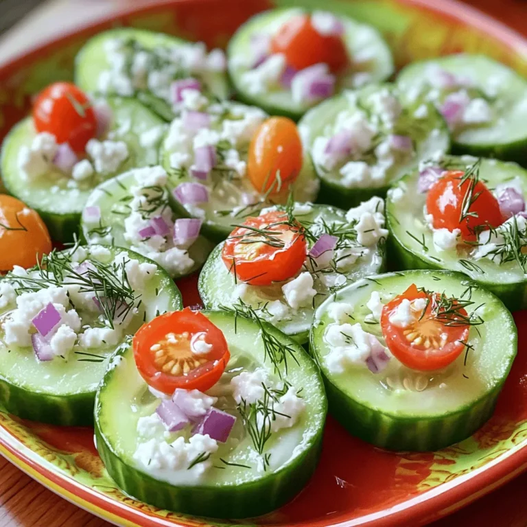 - 2 large cucumbers - 1 cup ranch dressing - 1/2 cup cherry tomatoes, halved - 1/4 cup finely chopped red onion - 1/4 cup crumbled feta cheese - 1 tablespoon fresh dill, chopped - Salt and pepper to taste When making Minute Ranch Cucumber Bites, you need fresh, crunchy cucumbers. I love using large ones because they hold the toppings well. The ranch dressing adds a creamy richness that pairs perfectly with the cool cucumbers. Cherry tomatoes bring a burst of sweetness. Their bright color also makes the bites look festive and fun. Finely chopped red onion adds a sharp taste that balances the other flavors. I like to use feta cheese for its salty, tangy kick. Fresh dill gives the dish a bright note and enhances the ranch. Don’t forget to season with salt and pepper to bring all these flavors together. The beauty of this recipe is in its simplicity. You can find all these ingredients at your local store. They are easy to prepare and make for a delightful snack. If you're short on time, you can even buy pre-chopped veggies. For the full recipe, you can refer to the detailed instructions I provided earlier. - Mixing bowl - Spoon or piping bag - Serving platter - Knife and cutting board Having the right tools makes cooking easier. A mixing bowl helps you blend the ranch and dill quickly. A spoon or piping bag is great for adding the dressing to each cucumber slice without making a mess. A serving platter looks nice and makes it easy to serve to guests. Lastly, a knife and cutting board are essential for slicing the cucumbers and tomatoes. This simple setup ensures you can whip up these bites in no time. Enjoy making these fresh snacks! - Rinse and dry the cucumbers. Use cold water to wash away dirt. - Slice cucumbers into thick rounds. Aim for about 1 inch thick. You want 16-20 slices. - Mix ranch dressing with chopped dill. Stir well to blend the flavors. This dressing brings a fresh taste. - Dollop dressing on cucumber slices. Use a spoon or piping bag for ease. - Top with cherry tomatoes, red onion, and feta. Each bite should be colorful and tasty. Enjoy making these easy snacks! For the full recipe, check out the other sections. To get the best cucumber bites, slice each cucumber about 1 inch thick. This size holds the toppings well. Thinner slices can break easily, making a mess. Aim for uniform slices; this helps with even topping distribution. Minute Ranch Cucumber Bites go well with many dishes. Serve them alongside grilled chicken or fish for a fresh contrast. They also pair nicely with crackers or veggie platters. For drinks, try them with iced tea or lemonade. The coolness of the cucumbers complements these flavors perfectly. If you want a twist, try different dressings instead of ranch. Greek yogurt mixed with herbs works great. You can also explore toppings. Instead of feta, try goat cheese or olives. Add a slice of jalapeño for heat or sprinkle on some toasted nuts for crunch. The choices are endless! {{image_2}} You can switch up the flavor by using different dressings. Try a blue cheese dressing for a bold taste. A yogurt-based dressing can offer a lighter option. You can also use Italian dressing for a zesty twist. Want to make the bites vegan? Use a plant-based ranch dressing. Swap the feta cheese for crumbled tofu or avocado. If you need gluten-free options, just make sure the dressing is gluten-free. This way, everyone can enjoy the snack. Add some extra toppings for a fun twist! Try sliced olives or diced bell peppers for color. You can mix in some cooked bacon bits for a savory crunch. Fresh herbs like parsley or basil can also brighten up each bite. Get creative—there are many ways to enhance these cucumber bites! To keep your cucumber bites fresh, store them in an airtight container. This helps prevent them from drying out. You can layer them with parchment paper to avoid squishing. It’s best to eat them within two days for peak flavor and crunch. Refrigerate the cucumber bites for about 30 minutes before serving. This allows the flavors to blend well. If you can’t serve them right away, you can chill them for a bit longer. Just be sure to cover them well to maintain freshness. If you have leftover cucumbers or ranch dressing, don’t throw them away! You can use extra cucumbers in salads or as snacks. The dressing works great as a dip for veggies or chips. You can even mix it into pasta for a creamy twist. Minute Ranch Cucumber Bites can stay fresh for about two days in the fridge. Make sure to keep them in an airtight container. This helps prevent them from getting soggy. For the best taste, eat them within the first day. Yes, you can prepare these bites ahead of time. Just make the cucumber slices and the dill ranch dressing. Keep them separate until you're ready to serve. This keeps the cucumbers crisp and tasty. If you want to change things up, you can use yogurt, hummus, or tzatziki. These options still give you a creamy texture. You can even mix herbs into plain yogurt for a fun twist. To add some heat, try mixing in a bit of hot sauce or cayenne pepper into the ranch dressing. You can also use spicy salsa instead of ranch for a unique flavor. A sprinkle of chopped jalapeños on top can give it an extra kick too. You can find the full recipe for Minute Ranch Cucumber Bites [here](#). It includes all the steps and tips to make this quick and tasty snack. In this blog post, we explored making fresh Minute Ranch Cucumber Bites. We started with the essential ingredients and tools needed. Then, I shared clear steps for preparation and assembly. Along the way, I included helpful tips for perfect slices, serving suggestions, and customization ideas. You can also adjust for dietary needs and learn how to store leftovers. Try these bites for your next gathering. They are easy, tasty, and fun to customize! Enjoy creating your own delicious versions.