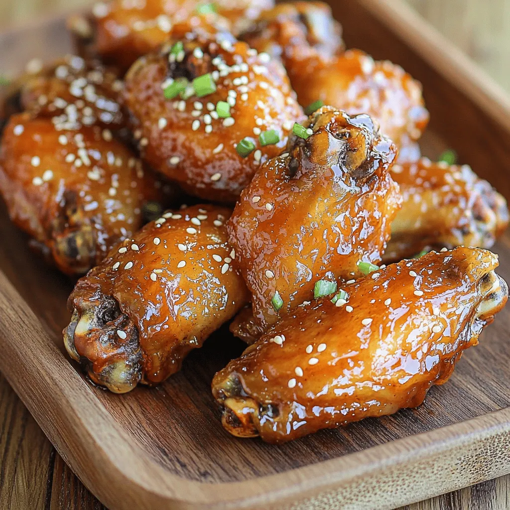 - 2 pounds chicken wings - 1/4 cup honey - 1/4 cup soy sauce - 2 tablespoons sriracha sauce - 1 tablespoon apple cider vinegar - 1 tablespoon garlic powder - 1 teaspoon ginger powder - 1 teaspoon ground black pepper - 1/2 teaspoon chili flakes (adjust to taste) - 2 tablespoons sesame oil - 2 green onions, chopped - Sesame seeds To make sweet spicy chicken wings, start with the right ingredients. You need fresh chicken wings for the best flavor. Use honey for sweetness. Soy sauce adds depth. Sriracha gives the wings their kick. Apple cider vinegar balances everything out. For seasoning, garlic powder brings richness. Ginger powder adds warmth. Ground black pepper gives a nice bite. Chili flakes let you control the heat level. Finally, sesame oil adds a nutty aroma that ties it all together. Garnishes like chopped green onions and sesame seeds not only add color but also enhance the taste. You can find the full recipe with step-by-step guidance to bring these flavors together. Enjoy the process and let your taste buds dance! - Preheat the oven to 400°F (200°C). - Line a baking sheet with aluminum foil or parchment paper for easy cleanup. Start by preparing your kitchen for a fun cooking session. Preheating the oven is key. It helps the wings cook evenly and get crispy. Lining your baking sheet makes cleanup a breeze. No one likes a messy kitchen after a delicious meal! - Whisk together marinade ingredients until well combined. - Coat the wings in the marinade and refrigerate. Now, let’s make the marinade. In a bowl, combine honey, soy sauce, sriracha, apple cider vinegar, garlic powder, ginger powder, black pepper, and chili flakes. Whisk it all together until smooth. This marinade packs a sweet and spicy punch. Pour it over the chicken wings in a large bowl or a zip-top bag. Make sure every wing gets coated. Seal it, then refrigerate for at least an hour. If you have time, let them marinate overnight for even more flavor. - Arrange wings on the baking sheet and bake for 40-45 minutes. - Flip wings halfway through for even cooking. After marinating, it's time to bake! Place the wings in a single layer on the baking sheet. Bake them for 40-45 minutes. Halfway through, flip the wings to ensure they cook evenly. This step helps them get that perfect golden brown color and crispy texture. - Heat remaining marinade to create a glaze. - Brush glaze on wings and bake for an additional 5-10 minutes. While the wings bake, prepare the glaze. Take the remaining marinade that you set aside before marinating the wings. Heat it in a small saucepan over medium heat. Bring it to a simmer and let it cook for about 5-7 minutes until it thickens a bit. This glaze adds a sticky, flavorful finish. Once the wings are done baking, brush them with the glaze. Pop them back in the oven for another 5-10 minutes. This final touch gives the wings a shiny, caramelized finish that you won’t be able to resist. For the full recipe, refer to the instructions above. Enjoy making these sweet spicy chicken wings! To get the right mix of sweet and spicy, adjust the sriracha and honey. If you want more heat, add extra sriracha. For more sweetness, increase the honey. You can also try adding a splash of apple cider vinegar to enhance the flavors during marination. This little trick helps bring out the best in both the sweet and spicy notes. Getting crispy skin is all about technique. Start by baking the wings at a high temperature of 400°F (200°C). Arrange the wings in a single layer on your baking sheet. Flip them halfway through cooking. This step ensures that both sides crisp up nicely. If you want extra crunch, broil them for the last few minutes. Sweet spicy chicken wings pair well with a variety of sides. Try serving them with celery sticks and carrot sticks for a fresh crunch. A cooling ranch or blue cheese dressing makes a great dip. For presentation, serve the wings on a large platter. Drizzle any leftover glaze on top and garnish with chopped green onions and sesame seeds. This makes your dish look even more inviting! {{image_2}} You can change the flavor of your sweet spicy chicken wings by adding different sauces or spices. For example, chipotle sauce gives a smoky taste. You might also try garlic aioli for a creamy touch. Each sauce adds its own twist to the dish. Using different types of vinegar can also change the flavor. Apple cider vinegar is great, but you could use rice vinegar for a milder taste. Each choice brings new depth to the wings. Experimenting is part of the fun! You can cook sweet spicy chicken wings in various ways. Grilling gives them that nice char and smoky flavor. Baking is easier and keeps them juicy. Both methods work well, but you should choose based on your time and tools. Air frying is another option. It cooks wings quickly and makes them crispy with less oil. If you want a healthier option, this is a great choice. The wings still taste amazing! When serving your wings, think about pairing them with different dipping sauces. Ranch and blue cheese are classic choices, but you could try a spicy mustard or a yogurt-based dip too. These add extra flavor and keep things exciting. Consider sides that complement your wings as well. Fresh veggies or a light salad work great. You could also serve them with fries or coleslaw for a hearty meal. Enjoy exploring different combinations to find your perfect match! To keep your sweet spicy chicken wings fresh, store them in an airtight container. This helps lock in their flavor and moisture. You can also wrap them tightly in aluminum foil. Make sure to refrigerate them within two hours of cooking. Ideally, consume the wings within three days for the best taste. For reheating, the oven works best. Preheat it to 350°F (175°C). Place the wings on a baking sheet and cover with foil. Heat for around 15-20 minutes. This method keeps them crispy and juicy. Avoid using the microwave, as it can make them rubbery. Always check that they reach an internal temperature of 165°F (74°C) to ensure they are safe to eat. You can freeze the wings for longer storage. First, let them cool completely. Then, place them in a freezer-safe bag. Squeeze out as much air as possible. They will last for up to three months in the freezer. To defrost, move them to the fridge overnight. Reheat them in the oven as mentioned above. This keeps them tasty and tender. For the full recipe, check out the Sweet Spicy Chicken Wings section. Yes, you can make sweet spicy chicken wings ahead of time. To prep in advance, marinate the wings the night before. This lets the flavors soak in deeply. Store the marinated wings in the fridge. When you’re ready to cook, just bake them as per the recipe. You save time and still enjoy great taste. If you need a honey substitute, try maple syrup or agave nectar. Both add sweetness but change the flavor a bit. You can also use brown sugar dissolved in water for a similar effect. Each option gives a unique twist to the wings. To change the heat level, modify the amount of sriracha or chili flakes. For milder wings, use less sriracha and omit chili flakes. If you like it hot, add more sriracha and chili flakes. Always taste as you go to find the right balance for your palate. Yes, this recipe works well for meal prep. The wings stay tasty even after a few days in the fridge. Cook a big batch and store them in meal prep containers. You can enjoy them for lunch or dinner throughout the week. Just reheat and savor the sweet and spicy goodness. For the full recipe, check out the details above! This post covered all you need for sweet spicy chicken wings. You learned about the key ingredients, easy steps for marinating and baking, and tips for perfecting flavor and texture. I shared ways to store leftovers and reheat them without losing taste. In the end, this recipe is simple, fun, and can impress anyone. You can adjust flavors and try new methods. Get cooking and enjoy delicious wings!