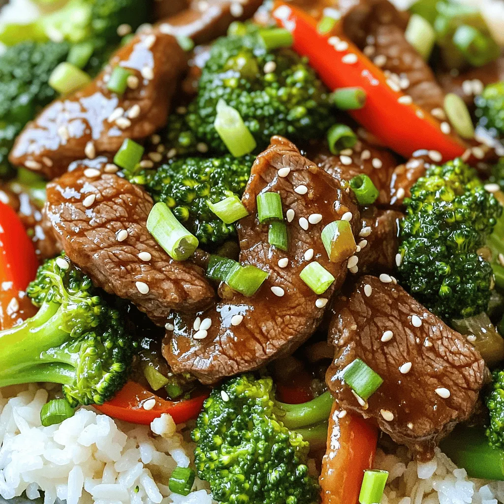 - 500g beef sirloin, thinly sliced - 2 cups broccoli florets - 1 red bell pepper, sliced - 4 cloves garlic, minced - 1 tablespoon ginger, grated - 3 tablespoons soy sauce - 2 tablespoons oyster sauce - 1 tablespoon sesame oil - 1 tablespoon cornstarch - Salt and pepper to taste - 1 tablespoon vegetable oil - Cooked rice or noodles, for serving - Optional: sesame seeds and chopped green onions for garnish When I make this Chinese Beef and Broccoli Stir Fry, I focus on fresh, quality ingredients. Start with beef sirloin. It’s tender and cuts easily. Slice it thinly for quick cooking. Broccoli florets bring a good crunch and bright color. Slicing a red bell pepper adds sweetness and makes the dish look great. For the sauces, soy sauce and oyster sauce work wonders. They add depth and umami. I like using sesame oil for its nutty flavor. Cornstarch helps thicken the sauce and gives the beef a nice texture. Don’t forget to season with salt and pepper to taste. Finally, you need vegetable oil for cooking. It has a high smoke point, perfect for stir-frying. Serve this dish over cooked rice or noodles for a complete meal. You can also sprinkle sesame seeds and green onions on top for extra flair. If you want to see the Full Recipe, check the instructions section above for all the details. Start by slicing 500g of beef sirloin thinly. In a bowl, combine the beef with 3 tablespoons of soy sauce, 1 tablespoon of cornstarch, and a pinch of salt and pepper. This helps the beef stay tender and flavorful. Let it marinate for at least 15 minutes. In a small bowl, mix together 2 tablespoons of oyster sauce, 1 tablespoon of sesame oil, and 1 tablespoon of water. This sauce adds a rich flavor to your dish. Heat 1 tablespoon of vegetable oil in a large frying pan or wok over medium-high heat. Add 2 cups of broccoli florets. Stir-fry for about 2-3 minutes until the broccoli is bright green and tender-crisp. Remove it from the pan and set it aside. In the same pan, add a bit more oil if needed. Add the marinated beef, discarding any extra marinade. Stir-fry for about 3-4 minutes until the beef is browned and cooked through. Next, add 4 minced garlic cloves, 1 tablespoon of grated ginger, and 1 sliced red bell pepper to the pan. Stir-fry for another 2 minutes until the kitchen fills with a delicious aroma. Return the cooked broccoli to the pan. Pour in the sauce you prepared earlier. Mix everything well to coat the beef and broccoli evenly. Cook this mixture for an extra minute, letting the flavors meld together. Remove the pan from heat. Serve your beef and broccoli over cooked rice or noodles. Garnish with sesame seeds and chopped green onions if you like. Enjoy your homemade Chinese Beef and Broccoli Stir Fry! For the Full Recipe, refer to the section above. - Use high heat for proper stir-frying. This helps to sear the beef and keep it juicy. - Avoid overcrowding the pan. This ensures that the beef cooks evenly and gets a nice sear. - If you want a lighter option, substitute chicken or tofu for beef. Both options work great. - For a gluten-free meal, use soy sauce alternatives like tamari or coconut aminos. - Let the beef marinate longer. This adds depth of flavor and makes the meat tender. - If you like spice, add red pepper flakes. This gives a nice kick to the dish. {{image_2}} If you want to make this dish vegetarian, it's easy! You can swap out the beef for seitan or tofu. Seitan has a nice chewy texture, while tofu soaks up flavors well. Instead of oyster sauce, use mushroom stir-fry sauce. This will keep the dish savory and delicious. Feel free to add more veggies for color and crunch! You can toss in snap peas or thinly sliced carrots. These veggies add sweetness and a lovely crunch. You might also try adding mushrooms or bok choy. These mix in well and bring extra flavor. Want a twist? Serve your beef and broccoli with rice noodles or soba noodles. These options give a different taste and texture. You can also use egg noodles for a heartier meal. Each choice makes the dish unique and fun to eat! Store your leftovers in an airtight container. This keeps them fresh and tasty. Consume them within 3-4 days for the best flavor. If you wait too long, the taste may not be as good. You can freeze portions of your stir fry for up to 2 months. This is great for meal prep. When you're ready to eat, thaw the dish in the fridge overnight. Make sure to reheat it thoroughly before serving. To reheat, use a skillet for the best texture. This method helps keep the beef tender. Add a splash of water to the skillet to keep the dish moist. This prevents it from drying out while you warm it up. Total time is approximately 30 minutes, including prep. Yes, frozen broccoli can be used; adjust cooking time accordingly. Serve with steamed rice, fried rice, or noodles for a complete meal. Yes, it's great for meal prep; just store in individual containers. Beef sirloin or flank steak is recommended for tenderness and flavor. See the section detailing the steps above for the complete instructions. This blog post covered a delicious beef and broccoli stir-fry. You learned about key ingredients, cooking steps, and useful tips. Marinating the beef and using high heat are essential for great flavor. You can also swap ingredients for a vegetarian version or adjust spices to your taste. Remember to store leftovers properly for the best experience. Now it’s time to try this tasty dish yourself! Enjoy cooking and share it with friends!