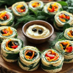 - 4 large tortillas (spinach or whole wheat) - 1 cup cream cheese, softened - 1/2 cup hummus (your favorite flavor) - 1 cup shredded carrots - 1 cup baby spinach leaves - 1 cup roasted red peppers, sliced - 1/2 cup sliced black olives - 1 tablespoon fresh dill or parsley, finely chopped - Optional: 1 cup sliced turkey or chicken (for added protein) Creating an Easy Party Pinwheel Platter is simple. First, gather your essential ingredients. You need large tortillas; spinach or whole wheat work great. The cream cheese adds a rich base. Mix it with your favorite hummus for extra flavor. Next, look at your fresh fillings. Shredded carrots add crunch. Baby spinach gives a nice color and texture. Roasted red peppers bring a sweet taste. You can also add optional ingredients. Sliced black olives add a salty kick. Fresh herbs like dill or parsley boost flavor. For protein, consider adding turkey or chicken. These ingredients come together to make a fun and tasty platter. Check out the Full Recipe for step-by-step details! First, grab a medium bowl. Add the softened cream cheese and hummus. Mix them well until smooth. This blend gives the pinwheels a creamy base. Next, chop fresh dill or parsley. Stir this into the cream cheese mixture. Don’t forget to season with salt and pepper. Adjust the taste to your liking. Now, lay a tortilla flat on your counter. Use about 1/4 of the cream cheese mixture and spread it evenly. Leave about an inch at the edges. Next, layer on some shredded carrots, a handful of baby spinach, and a few slices of roasted red peppers. If you want, add sliced black olives and turkey or chicken for protein. This mix adds great flavor and color. Start from one side of the tortilla. Carefully roll it tightly into a log shape. Once you finish rolling, press gently to keep the filling in place. Repeat this step with the other tortillas. Take a sharp knife and slice each log into 1-inch thick pinwheel pieces. Arrange the pinwheels on a platter to show off their colorful layers. Serve them right away or cover and chill until your guests arrive. This Easy Party Pinwheel Platter is sure to impress! For the full recipe, check out the details above. - Arrange pinwheels by color for a festive look. - Garnish with fresh herbs or edible flowers for a pop of color. When presenting your pinwheel platter, think about colors. A rainbow of veggies makes the dish fun. Use red peppers, green spinach, and bright orange carrots. This variety will catch everyone’s eye. Place the bright pinwheels on a nice platter. You can add small bowls of dips, like hummus or tzatziki, in the middle. It creates a beautiful centerpiece for your party. - Pair with dips such as extra hummus or tzatziki. - Serve alongside other party snacks like chips or salad. Pinwheels taste great alone, but dips make them even better. Hummus or tzatziki adds flavor and creaminess. You can also serve them with crunchy snacks like chips. A fresh salad on the side can balance out the meal. This way, guests can mix and match their snacks. - Prepare the cream cheese mixture ahead of time. - Use pre-sliced veggies for faster assembly. Want to save time? Make the cream cheese mix a day ahead. This lets the flavors blend nicely. If you buy pre-sliced veggies, it speeds up the process even more. You can assemble your pinwheels quickly, leaving you more time to enjoy your party. {{image_2}} You can make your pinwheels fit different diets. For a gluten-free option, use gluten-free tortillas. These tortillas taste great and hold the fillings well. You can also swap out cream cheese for vegan alternatives. Look for plant-based cream cheese or cashew cheese. Both options keep the flavors rich without dairy. Experiment with different flavors of hummus. You might enjoy garlic, roasted red pepper, or spicy varieties. Each flavor adds a unique twist. You can also add roasted vegetables, like zucchini or eggplant, for extra taste. Don't be afraid to get creative with your favorite toppings. Sun-dried tomatoes and arugula work well, too. If you like heartier snacks, include deli meats. Sliced turkey or ham adds protein and flavor. For a Mediterranean twist, try feta cheese and olives. These ingredients enhance the taste and make your pinwheels more filling. You can mix and match to find your favorite combinations. With all these options, your pinwheel platter will appeal to everyone. Check out the Full Recipe for a complete guide on making easy party pinwheels! To keep your leftover pinwheels fresh, wrap them tightly in plastic wrap. You can also use an airtight container. This helps prevent them from drying out. Always store pinwheels in the fridge if you are not serving them right away. Best practices for freshness: - Use fresh ingredients for the best taste. - Keep pinwheels away from strong-smelling foods to avoid flavor transfer. Pinwheels can stay fresh in the fridge for up to three days. Make sure to check for any signs of spoilage before eating. Reheating instructions if needed: - You can enjoy them cold or at room temperature. - If you prefer warm pinwheels, gently heat them in a microwave for about 10 seconds per piece. Yes, you can freeze pinwheels! They freeze well for up to a month. Just make sure to wrap them tightly to prevent freezer burn. How to thaw and serve after freezing: - To thaw, place them in the fridge overnight. - Serve them cold, or enjoy them warmed up after thawing. To help pinwheels stick, use cream cheese as a base. The cream cheese acts like glue. Spread a generous layer on the tortilla. Make sure to cover the edges. This keeps the filling secure. You can also mix in hummus for flavor and creaminess. A thicker layer of cream cheese helps hold everything together. Yes, you can make pinwheels ahead of time. Prepare them a few hours before your event. Wrap them tightly in plastic wrap to keep them fresh. Store them in the fridge until you’re ready to serve. This saves time on the day of your party. Get creative with your fillings! Here are some tasty options: - Sliced turkey or chicken for protein - Creamy avocado for healthy fats - Roasted vegetables for extra flavor - Different cheeses like feta or cheddar - Fresh herbs like basil or cilantro for a pop of taste Pinwheels can last about 2 to 3 days in the fridge. Make sure they are wrapped well. This keeps them fresh and tasty. Check for any signs of spoilage before eating. Pinwheels can be a healthy snack. They often use fresh veggies and whole grains. You can control the ingredients, making them nutritious. Add lean proteins and healthy fats for balance. Keep an eye on the portion sizes to enjoy them guilt-free. For a full recipe, check out the Easy Party Pinwheel Platter! Pinwheels are fun and easy to make. We covered essential ingredients like tortillas, cream cheese, and hummus. Fresh fillings like carrots and spinach add color and taste. Optional add-ins boost flavor and nutrition. You learned step-by-step instructions to mix, assemble, and slice your pinwheels. Presentation tips help make them look festive. With various dietary options, everyone can enjoy these snacks. Proper storage keeps them fresh for longer. Overall, pinwheels are a tasty, versatile choice for any occasion and a smart way to enjoy flavors.