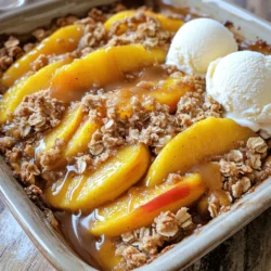 For this peach crisp, use 4 cups of fresh peaches. That is about 6 to 8 peaches. Choose ripe, juicy peaches for the best flavor. Sweet, fresh peaches make the dish shine. We need sweeteners to balance the tartness of the peaches. Use 1/2 cup of granulated sugar. This will help the fruit caramelize. You will also need 1/2 cup of packed brown sugar. It adds a rich flavor and depth. Spices bring warmth to the crisp. Use 1 teaspoon of ground cinnamon for a cozy taste. Add 1/2 teaspoon of nutmeg to enhance the flavor profile. These spices make the dish feel like a hug. For the topping, gather 1 cup of rolled oats and 3/4 cup of all-purpose flour. The oats will provide a nice crunch. You will also need 1/4 teaspoon of salt to balance the sweetness. Lastly, use 1/2 cup of unsalted butter, softened and cut into cubes. This will create a wonderful crumbly texture. For the full recipe, visit the recipe section. Enjoy making your delicious peach crisp! Start by washing the peaches. Use fresh, ripe peaches for the best flavor. Slice the peaches into thin wedges. You should have about four cups of sliced peaches. In a large bowl, mix the peaches with one tablespoon of lemon juice. This keeps the peaches bright and tasty. Add a quarter cup of granulated sugar, half a teaspoon of cinnamon, and nutmeg. Toss everything gently. Set this peach mixture aside to let the flavors blend. In another bowl, combine rolled oats, flour, the remaining quarter cup of granulated sugar, brown sugar, and salt. Mix these dry ingredients well. Next, add half a cup of softened butter, cut into cubes. Use a fork or your fingers to blend the butter into the dry mix. Keep mixing until the mixture looks like coarse crumbs. This will be your crispy topping. Grab a greased 9x13-inch baking dish. Pour the peach mixture into the dish, spreading it evenly across the bottom. Make sure the peaches are in a single layer. Now, sprinkle the crumble topping over the peaches. Ensure you cover all the peaches with the topping. This creates a nice crunchy layer. Preheat your oven to 350°F (175°C). Place the baking dish in the oven. Bake for 35-40 minutes. Look for a golden brown topping and bubbly peaches. Once done, take it out and let it cool for about 10 minutes. This helps the crisp set up a bit. You can find the full recipe for more details on timing and serving. To make a great peach crisp, start with ripe peaches. Look for peaches that feel firm yet slightly soft. Their color should be vibrant, often yellow or orange. Avoid peaches with green spots. I recommend using a mix of clingstone and freestone peaches for texture. Clingstone peaches hold their shape well, while freestone peaches are easy to slice. Wash and slice your peaches just before using them for the best flavor. To get that crunchy topping, use cold butter. Cut it into small cubes and mix it with the dry ingredients. This helps create clumps for a nice crisp. Don’t overmix; leave some lumps. The mixture should look like coarse crumbs. Bake until the topping is golden brown. This usually takes about 35 to 40 minutes. You want the peaches to bubble and be soft, too. Serve your peach crisp warm for the best experience. A scoop of vanilla ice cream is a classic choice. The cold ice cream melts into the warm crisp. You can also add whipped cream for extra creaminess. For a fun twist, drizzle some caramel sauce on top. It adds a lovely sweetness that everyone will enjoy. If you want to try something different, serve it with yogurt for a tangy contrast. The Full Recipe will help you create this delightful dish with ease. {{image_2}} You can enjoy peach crisp without gluten. Use gluten-free oats and flour. This swap keeps the taste and texture great. Just make sure your baking powder is also gluten-free. Mixing in other fruits can make this dish exciting. You can add berries like blueberries or raspberries. Pears or apples also work well. These fruits add new flavors to your peach crisp. To make this peach crisp vegan, swap butter for coconut oil. Use a plant-based butter for a similar taste. Replace the granulated sugar with coconut sugar or maple syrup. These changes keep it tasty while being plant-friendly. For the full recipe, check out the details above. If you have any peach crisp left, store it in the fridge. Place it in an airtight container. It will stay fresh for about three days. You can cover it tightly with plastic wrap too. Cold peach crisp tastes great, but you can warm it up if you want. You can freeze peach crisp for later. First, let it cool completely. Then, wrap it tightly in plastic wrap. After that, put it in a freezer-safe container or bag. It can last for up to three months. When you are ready to eat it, just thaw it in the fridge overnight. To reheat peach crisp, preheat your oven to 350°F (175°C). Place the crisp in a baking dish. Cover it with foil to keep it moist. Heat for about 15-20 minutes. You can also microwave it. Heat it in short bursts, checking to avoid overcooking. Warm peach crisp tastes amazing, especially with ice cream on top. Yes, you can use canned or frozen peaches. However, fresh peaches have the best flavor and texture. If you choose canned peaches, drain them well to avoid excess liquid. For frozen peaches, let them thaw and drain some juice. This helps keep your crisp from becoming soggy. Your peach crisp is done when the topping is golden brown. The peaches should bubble around the edges. A good baking time is about 35-40 minutes at 350°F. Keep an eye on it to avoid burning the topping. When it's done, let it cool for about 10 minutes before serving. If you need a substitute for brown sugar, use white sugar with a little molasses. For every cup of brown sugar, mix 1 cup of white sugar with 1 tablespoon of molasses. You can also use coconut sugar or honey as alternatives. Each will change the flavor a bit, but it can still taste great. You can store peach crisp in the fridge for up to 5 days. Just cover it tightly with plastic wrap or aluminum foil. If you want to keep it longer, freeze it for up to 3 months. Just let it cool completely before you freeze it. Reheat in the oven for a tasty treat. For the full recipe, check out the details above. You can make a delicious peach crisp with fresh peaches, sweeteners, spices, and toppings. I shared step-by-step instructions to guide you through each part. I also included tips to help you pick great peaches and get that crisp just right. If you want to try new flavors, I offered some fun variations too. Lastly, make sure to store your leftovers properly. Enjoy your yummy peach crisp, and remember, baking can be simple and fun!