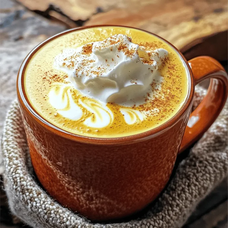To make the perfect pumpkin spice latte, you'll need some key ingredients. Here is what you need: - 2 cups brewed strong coffee or espresso - 1 cup milk (dairy or non-dairy) - 2 tablespoons pumpkin puree - 2 tablespoons maple syrup (or sugar) - 1 teaspoon pumpkin pie spice (plus more for garnish) - 1/2 teaspoon vanilla extract - Whipped cream (for topping, optional) These ingredients come together to create a drink that warms you up on chilly days. Using high-quality ingredients can really enhance the flavor of your latte. Here are some tips for choosing the best: - Coffee or Espresso: Go for freshly roasted beans. A dark roast gives a rich taste. - Milk: If you like creaminess, choose whole milk. For a lighter option, try almond or oat milk. - Pumpkin Puree: Use 100% pure pumpkin, not pumpkin pie filling. This gives more natural flavor. - Maple Syrup: Opt for pure maple syrup instead of imitation. It adds a lovely touch of sweetness. - Spices: Fresh spices are always better. They bring out the best flavors in your drink. Want to take your latte up a notch? Consider these add-ins: - Nutmeg: A pinch can add warmth. - Cinnamon: Use ground cinnamon for a spicy kick. - Cocoa Powder: A spoonful can create a chocolate twist. - Vanilla Bean: Fresh vanilla bean adds a unique flavor. - Caramel Drizzle: For a sweet touch, drizzle some caramel on top. Feel free to mix and match these add-ins to suit your taste. Enjoy crafting your perfect pumpkin spice latte! For the full recipe, check out the instructions provided earlier. To make your pumpkin spice latte, start with the milk. In a small saucepan, combine: - 1 cup milk (dairy or non-dairy) - 2 tablespoons pumpkin puree - 2 tablespoons maple syrup (or sugar) - 1 teaspoon pumpkin pie spice - 1/2 teaspoon vanilla extract Whisk this mixture over medium heat. Keep stirring until it warms up. Do not let it boil. Once warm, take it off the heat. Use a milk frother or a whisk to froth the milk. You want it creamy and light. Now, brew your strong coffee or espresso. Pour 2 cups into a large coffee mug. Slowly add the warm pumpkin spiced milk on top of the coffee. Stir gently to mix them well. If you like, add whipped cream on top. Finish with a sprinkle of pumpkin pie spice for a nice touch. Enjoy your cozy fall treat right away! Frothing milk can be tricky, but I have some tips! First, use cold milk for the best froth. Warm it slowly to keep it smooth. If you're using a frother, move it up and down in the milk. This motion helps create more bubbles. If you don’t have a frother, you can shake the milk in a jar. Just make sure the lid is tight! Shake it until it’s frothy, then heat gently. For a great pumpkin spice latte, strong coffee or espresso is key. Use dark roast coffee for a rich flavor. If using a coffee maker, use double the amount of coffee grounds you usually use. For espresso, follow your machine’s instructions for a double shot. This gives your latte the perfect base to mix with the spiced milk. Always brew fresh for the best taste. Enjoy! You can find the full recipe [here](#). When making a pumpkin spice latte, avoid using canned pumpkin pie filling. This mix has added sugars and spices. Always use plain pumpkin puree for the best taste. Don't boil the milk mixture; it should be hot but not bubbling. This keeps the milk creamy and smooth. Make sure to whisk well to mix all the flavors. If you skip this step, you may get clumps in your drink. You can add your own twist to the classic latte. Try using almond or oat milk if you want a dairy-free option. Add a dash of nutmeg for extra warmth. If you like it sweeter, add more maple syrup or honey. You can also mix in a shot of espresso for a stronger flavor. For a fun twist, top it with crushed graham crackers or a drizzle of caramel. Serve your pumpkin spice latte in a warm mug. This keeps the drink hot longer. If you're serving guests, make a big batch. That way, everyone can enjoy it together. Always add whipped cream on top for a special touch. A sprinkle of pumpkin pie spice makes it look pretty, too. Use a fun straw for a playful look. Enjoy your cozy fall drink with a slice of pie or a warm cookie for a perfect treat. For the complete recipe, check out the Full Recipe. {{image_2}} You can make a tasty pumpkin spice latte without dairy. Use almond milk, oat milk, or coconut milk instead. These options bring a unique flavor while keeping it creamy. When using non-dairy milk, heat it gently to avoid curdling. This way, your latte stays smooth and delicious. If you prefer cold drinks, try an iced pumpkin spice latte. Start with strong brewed coffee or espresso. Cool it down before adding ice. Then, mix in your pumpkin spice milk as per the full recipe. Top with whipped cream if you like. It’s a refreshing twist for warm days. Want to cut back on sugar? You can use stevia, agave syrup, or honey. These sweeteners add flavor without the extra calories. Adjust the amount based on your taste. Start with a little, then add more if needed. This keeps your latte tasty and guilt-free. When it comes to pumpkin spice lattes, homemade is often best. Store-bought versions may have extra sugars and preservatives. They can taste different than fresh-made. Making it at home lets you control the ingredients. You know what goes in your drink. Plus, the smell of fresh spices fills your kitchen. That’s hard to beat! If you have leftover latte, store it in the fridge. Use an airtight container to keep it fresh. It’s best to drink it within two days. The flavors stay nice for a bit but can fade. If you used whipped cream, remove it before storing. The cream won’t keep well. To reheat your latte, pour it into a small pot. Heat it over low to medium heat. Stir gently to mix the flavors. Avoid boiling it, as this can change the taste. You can also use a microwave. Heat it in short bursts, stirring in between. This way, you get a nice warm drink again. Enjoy your cozy treat! The Pumpkin Spice Latte began at Starbucks in 2003. This drink brought fall flavors to coffee. It quickly became a favorite for many. People love its warm, cozy taste. The blend of pumpkin, spice, and coffee made it special. Now, many cafes offer their own versions. You can even make it at home using the Full Recipe. Yes, you can use non-dairy milk! Almond, soy, oat, or coconut milk work great. These options give your latte a unique taste. Choose one that you enjoy. Each milk adds a different flavor and texture. Just follow the same steps in the recipe. Your Pumpkin Spice Latte will still be delicious! To make a vegan Pumpkin Spice Latte, use non-dairy milk. Replace dairy milk with almond, oat, or soy milk. Use maple syrup instead of sugar for sweetness. This keeps the drink plant-based and tasty. Follow the Full Recipe, and you’ll have a cozy vegan treat. Enjoy every sip without feeling guilty! You learned how to make a great pumpkin spice latte at home. We talked about the key ingredients, step-by-step prep, and tips for perfect results. You can customize it in many ways, from dairy-free options to sweetener choices. Remember, storage matters, too! Don’t let leftovers go to waste. With these tricks, you can enjoy this warm drink anytime. Making your own latte can be fun and satisfying. Enjoy every sip of your homemade creation!