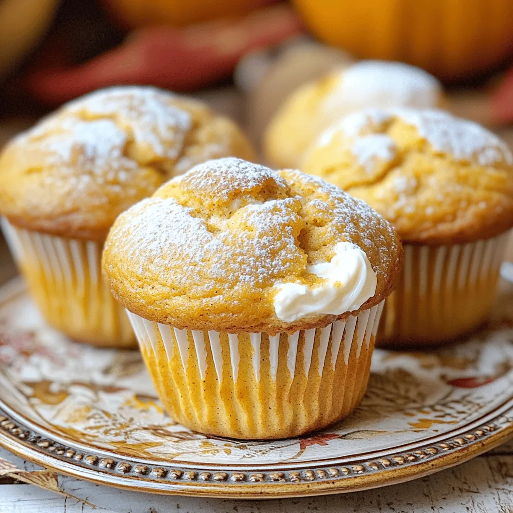 Pumpkin Cream Cheese Muffins 🧁 Ingredients: - 1 cup canned pumpkin puree - 1/2 cup cream cheese, softened - 1/2 cup granulated sugar - 1/2 cup brown sugar, packed - 1/3 cup vegetable oil - 2 large eggs - 1 teaspoon vanilla extract - 1 1/2 cups all-purpose flour - 1 teaspoon baking soda - 1/2 teaspoon baking powder - 1 teaspoon ground cinnamon - 1/2 teaspoon ground nutmeg - 1/4 teaspoon ground ginger - 1/4 teaspoon salt These muffins need a mix of wet and dry items to shine. Here’s what you need: - Canned pumpkin puree gives the muffins their rich flavor and moist texture. - Cream cheese adds creaminess and a slight tang. - Granulated sugar and brown sugar together provide a sweet balance. - Vegetable oil keeps the muffins moist and soft. - Large eggs help bind the ingredients and add structure. - Vanilla extract adds a lovely aroma and taste. - All-purpose flour is the base for the muffins. - Baking soda and baking powder help them rise and become fluffy. - Ground cinnamon, nutmeg, and ginger give the muffins their warm, spiced flavor. - Salt enhances all the flavors and balances the sweetness. This simple list of ingredients creates a delightful muffin. Feel free to explore the Full Recipe to see how these components come together for a perfect treat. Start by gathering all your ingredients. You need: - 1 cup canned pumpkin puree - 1/2 cup cream cheese, softened - 1/2 cup granulated sugar - 1/2 cup brown sugar, packed - 1/3 cup vegetable oil - 2 large eggs - 1 teaspoon vanilla extract - 1 1/2 cups all-purpose flour - 1 teaspoon baking soda - 1/2 teaspoon baking powder - 1 teaspoon ground cinnamon - 1/2 teaspoon ground nutmeg - 1/4 teaspoon ground ginger - 1/4 teaspoon salt Once you have everything, preheat your oven to 350°F (175°C). This step warms the oven for baking. Line a muffin tin with paper liners or spray it with cooking spray to prevent sticking. In a large bowl, mix the pumpkin puree, softened cream cheese, granulated sugar, brown sugar, vegetable oil, eggs, and vanilla extract. Blend these until smooth and creamy. This mix is the heart of your muffins. In a separate bowl, whisk together the flour, baking soda, baking powder, and spices. This dry mix adds flavor and lifts the muffins. Now, gently combine the wet and dry mixes. Stir until just blended. Don’t worry about lumps; they add character. Overmixing can make the muffins tough. Scoop the batter into the prepared muffin tin. Fill each cup about 2/3 full for the best rise. Bake for 18 to 20 minutes. Check with a toothpick; it should come out clean. After baking, let the muffins cool in the pan for about 5 minutes. Then, transfer them to a wire rack. This step helps them cool evenly. For an extra touch, dust with powdered sugar or drizzle cream cheese glaze on top. Enjoy your delicious pumpkin cream cheese muffins! To make the best pumpkin cream cheese muffins, start with fresh ingredients. Canned pumpkin puree is great, but check the date. Use room-temperature cream cheese for easy mixing. This helps create a smooth batter. Mix wet and dry ingredients separately. This keeps your muffins light. When you combine them, stir gently. Overmixing makes muffins dense and tough. Avoid using too much flour. Scooping flour straight from the bag packs it down. Instead, spoon it into your measuring cup and level it off. This ensures the right amount. Watch your baking time closely. Every oven is different. Use a toothpick to check for doneness. If it comes out clean, your muffins are ready. Want to make your muffins even better? Add spices like allspice or cloves for depth. You can also toss in chocolate chips or nuts for crunch. For a moist muffin, try adding a splash of orange juice or apple sauce. This adds flavor and keeps them fluffy. Don't forget to serve them warm. A little butter on top makes them a true delight. For the full recipe, check out the [Full Recipe]. {{image_2}} You can make these muffins even better by adding nuts or chocolate chips. Chopped walnuts or pecans give a nice crunch. They also add healthy fats and protein. If you want something sweet, add chocolate chips. Semi-sweet or dark chocolate chips work great. Just fold them into the batter before you scoop it into the muffin tin. This small change can make your muffins more exciting! Spices can change the whole taste of these muffins. You can try adding allspice or cloves for a warmer flavor. A pinch of cardamom can give it a unique twist. If you like heat, a bit of cayenne pepper can add a fun kick. Mix and match different spices to find your favorite flavor profile. Each time you bake, you can create a new and tasty experience. If you need gluten-free muffins, swap the all-purpose flour for a gluten-free blend. Make sure the blend has xanthan gum for the best texture. For a vegan version, use flax eggs instead of regular eggs. Just mix one tablespoon of ground flaxseed with three tablespoons of water for each egg. You can also use plant-based cream cheese. These options help everyone enjoy the deliciousness of pumpkin cream cheese muffins. You can find the full recipe for more details! To keep your pumpkin cream cheese muffins fresh, store them in an airtight container. This helps maintain their moisture and flavor. Line the bottom of the container with a paper towel. Place the muffins on top and cover with another paper towel. This method absorbs excess moisture and keeps the muffins from getting soggy. They can last at room temperature for up to three days. If you want to save some muffins for later, freezing is a great option. First, let the muffins cool completely. Then, wrap each muffin tightly in plastic wrap. Place the wrapped muffins in a freezer-safe bag or container. Make sure to label them with the date. They can stay fresh in the freezer for up to three months. When you're ready to enjoy them, just thaw them in the fridge overnight. To reheat your muffins, you have a few choices. Use the microwave for a quick fix. Heat them for about 15-20 seconds. This warms them up while keeping their soft texture. For a crispier muffin, use the oven. Preheat it to 350°F (175°C) and warm the muffins for about 5-10 minutes. This method brings back their fresh-baked taste. Enjoy them warm for the best flavor! Yes, you can use fresh pumpkin. First, cook the pumpkin until soft. Then, mash it until smooth. Use the same amount as canned pumpkin. Fresh pumpkin gives a nice taste, but it may change the moisture level. Adjust baking time if needed. To check if the muffins are done, insert a toothpick into the center. If it comes out clean, the muffins are ready. You can also look for a golden-brown top. The muffins should spring back when lightly pressed. These muffins are great warm. You can serve them with butter or cream cheese spread. For a fun twist, add a drizzle of maple syrup. Pair them with coffee or tea for a cozy treat. You can also arrange them on a nice plate for guests. At room temperature, these muffins last about 2 to 3 days. Keep them in an airtight container to stay fresh. If you want them to last longer, consider freezing them. They freeze well for up to 3 months. Just thaw before serving. For the full recipe, check above. You’ve learned how to make delicious pumpkin cream cheese muffins. From gathering simple ingredients to following easy steps, making these treats is fun and rewarding. Remember the tips to avoid common mistakes and explore variations. Whether you want to add nuts or make them gluten-free, there's a recipe for everyone. Store your muffins well to keep them fresh. Enjoy baking, and share these yummy muffins with friends and family!