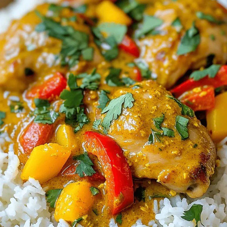 - 2 pounds boneless, skinless chicken thighs, cut into bite-sized pieces - 1 can (14 oz) coconut milk - 2 bell peppers (red and yellow), sliced - 1 onion, chopped - 4 cloves garlic, minced - 1 tablespoon ginger, minced - 1 cup chicken broth The chicken is the star of this dish. I prefer thighs for their rich taste. The coconut milk adds a creamy texture and sweetness. Fresh bell peppers and onion bring color and crunch to the meal. - 2 tablespoons red curry paste - 1 tablespoon fish sauce - 2 tablespoons brown sugar - 1 teaspoon turmeric powder - 1 tablespoon lime juice - Salt and pepper to taste Red curry paste gives this dish its signature flavor. Fish sauce adds depth. Brown sugar balances the spice, while turmeric gives a warm color. Lime juice brightens everything up. - Fresh cilantro, for garnish - Cooked rice or quinoa, for serving Fresh herbs like cilantro give a fresh finish. I love serving the curry over rice or quinoa. Both soak up the sauce well. For the full recipe, check the detailed instructions in the earlier section. Preparing the Base Start by adding chopped onion, minced garlic, and ginger to the bottom of your crockpot. This forms a flavorful base. The onions will add sweetness, while garlic and ginger give warmth. Layering Ingredients Next, layer the chicken pieces on top of the onion mix. Use boneless, skinless chicken thighs for best results. They stay juicy and tender while cooking. Mixing the Sauce In a separate bowl, whisk together the coconut milk, red curry paste, chicken broth, fish sauce, brown sugar, turmeric, lime juice, and a pinch of salt and pepper. This sauce brings all the flavors together and makes the dish rich and creamy. Setting Up the Crockpot Pour the coconut curry sauce over the chicken in your crockpot. Then, add the sliced bell peppers on top. Cover the pot tightly to keep all the steam in. Timing for Low vs. High Cooking Cook on low for 6-8 hours or high for 3-4 hours. Cooking on low gives the best taste as it allows the flavors to meld perfectly. The chicken should be cooked through and very tender when done. Adjusting Seasoning Once cooking time is up, taste the curry. You may want to add more salt, pepper, or lime juice to brighten the flavors. This step is key to making the dish your own. Serving the Dish Serve the coconut curry chicken over cooked rice or quinoa. Garnish with fresh cilantro for a pop of color and flavor. The warm rice soaks up the delicious sauce, making every bite comforting. For the complete recipe, check out [Full Recipe]. For the best slow-cooked meal, follow these tips. First, always layer your ingredients correctly. Start with onions and garlic at the bottom. This gives them time to soften and infuse flavor. Next, cut chicken into bite-sized pieces. This helps it cook evenly. To avoid overcooking, check your crockpot settings. Cooking on low for 6-8 hours is ideal. If you’re short on time, set it on high for 3-4 hours. Always check the chicken’s doneness. It should be tender and easy to shred. You can boost flavor by adding extra ingredients. Try throwing in some carrots or snap peas for color and crunch. Adding a splash of lime juice right before serving brightens up the dish. If you want to substitute ingredients, you have options. Can’t find red curry paste? Green curry paste works well too. Use vegetable broth instead of chicken broth for a lighter taste. You can also swap chicken for shrimp or tofu for a fun twist. Mastering the garnish makes your dish pop. Fresh cilantro adds a nice green touch. You can also add sliced lime for a burst of color. When plating, use a shallow bowl. Serve the curry on a bed of rice or quinoa. This creates a beautiful base. Spoon the coconut curry over the rice, letting it soak in. This makes each bite flavorful and satisfying. Explore the Full Recipe for more details and enjoy creating this comforting meal! {{image_2}} Protein Alternatives You can switch the chicken for other proteins. Try using shrimp or tofu. Both options give great taste. If you want a beefy flavor, use lean beef cuts. Cooking times may change, so check doneness. Vegan Option For a vegan version, skip the chicken and use chickpeas or lentils. These provide protein and fiber. Replace chicken broth with vegetable broth for a rich base. The coconut milk still adds creaminess. Spiciness Levels Everyone has different spice levels. If you like it hot, add more red curry paste. For a milder dish, use less paste or add some coconut milk. You can also add sugar to balance the heat. Herb Variations Fresh herbs can change the dish's taste. Try adding basil or mint for a fresh twist. You can also add curry leaves for a deeper flavor. Experiment to find your favorite herb combo. Instant Pot Version You can use an Instant Pot for faster cooking. Set it to high pressure for about 10 minutes. Release the pressure and enjoy a speedy meal. The flavors will still be rich and tasty. Stovetop Method If you prefer the stovetop, sauté the onion, garlic, and ginger first. Then, add the chicken and cook until browned. Pour in the coconut milk and let it simmer. This method takes about 30 minutes. These variations let you customize your crockpot coconut curry chicken. You can enjoy the dish just the way you like! For the full recipe, check the instructions above. To keep your crockpot coconut curry chicken fresh, store it in airtight containers. This method helps maintain flavor and texture. Place the leftovers in the fridge within two hours of cooking. They will stay good for up to four days. If you want to save it for later, freezing is a great option. - Freezing Tips: Divide the dish into smaller portions before freezing. Use freezer-safe bags or containers. Label each bag with the date. You can freeze it for up to three months. When ready to eat, thaw it overnight in the fridge before reheating. When reheating, I recommend using the stovetop for best results. Gently warm the chicken in a pan over low heat. This method keeps the dish moist and flavorful. Stir occasionally to ensure even heating. - Avoiding Texture Loss: If you use a microwave, heat in short bursts. Stir in between to keep the chicken tender. This way, you can enjoy the same great taste as when it was freshly made. The shelf life of your crockpot coconut curry chicken depends on how you store it. In the fridge, it lasts for about four days. If frozen, it can last up to three months. - Signs of Spoilage: Check for any off smells or changes in texture. If the chicken looks discolored or slimy, it’s best to throw it out. Always trust your senses when it comes to food safety. Can I use chicken breast instead of thighs? Yes, you can use chicken breast. Chicken thighs have more fat, making them juicy. Breasts may cook faster and dry out. Thighs stay tender and flavorful in the slow cooker. How spicy is this coconut curry chicken? The spice level comes from the red curry paste. If you like mild dishes, use less paste. You can always add more later if you want extra heat. Can I prep this recipe in advance? Absolutely! You can chop the veggies and chicken a day before. Store them in the fridge. This saves time on the cooking day. Just layer everything in the crockpot and cook. What if I don't have curry paste? No worries! You can use curry powder as a substitute. Mix it with coconut milk and spices for flavor. Try to add fresh ginger and garlic for a better taste. What goes well with crockpot coconut curry chicken? Serve this dish over rice or quinoa. Both soak up the sauce well. You can also add steamed veggies or a fresh salad. They balance the meal nicely. Can it be served as a meal prep option? Yes, this dish is great for meal prep! It stores well in the fridge. Just divide it into containers for the week. Reheat it for a quick and tasty meal. You can find the Full Recipe for detailed instructions. This blog post covered the key ingredients, step-by-step instructions, and helpful tips for making coconut curry chicken in a crockpot. You learned to choose the main ingredients, like chicken and coconut milk, and enhance flavors with spices and sauces. I shared easy cooking methods and variations for different tastes, plus smart storage tips. Slow cooking brings out rich flavors and tenderness. Experiment with your substitutions and enjoy a warm dish that warms the soul. Now, it’s time to cook, savor, and share this delightful meal!